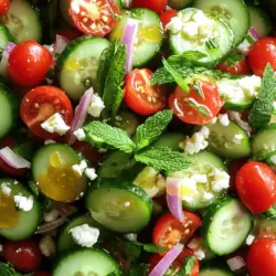 - 2 large cucumbers, diced - 1 cup cherry tomatoes, halved - ½ red onion, thinly sliced - 1 cup fresh mint leaves, roughly chopped - 1 tablespoon honey - 3 tablespoons apple cider vinegar - 2 tablespoons olive oil - Salt and pepper to taste - Feta cheese, crumbled (optional) This cucumber mint salad is light and fresh. The main ingredients make it easy to prepare. Cucumbers provide a crisp texture, while mint adds a cool flavor. Cherry tomatoes bring sweetness, and red onion gives a nice bite. To enhance the flavor, I recommend adding feta cheese. It adds creaminess and a salty kick. You can also mix in some nuts for crunch. Toasted pine nuts or walnuts work great. For a lovely finish, consider serving with extra mint leaves on top. A sprinkle of more feta adds color and taste. This dish is perfect as a side or a light meal on its own. For the full recipe, check out the instructions later in the article! To make this crisp cucumber mint salad, you should follow some easy steps. First, gather all your ingredients. This includes: - 2 large cucumbers, diced - 1 cup cherry tomatoes, halved - ½ red onion, thinly sliced - 1 cup fresh mint leaves, roughly chopped - 1 tablespoon honey - 3 tablespoons apple cider vinegar - 2 tablespoons olive oil - Salt and pepper to taste - Feta cheese, crumbled (optional) Start by taking a large mixing bowl. Combine the diced cucumbers, halved cherry tomatoes, and sliced red onion. The colors will pop, and the fresh smells will excite you. Next, add the chopped mint leaves to the bowl. Save a few leaves for later. They will make a nice garnish. Now, it’s time to make the dressing. In a small bowl, whisk together the honey, apple cider vinegar, olive oil, salt, and pepper. Mix it until it's smooth and well blended. This dressing will add a sweet and tangy kick. Pour the dressing over your cucumber mixture. Toss everything gently but well. You want all the flavors to mix together. Let the salad sit for about 10 minutes. This step helps the flavors meld. It makes a big difference! When you’re ready to serve, scoop the salad into bowls. Garnish with the reserved mint leaves and sprinkle crumbled feta cheese on top if you like. This adds a creamy texture that pairs well with the fresh veggies. Enjoy your crisp cucumber mint salad as a side dish or a light meal! For the complete recipe, check the Full Recipe section. To get the best taste from your cucumbers, slice them thinly. Thin slices soak up the dressing well. You can also use a mandoline for even cuts. This helps each bite burst with flavor. Mint is the star of this salad. To enhance its flavor, always use fresh mint leaves. Chop them roughly. This releases more oils and aroma. If you have time, let the mint sit in the dressing for a few minutes. This blends the flavors beautifully. Chill your salad before serving. I recommend at least 30 minutes in the fridge. The coolness makes the salad refreshing. It also brings all the flavors together. If you're short on time, even 10 minutes will help. For the full recipe, check the details above. Enjoy your Cucumber Mint Salad! {{image_2}} You can easily change up the Cucumber Mint Salad to suit your tastes. Here are some fun ideas. 1. Protein Additions: You can add grilled chicken or chickpeas to make this salad a meal. Both options add taste and fill you up. Try diced grilled chicken for a hearty bite. For a plant-based option, chickpeas are perfect. 2. Dressings and Seasonings: While the honey and apple cider vinegar work well, you can swap them out. Use lemon juice for a zesty kick or yogurt for creaminess. Add herbs like dill or basil for extra flavor. 3. Seasonal Ingredients: Change the salad with the seasons. In summer, add juicy peaches or berries. In fall, toss in roasted squash or apples. This keeps the salad fresh and exciting. Feel free to explore these variations to create your perfect Cucumber Mint Salad. For the full experience, check out the Full Recipe. To keep your cucumber mint salad fresh, store it in a tight container. Glass containers work well, but plastic ones are fine too. Make sure the lid seals well. This keeps air out and helps the salad last longer. You can store leftovers in the fridge for up to three days. After that, the salad may lose its crispness. If you see any signs of spoilage, like bad smells or discoloration, throw it away. Always trust your senses. If you want to keep the salad even fresher, consider storing the dressing separately. Add it just before serving. This way, your cucumbers and mint stay crunchy. Also, remember to mix well before serving. The flavors will meld again nicely. For the full recipe, check out the recipe section above. Can I make this salad ahead of time? Yes, you can make this salad ahead of time. Just mix all the ingredients. However, I suggest adding the dressing right before serving. This keeps the cucumbers crisp and fresh. If the salad sits too long, it may become watery. What are the health benefits of cucumbers and mint? Cucumbers are low in calories and high in water. They help keep you hydrated. They also provide vitamins like K and C. Mint adds flavor and has great digestion benefits. It can help soothe your stomach and freshen your breath. Together, they make a tasty and healthy pair. How can I adjust the recipe for dietary restrictions? You can easily adjust this salad for dietary needs. If you need it vegan, skip the feta cheese. If you're gluten-free, this salad is already safe. You can also use other vinegars if apple cider does not work for you. Feel free to add or replace ingredients to suit your taste. For the full recipe, check out the earlier section. You now have a clear guide to making a delicious salad. We covered ingredients, preparation steps, and tips for perfecting flavor. You learned how to customize the dish and store leftovers. Keep these steps in mind to impress your friends and family. Remember, the key to great flavors is fresh ingredients and a bit of creativity. Enjoy making this salad your own, and don’t hesitate to experiment with variations! Your taste buds will thank you for it.