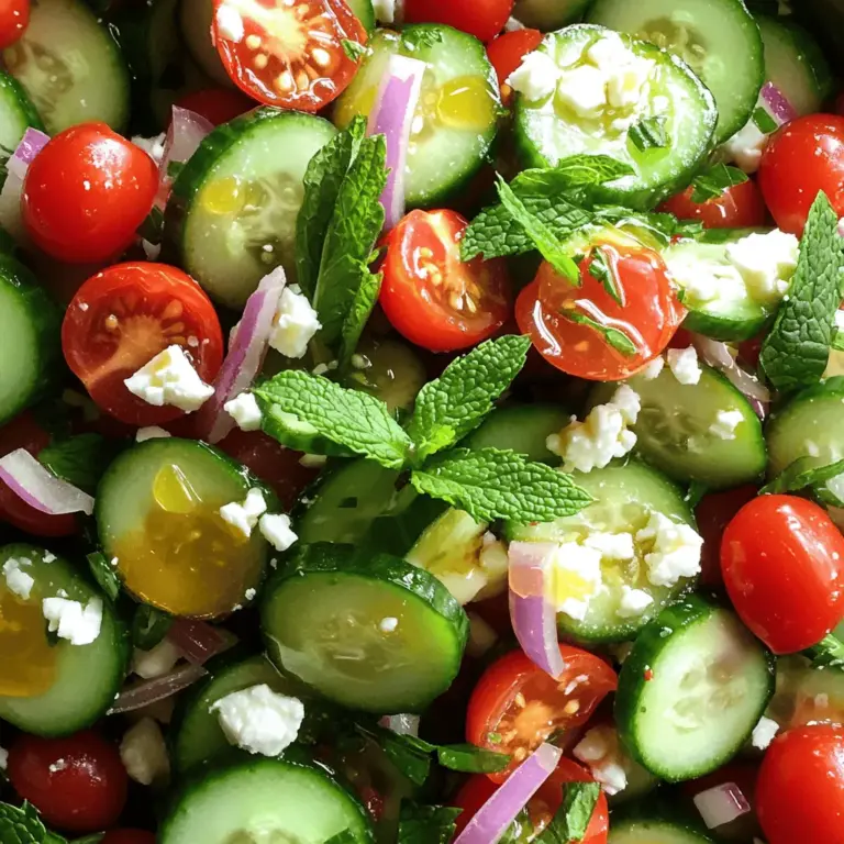 - 2 large cucumbers, diced - 1 cup cherry tomatoes, halved - ½ red onion, thinly sliced - 1 cup fresh mint leaves, roughly chopped - 1 tablespoon honey - 3 tablespoons apple cider vinegar - 2 tablespoons olive oil - Salt and pepper to taste - Feta cheese, crumbled (optional) This cucumber mint salad is light and fresh. The main ingredients make it easy to prepare. Cucumbers provide a crisp texture, while mint adds a cool flavor. Cherry tomatoes bring sweetness, and red onion gives a nice bite. To enhance the flavor, I recommend adding feta cheese. It adds creaminess and a salty kick. You can also mix in some nuts for crunch. Toasted pine nuts or walnuts work great. For a lovely finish, consider serving with extra mint leaves on top. A sprinkle of more feta adds color and taste. This dish is perfect as a side or a light meal on its own. For the full recipe, check out the instructions later in the article! To make this crisp cucumber mint salad, you should follow some easy steps. First, gather all your ingredients. This includes: - 2 large cucumbers, diced - 1 cup cherry tomatoes, halved - ½ red onion, thinly sliced - 1 cup fresh mint leaves, roughly chopped - 1 tablespoon honey - 3 tablespoons apple cider vinegar - 2 tablespoons olive oil - Salt and pepper to taste - Feta cheese, crumbled (optional) Start by taking a large mixing bowl. Combine the diced cucumbers, halved cherry tomatoes, and sliced red onion. The colors will pop, and the fresh smells will excite you. Next, add the chopped mint leaves to the bowl. Save a few leaves for later. They will make a nice garnish. Now, it’s time to make the dressing. In a small bowl, whisk together the honey, apple cider vinegar, olive oil, salt, and pepper. Mix it until it's smooth and well blended. This dressing will add a sweet and tangy kick. Pour the dressing over your cucumber mixture. Toss everything gently but well. You want all the flavors to mix together. Let the salad sit for about 10 minutes. This step helps the flavors meld. It makes a big difference! When you’re ready to serve, scoop the salad into bowls. Garnish with the reserved mint leaves and sprinkle crumbled feta cheese on top if you like. This adds a creamy texture that pairs well with the fresh veggies. Enjoy your crisp cucumber mint salad as a side dish or a light meal! For the complete recipe, check the Full Recipe section. To get the best taste from your cucumbers, slice them thinly. Thin slices soak up the dressing well. You can also use a mandoline for even cuts. This helps each bite burst with flavor. Mint is the star of this salad. To enhance its flavor, always use fresh mint leaves. Chop them roughly. This releases more oils and aroma. If you have time, let the mint sit in the dressing for a few minutes. This blends the flavors beautifully. Chill your salad before serving. I recommend at least 30 minutes in the fridge. The coolness makes the salad refreshing. It also brings all the flavors together. If you're short on time, even 10 minutes will help. For the full recipe, check the details above. Enjoy your Cucumber Mint Salad! {{image_2}} You can easily change up the Cucumber Mint Salad to suit your tastes. Here are some fun ideas. 1. Protein Additions: You can add grilled chicken or chickpeas to make this salad a meal. Both options add taste and fill you up. Try diced grilled chicken for a hearty bite. For a plant-based option, chickpeas are perfect. 2. Dressings and Seasonings: While the honey and apple cider vinegar work well, you can swap them out. Use lemon juice for a zesty kick or yogurt for creaminess. Add herbs like dill or basil for extra flavor. 3. Seasonal Ingredients: Change the salad with the seasons. In summer, add juicy peaches or berries. In fall, toss in roasted squash or apples. This keeps the salad fresh and exciting. Feel free to explore these variations to create your perfect Cucumber Mint Salad. For the full experience, check out the Full Recipe. To keep your cucumber mint salad fresh, store it in a tight container. Glass containers work well, but plastic ones are fine too. Make sure the lid seals well. This keeps air out and helps the salad last longer. You can store leftovers in the fridge for up to three days. After that, the salad may lose its crispness. If you see any signs of spoilage, like bad smells or discoloration, throw it away. Always trust your senses. If you want to keep the salad even fresher, consider storing the dressing separately. Add it just before serving. This way, your cucumbers and mint stay crunchy. Also, remember to mix well before serving. The flavors will meld again nicely. For the full recipe, check out the recipe section above. Can I make this salad ahead of time? Yes, you can make this salad ahead of time. Just mix all the ingredients. However, I suggest adding the dressing right before serving. This keeps the cucumbers crisp and fresh. If the salad sits too long, it may become watery. What are the health benefits of cucumbers and mint? Cucumbers are low in calories and high in water. They help keep you hydrated. They also provide vitamins like K and C. Mint adds flavor and has great digestion benefits. It can help soothe your stomach and freshen your breath. Together, they make a tasty and healthy pair. How can I adjust the recipe for dietary restrictions? You can easily adjust this salad for dietary needs. If you need it vegan, skip the feta cheese. If you're gluten-free, this salad is already safe. You can also use other vinegars if apple cider does not work for you. Feel free to add or replace ingredients to suit your taste. For the full recipe, check out the earlier section. You now have a clear guide to making a delicious salad. We covered ingredients, preparation steps, and tips for perfecting flavor. You learned how to customize the dish and store leftovers. Keep these steps in mind to impress your friends and family. Remember, the key to great flavors is fresh ingredients and a bit of creativity. Enjoy making this salad your own, and don’t hesitate to experiment with variations! Your taste buds will thank you for it.