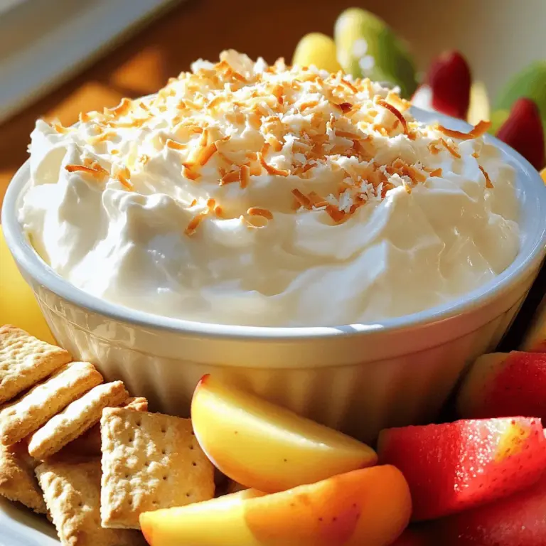 To make this dip, you need a few simple ingredients. Here’s what you’ll need: - 1 cup cream cheese, softened - 1 cup powdered sugar - 1 cup whipped topping (like Cool Whip) - 1 cup shredded coconut (unsweetened) - 1 teaspoon vanilla extract - 1/2 teaspoon almond extract - 1/2 cup mini marshmallows Each ingredient plays a special role in this dip. The cream cheese gives it a rich base. The powdered sugar adds sweetness. The whipped topping makes it light and fluffy. Shredded coconut brings that tropical flavor. Vanilla and almond extracts add depth, while mini marshmallows give fun texture. You can dress up your dip with some tasty extras. Here are some fun ideas: - 1/4 cup toasted coconut flakes (for garnish) - Chocolate shavings - Fresh fruit pieces Toasted coconut flakes add a nice crunch. Chocolate shavings can sweeten the dip even more. Fresh fruit makes a pretty touch and adds color. You can mix and match these toppings to fit your taste. Choosing what to dip is key for enjoying this treat. Here are some great options: - Graham crackers - Fresh fruit (like strawberries or bananas) - Pretzels for a salty crunch Graham crackers are classic and pair perfectly. Fresh fruit offers a juicy contrast. Pretzels bring a salty flavor that balances the sweetness. Use whatever you like best to create your perfect bite. Don't forget to check out the Full Recipe for more details! First, gather your ingredients. You need cream cheese, powdered sugar, whipped topping, and shredded coconut. Don't forget the vanilla and almond extract. Mini marshmallows add a fun touch. For garnish, get some toasted coconut flakes. You can dip with graham crackers or fresh fruit. Now, take a bowl and add the softened cream cheese. Use a hand mixer to beat it until smooth. This step is key for a creamy dip. Then, slowly add the powdered sugar. Keep mixing until it's fluffy and well combined. Next, it’s time to fold in the whipped topping. Use a spatula to gently mix it in. Be careful not to deflate the mixture. This keeps the dip light and airy. After that, add the shredded coconut. Pour in the vanilla and almond extracts too. Don’t forget those mini marshmallows! Gently fold everything together. This will blend the flavors without losing creaminess. Once it’s mixed well, transfer the dip to a serving bowl. Smooth the top with your spatula to make it look nice. Sprinkle the toasted coconut flakes on top. This adds a lovely crunch and flavor. Now, chill the dip in the fridge for at least 30 minutes. This helps the flavors blend together. When you’re ready to serve, grab some graham crackers or fresh fruit. Dip away! This Coconut Dreams Cream Pie Dip is sure to please everyone. For the full recipe, check out the details above. Enjoy! To get the creamiest texture, start with soft cream cheese. Let it sit at room temperature for about 30 minutes. This makes it easy to mix. Use a hand mixer to beat the cream cheese until it’s very smooth. When you add the whipped topping, fold it in gently. This keeps the dip light and airy. Always fold in the shredded coconut last. It adds texture without breaking the creaminess. If you want to change things up, there are great options. You can swap the cream cheese with mascarpone for a richer taste. Use honey instead of powdered sugar for a natural sweetener. If you don’t have almond extract, vanilla extract works well too. You can also replace mini marshmallows with chopped dried fruit for a twist. Each change gives your dip a unique flavor. To keep leftovers fresh, store the dip in an airtight container. It will last for about three days in the fridge. If you want to enjoy it later, don’t add the toasted coconut flakes until serving. This keeps them crunchy. For longer storage, you can freeze the dip. Just thaw it in the fridge overnight before serving. This way, your Coconut Cream Pie Dip stays delicious and ready to enjoy. {{image_2}} You can give your dip a tropical twist by adding pineapple. Start with one cup of crushed pineapple. Drain it well to avoid making the dip soggy. Fold the pineapple into the dip after adding the coconut. This gives a sweet, fruity flavor that brightens up each bite. Serve it with fresh fruit or graham crackers for a fun treat. If you love nuts, try adding almonds to your dip. Chop half a cup of almonds and mix them in with the other ingredients. Almonds add a crunchy texture and a lovely nutty taste. You can also sprinkle some on top for extra flair. This version is perfect for nut lovers and adds a delightful crunch. For chocolate fans, mix in some cocoa powder! Start with a quarter cup of unsweetened cocoa powder. Blend it well with the cream cheese and sugar. This will create a rich, chocolatey version of your dip. You can also top it with chocolate shavings or chocolate chips for added sweetness. Serve with graham crackers for a delicious dessert experience. Each variation allows you to enjoy Coconut Cream Pie Dip in new and tasty ways. Get creative and mix flavors that you love. Check out the Full Recipe to start making your Coconut Cream Pie Dip today! To store Coconut Cream Pie Dip, place it in an airtight container. This helps keep the dip fresh and prevents it from absorbing other odors in the fridge. Make sure to cover the dip tightly with plastic wrap if you do not have a lid. To maintain freshness, always use clean utensils when scooping the dip. This avoids introducing bacteria that can spoil the dip. Store the dip in the refrigerator for up to three days. If you notice any changes in smell or texture, it’s best to discard it. You can freeze Coconut Cream Pie Dip if you want to save it for later. Just make sure to use a freezer-safe container. When you're ready to eat, thaw the dip in the fridge overnight. Give it a good stir before serving to restore its creamy texture. Remember, freezing may change the texture slightly, but the flavor remains delicious. For the full recipe, check out the main article! Yes, you can make this dip a day early. It saves time and allows flavors to blend. Just cover the dip well in the fridge. This will keep it fresh and tasty. When ready to serve, give it a quick stir. The dip will remain creamy and delicious. If you need a substitute, use heavy cream instead. Whip it to soft peaks for a great texture. You can also use Greek yogurt for a tangy flavor. This will still taste great, but it will change the texture a bit. The dip lasts about 3 to 4 days in the fridge. Make sure to keep it in a sealed container. If you notice any change in smell or texture, it’s best to toss it. Enjoy the dip while it's fresh for the best taste. For the full recipe, check the earlier section. Coconut cream pie dip is a fun and tasty treat. We covered the key ingredients and how to make it. I shared tips for a creamy texture and tasty variations like nutty or chocolate dips. You learned about storage and how to keep it fresh. Remember, you can prepare this dip ahead for easy serving. Try exploring different toppings for more flavor. Enjoy making and sharing this delightful dip at your next gathering. Your guests will love it!