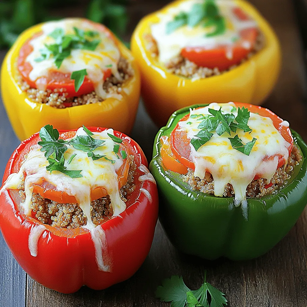 - 4 large bell peppers (any color) - 1 pound ground turkey - 1 cup cooked quinoa - 1 medium onion, diced - 2 cloves garlic, minced - 1 can (15 oz) diced tomatoes, drained - 1 teaspoon cumin - 1 teaspoon paprika - 1 teaspoon dried oregano - Salt and pepper to taste - 1 cup shredded cheese (cheddar or mozzarella) - Fresh parsley for garnish When I make stuffed bell peppers with ground turkey, I love using fresh and colorful ingredients. Bell peppers come in many colors, like red, yellow, and green. Each color adds a unique taste to the dish. Ground turkey is lean and helps keep the dish healthy. Quinoa is a great grain to include. It mixes well with the turkey and adds protein. I often use diced tomatoes for added moisture and flavor. Onions and garlic bring a nice aroma to the mix. For seasonings, cumin and paprika give warmth and depth. Dried oregano adds a hint of earthiness. I always season with salt and pepper to enhance the flavors. Lastly, cheese is a must! I sprinkle shredded cheese on top for a melty finish. Fresh parsley adds a pop of color and freshness. For the full recipe, check out the link above. Happy cooking! - Preheat the oven to 375°F (190°C). - Cut the tops off each bell pepper and remove seeds and membranes. You start by preheating your oven. This ensures even cooking. While it heats, grab your bell peppers. I love using different colors for a fun look. Cut off the tops and scoop out the seeds. - Sauté onion and garlic until translucent. - Add ground turkey and cook until browned. Next, heat a large skillet over medium heat. Add some olive oil. Sauté the diced onion until it looks clear. This takes about five minutes. Then, toss in the minced garlic for a minute. It will smell amazing! Now, add the ground turkey. Cook it until it turns brown. Make sure to break it up with a spoon while it cooks. - Stir in quinoa, tomatoes, and seasonings. - Spoon filling into bell peppers and top with cheese. - Bake covered, then uncovered, until cheese is bubbly. Now comes the fun part! Stir in the cooked quinoa, diced tomatoes, and seasonings. Mix everything well and let it heat for a few minutes. Next, remove the skillet from heat. Stir in half of the shredded cheese. Spoon the filling into each bell pepper. Pack it down gently so it fits well. Top each pepper with the rest of the cheese. Cover the dish with foil and pop it into the oven for 25 minutes. After that, take off the foil and bake for another 10 to 15 minutes. You'll know it's done when the cheese bubbles and turns golden. Enjoy your stuffed bell peppers! For the full recipe, check out the details above. To make your stuffed peppers shine, use a mix of colors. Red, yellow, and green peppers look great together. They not only taste good but also make your dish pop. When cooking the ground turkey, don’t overcook it. This helps keep the meat juicy and tasty. Serve your stuffed peppers with a fresh salad or crusty bread. The crunch of the salad adds a nice touch. You can also drizzle balsamic glaze on top. This adds a sweet and tangy flavor that pairs well with the dish. If you’re short on time, try using a pressure cooker. It speeds up the cooking process. Another option is to swap quinoa for rice or couscous. Both work well and add different flavors to your peppers. For more ideas, you can check the Full Recipe. {{image_2}} You can play with the protein in stuffed peppers. Ground turkey is great, but ground beef works too. Chicken is another tasty option. If you want a plant-based meal, use lentils or chickpeas. For a vegetarian version, just add diced vegetables like zucchini, mushrooms, or spinach. This method keeps the dish fresh and exciting. To make your stuffed peppers pop, add some spice. Chopped jalapeños or serrano peppers can add a nice kick. Fresh herbs like basil or thyme can also boost flavor. Mix in some fresh cilantro or parsley for a bright finish. Experimenting with spices makes each batch unique. Cheese adds creaminess to stuffed peppers. If you want a twist, try feta or goat cheese instead of cheddar. These cheeses give a tangy taste that pairs well with the filling. If you're avoiding dairy, skip the cheese altogether. The peppers will still be delicious without it. For the complete recipe, check out the [Full Recipe]. Store your stuffed bell peppers in an airtight container. This keeps them fresh for up to 3 days. Be sure to cool them completely before putting them in the fridge. This step helps prevent sogginess and keeps the flavors intact. You can freeze unbaked stuffed peppers for later use. This is great for meal prep! To freeze, wrap each pepper tightly in plastic wrap first. Then, cover it with aluminum foil. This extra layer prevents freezer burn and keeps them tasty. When you're ready to enjoy your leftovers, reheat them in the oven. Set the oven to 350°F (175°C) and warm the peppers until heated through. If you're short on time, you can also use the microwave for a quick meal. Just be sure to cover them to retain moisture while reheating. For a full recipe of stuffed bell peppers with ground turkey, check out the Full Recipe. Cook stuffed bell peppers for about 50 minutes. Cover them for 25 minutes. Then, bake uncovered for 10 to 15 minutes. This method ensures they cook evenly and the cheese bubbles nicely. Yes, you can prepare stuffed bell peppers ahead of time. Just store them in the fridge before baking. This makes it easy to serve a tasty meal on busy nights. A light salad pairs well with stuffed peppers. You can also serve roasted vegetables for a healthy side. These choices enhance the meal and add more flavors to enjoy. Absolutely! You can swap quinoa for rice, barley, or couscous. Each grain offers a different taste and texture. Feel free to experiment and find your favorite combination. Yes! Stuffed peppers are a balanced meal. They combine protein, veggies, and whole grains. This makes them a nutritious option for any meal. Enjoy the goodness in every bite! Stuffed bell peppers are tasty and easy to make. You gather fresh ingredients, prepare a hearty filling, and bake them until they are warm. This dish is versatile; you can mix proteins and grains or try different cheeses. Leftovers store well, and freezing is simple. You can even prep ahead of time for quick meals. Enjoy creating your own version, and savor the flavors. Happy cooking!