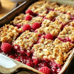 Fresh raspberries are the star of this recipe. You need 2 cups. Their bright red color adds beauty and flavor. The tartness of the raspberries contrasts nicely with the sweet crumble. You can use them fresh or frozen, but fresh gives the best taste. You need both granulated and brown sugar. Use 1/2 cup of granulated sugar to sweeten the raspberries. It helps balance their sour taste. The brown sugar adds depth and a hint of caramel flavor. Use 1/2 cup packed brown sugar for the crust and topping. For the crust and topping, you will need a few key ingredients. Use 1 1/2 cups of all-purpose flour for structure. Add 1 cup of rolled oats for a chewy texture. You also need 1/2 cup of melted unsalted butter, which binds the mixture. Lastly, add 1/2 teaspoon of almond extract for a nutty flavor, and 1/4 teaspoon of salt to enhance all the flavors. Don't forget the sliced almonds! Use 1/2 cup, plus extra for the top, to add crunch. For thickening the filling, you’ll need 1 tablespoon of cornstarch and 1 tablespoon of lemon juice to brighten the taste. For the full recipe, check out the instructions above. To start, gather your fresh raspberries. In a medium bowl, mix the raspberries with granulated sugar, cornstarch, and lemon juice. Gently toss the ingredients. This helps the raspberries break down and become sweet. Let the mixture sit for a few minutes. This waiting time allows the juices to flow and mix nicely. Next, grab a large mixing bowl. Whisk together the flour, rolled oats, brown sugar, baking powder, and salt. The oats add texture and flavor. Pour in the melted butter and almond extract. Now, mix everything until you see a crumbly texture. When you squeeze the mixture in your hand, it should hold together. This will be your crust and topping. Preheat your oven to 350°F (175°C). Grease an 8x8 inch baking pan or line it with parchment paper. This makes it easier to remove the bars later. Press about two-thirds of the crumble into the bottom of the pan. Spread the raspberry filling evenly on top. Now, sprinkle the rest of the crumble over this layer. Don't forget to add extra sliced almonds for a crunchy finish. Place the pan in the oven and bake for 25-30 minutes. You’ll know it’s done when the top turns golden brown and the filling bubbles. Once baked, take it out and let it cool for at least 10 minutes in the pan. After that, move it to a wire rack to cool completely. When cool, cut into squares or bars. Enjoy the sweet and nutty flavors with family and friends! For the complete recipe, check out the [Full Recipe]. When picking raspberries, look for bright red ones. They should feel firm but not hard. Smell them! A sweet scent means they are ripe. Avoid any that are mushy or have dark spots. Fresh raspberries bring the best flavor to your bars. You can also use frozen raspberries if fresh ones aren't available. Just let them thaw and drain off extra juice. Almond extract adds a lovely flavor to these bars. Use just half a teaspoon for the right balance. Too much can overpower the raspberry taste. Almond extract gives a nice nutty note that pairs well with the fruit. If you want even more almond flavor, sprinkle sliced almonds on top. They add crunch and a delightful look. The crumble topping is key to great bars. Mix the dry ingredients well before adding butter. This helps create a nice blend. When you add melted butter, mix until the texture looks crumbly. It should hold together when squeezed in your hand. Don't over-mix, or it can get tough. Keep some crumble aside for the topping. This gives your bars a nice layer of crunch. For more ideas, check out the Full Recipe for Raspberry Almond Crumble Bars. {{image_2}} You can change the fruit in this recipe. Instead of raspberries, try blueberries, strawberries, or peaches. Each fruit brings a new taste. For example, use peaches for a sweet, juicy flavor. Blueberries add a nice tartness. Adjust the sugar based on the fruit’s sweetness. To make these bars gluten-free, swap all-purpose flour for almond flour or gluten-free flour. Make sure to check the labels. For a vegan version, use coconut oil instead of butter. Replace the sugar with maple syrup or coconut sugar. This way, everyone can enjoy these delicious bars. You can add spices for more flavor. Try cinnamon or nutmeg in the crumble mix. These spices pair well with the fruit. You can also mix in some chocolate chips or shredded coconut for extra sweetness. A little creativity can make your bars even more special. For the full recipe, check the previous section! To keep your Raspberry Almond Crumble Bars fresh, store them in an airtight container. This helps keep the bars moist and prevents them from drying out. Place a piece of parchment paper between layers if you stack them. You can store them at room temperature for up to three days. If you want to keep them longer, the fridge is a great option. Freezing these bars is simple and effective. First, let the bars cool completely. Then, cut them into squares or bars. Wrap each piece tightly in plastic wrap. Place the wrapped bars in a freezer-safe bag or container. They can stay in the freezer for up to three months. When you're ready to enjoy them, just thaw them in the fridge overnight. To reheat your Raspberry Almond Crumble Bars, preheat your oven to 350°F (175°C). Place the bars on a baking sheet and cover them with foil. Heat for about 10-15 minutes, until warm. This method helps restore that lovely crumble texture. If you're in a hurry, you can microwave a single bar for about 15-20 seconds. Just be careful not to overheat! Yes, you can use frozen raspberries! They work well in this recipe. Just remember to thaw and drain any excess juice. This will help keep your bars from becoming too soggy. Frozen berries often taste great, so don’t worry about losing flavor. If you want to skip butter, use coconut oil or a vegan butter. Both options will give you a similar texture. You can also use applesauce for a lighter version. This will change the flavor a bit, but it keeps the bars moist. Check for a golden top and bubbly filling. The bars should feel firm to the touch, not soft. If you insert a toothpick, it should come out mostly clean. This means they are ready to cool. For the best taste, let them cool before cutting. For the full recipe, check the section above! We covered how to make raspberry almond crumble bars from start to finish. You learned about selecting fresh raspberries and the best baking ingredients. I shared tips for great flavor and texture, as well as fun variations. You can choose gluten-free or vegan options too. Don't forget storage tips to keep your bars fresh! Now, get ready to enjoy these tasty treats and impress your friends and family!