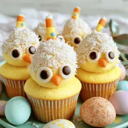 - 1 ½ cups all-purpose flour This gives structure to the cupcakes. It helps them rise and hold shape. - 1 cup granulated sugar Sugar sweetens the cupcakes. It also helps them stay moist. - ½ cup unsalted butter, softened Softened butter adds richness. It helps create a tender cupcake. - 2 large eggs Eggs bind the ingredients together. They help the cupcakes rise. - 1 teaspoon vanilla extract Vanilla adds flavor. It gives the cupcakes a warm, sweet aroma. - ½ cup milk Milk keeps the batter moist. It helps create a soft texture. - 1 ½ teaspoons baking powder Baking powder acts as a leavening agent. It makes the cupcakes fluffy. - ½ teaspoon baking soda Baking soda works with the acid in the batter. It helps the cupcakes rise. - ¼ teaspoon salt Salt enhances the flavors. It balances the sweetness. - Yellow food coloring This gives the cupcakes a cheerful color. It makes them look like little chicks. - 1 cup coconut flakes Coconut adds texture. It mimics feathers and gives a tropical taste. - 1 cup frosting (store-bought or homemade, your choice) Frosting adds sweetness and decorates the cupcakes. It makes them look festive. - Mini chocolate chips (for eyes) These create cute eyes for the chicks. They add a fun touch. - Candy corn (for beaks) Candy corn serves as beaks. It adds color and a playful element. - Muffin pan and cupcake liners Use a muffin pan to shape the cupcakes. Cupcake liners keep them neat. - Mixing bowls and electric mixer Mixing bowls hold the ingredients. An electric mixer makes mixing easier and faster. - Measurement tools Accurate measurements ensure the right taste. Use measuring cups and spoons for best results. 1. Preheat the Oven: Start by setting your oven to 350°F (175°C). This helps the cupcakes bake evenly. 2. Prepare the Liners: Line a 12-cup muffin pan with cupcake liners. This keeps the cupcakes from sticking. 3. Cream the Butter and Sugar: In a bowl, mix together the softened butter and sugar. Beat them until the mixture is light and fluffy. This helps create a soft cupcake. 1. Mix the Dry Ingredients: In a separate bowl, whisk together the flour, baking powder, baking soda, and salt. This step adds air and helps the cupcakes rise. 2. Combine Wet Ingredients: Add the eggs and vanilla extract to the butter mixture. Mix until well blended. 3. Combine Everything: Gradually add the dry mix to the wet mix, alternating with milk. Stir until smooth. Add yellow food coloring to make the batter bright. 4. Fill and Bake: Spoon the batter into the cupcake liners, filling each about two-thirds full. Bake for 18-20 minutes. Check doneness with a toothpick; it should come out clean. 1. Frost the Cupcakes: Once cooled, frost each cupcake generously. Aim for a dome shape to mimic the chick's body. 2. Roll in Coconut: Roll the frosted cupcakes in coconut flakes. This gives them a fluffy, feathered look. 3. Create Chick Faces: Use mini chocolate chips to make eyes by pressing them into the frosting. For the beak, place a piece of candy corn upside down below the eyes. 4. Optional Nest Effect: Add extra coconut on top to create a nest effect. This makes them even cuter! For the complete recipe, check the Full Recipe section. Happy baking! To get the best cupcakes, start with the right oven temperature. Preheat your oven to 350°F (175°C). This helps the cupcakes rise evenly. To check if they are done, insert a toothpick into the center. If it comes out clean, your cupcakes are ready. If not, give them a few more minutes. You can make your cupcakes look extra fun with different decorating methods. If you want to skip the coconut, you can use fondant to shape cute features. Edible glitter can also add sparkle and joy to your chicks. Just sprinkle it on top for a festive touch. One big mistake is overmixing the batter. Mix just until the ingredients blend. This keeps your cupcakes light and fluffy. Another mistake is using stale ingredients. Always check that your baking powder and baking soda are fresh. This ensures your cupcakes rise well and taste great. You can find the full recipe for these delightful treats [here]. {{image_2}} You can change up the flavor of your Easter Chicks Cupcakes easily. Try a chocolate or lemon-flavored batter for a twist. To make chocolate cupcakes, use cocoa powder in place of some flour. For lemon, add lemon zest and juice to the batter. This gives a fresh taste perfect for spring. You can also use different frostings. Cream cheese or chocolate frosting adds variety to the sweet treat. Making these cupcakes for everyone is simple. For gluten-free cupcakes, swap all-purpose flour with a gluten-free blend. You can find many blends at grocery stores. If you need dairy-free options, use a dairy-free butter substitute. Almond milk or soy milk works well instead of regular milk. Always read labels to ensure no nuts are in any ingredient. This keeps everyone safe at the table. Let your creativity shine when decorating! You can design cupcakes to fit any spring theme. Use pastel colors for a soft look. Edible markers let you draw fun faces or patterns. Sprinkles can add a pop of color and texture. Try star-shaped sprinkles for a fun twist. You can even add tiny edible flowers for a fresh touch. Each cupcake can be a mini work of art! To keep your Easter Chicks Cupcakes fresh, place them in an airtight container. This helps maintain their moisture and flavor. If you have extra cupcakes, you can refrigerate them for up to five days. For longer storage, freeze them. Just make sure they are wrapped tightly in plastic wrap before putting them in a freezer bag. If you freeze your cupcakes, thaw them in the fridge overnight. This keeps them moist. To warm them, use a microwave. Heat for about 10 seconds, checking often to avoid drying them out. The goal is to enjoy that soft texture and sweet taste. These cupcakes taste best within three days of baking. After that, they might start to lose their flavor and texture. Look for signs of spoilage, like a dry or hard texture. If they smell off or have visible mold, it's time to toss them. Enjoy your Easter treat while it's fresh and delightful! For vibrant colors, I recommend using gel food coloring. It gives a bright shade without adding too much liquid. Liquid food coloring works too, but it can change the cupcake's texture. Always check if the food coloring is safe for kids. Most brands are, but it's good to read the label. Yes, you can make the cupcakes a day or two ahead of time. Just store them in an airtight container. Wait to frost them until the day of your event. This keeps the frosting fresh and fluffy. You can also freeze the cupcakes for up to three months. Wrap them well to avoid freezer burn. To make these cupcakes vegan, swap eggs for flaxseed meal. Mix one tablespoon of flaxseed meal with three tablespoons of water. Let it sit for five minutes to thicken. For milk, use almond or soy milk. Replace butter with coconut oil or vegan butter. These swaps keep the cupcakes tasty and moist. You can find pre-made Easter Chicks Cupcakes at local bakeries around the holiday. Many online bakeries also offer them for delivery. Websites like Etsy and Goldbelly have unique options. Always check reviews to ensure quality. This way, you can enjoy the fun without any baking! You now have all you need to bake and decorate delightful Easter Chicks Cupcakes. We covered essential ingredients, tools, and step-by-step instructions. You learned helpful tips to avoid common mistakes and how to store leftovers. With exciting flavor variations and creative decorating ideas, you can make these treats your own. Enjoy the baking process and have fun making cheerful cupcakes that everyone will love. With a little practice, you will impress your friends and family this spring!