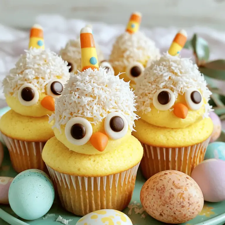 - 1 ½ cups all-purpose flour This gives structure to the cupcakes. It helps them rise and hold shape. - 1 cup granulated sugar Sugar sweetens the cupcakes. It also helps them stay moist. - ½ cup unsalted butter, softened Softened butter adds richness. It helps create a tender cupcake. - 2 large eggs Eggs bind the ingredients together. They help the cupcakes rise. - 1 teaspoon vanilla extract Vanilla adds flavor. It gives the cupcakes a warm, sweet aroma. - ½ cup milk Milk keeps the batter moist. It helps create a soft texture. - 1 ½ teaspoons baking powder Baking powder acts as a leavening agent. It makes the cupcakes fluffy. - ½ teaspoon baking soda Baking soda works with the acid in the batter. It helps the cupcakes rise. - ¼ teaspoon salt Salt enhances the flavors. It balances the sweetness. - Yellow food coloring This gives the cupcakes a cheerful color. It makes them look like little chicks. - 1 cup coconut flakes Coconut adds texture. It mimics feathers and gives a tropical taste. - 1 cup frosting (store-bought or homemade, your choice) Frosting adds sweetness and decorates the cupcakes. It makes them look festive. - Mini chocolate chips (for eyes) These create cute eyes for the chicks. They add a fun touch. - Candy corn (for beaks) Candy corn serves as beaks. It adds color and a playful element. - Muffin pan and cupcake liners Use a muffin pan to shape the cupcakes. Cupcake liners keep them neat. - Mixing bowls and electric mixer Mixing bowls hold the ingredients. An electric mixer makes mixing easier and faster. - Measurement tools Accurate measurements ensure the right taste. Use measuring cups and spoons for best results. 1. Preheat the Oven: Start by setting your oven to 350°F (175°C). This helps the cupcakes bake evenly. 2. Prepare the Liners: Line a 12-cup muffin pan with cupcake liners. This keeps the cupcakes from sticking. 3. Cream the Butter and Sugar: In a bowl, mix together the softened butter and sugar. Beat them until the mixture is light and fluffy. This helps create a soft cupcake. 1. Mix the Dry Ingredients: In a separate bowl, whisk together the flour, baking powder, baking soda, and salt. This step adds air and helps the cupcakes rise. 2. Combine Wet Ingredients: Add the eggs and vanilla extract to the butter mixture. Mix until well blended. 3. Combine Everything: Gradually add the dry mix to the wet mix, alternating with milk. Stir until smooth. Add yellow food coloring to make the batter bright. 4. Fill and Bake: Spoon the batter into the cupcake liners, filling each about two-thirds full. Bake for 18-20 minutes. Check doneness with a toothpick; it should come out clean. 1. Frost the Cupcakes: Once cooled, frost each cupcake generously. Aim for a dome shape to mimic the chick's body. 2. Roll in Coconut: Roll the frosted cupcakes in coconut flakes. This gives them a fluffy, feathered look. 3. Create Chick Faces: Use mini chocolate chips to make eyes by pressing them into the frosting. For the beak, place a piece of candy corn upside down below the eyes. 4. Optional Nest Effect: Add extra coconut on top to create a nest effect. This makes them even cuter! For the complete recipe, check the Full Recipe section. Happy baking! To get the best cupcakes, start with the right oven temperature. Preheat your oven to 350°F (175°C). This helps the cupcakes rise evenly. To check if they are done, insert a toothpick into the center. If it comes out clean, your cupcakes are ready. If not, give them a few more minutes. You can make your cupcakes look extra fun with different decorating methods. If you want to skip the coconut, you can use fondant to shape cute features. Edible glitter can also add sparkle and joy to your chicks. Just sprinkle it on top for a festive touch. One big mistake is overmixing the batter. Mix just until the ingredients blend. This keeps your cupcakes light and fluffy. Another mistake is using stale ingredients. Always check that your baking powder and baking soda are fresh. This ensures your cupcakes rise well and taste great. You can find the full recipe for these delightful treats [here]. {{image_2}} You can change up the flavor of your Easter Chicks Cupcakes easily. Try a chocolate or lemon-flavored batter for a twist. To make chocolate cupcakes, use cocoa powder in place of some flour. For lemon, add lemon zest and juice to the batter. This gives a fresh taste perfect for spring. You can also use different frostings. Cream cheese or chocolate frosting adds variety to the sweet treat. Making these cupcakes for everyone is simple. For gluten-free cupcakes, swap all-purpose flour with a gluten-free blend. You can find many blends at grocery stores. If you need dairy-free options, use a dairy-free butter substitute. Almond milk or soy milk works well instead of regular milk. Always read labels to ensure no nuts are in any ingredient. This keeps everyone safe at the table. Let your creativity shine when decorating! You can design cupcakes to fit any spring theme. Use pastel colors for a soft look. Edible markers let you draw fun faces or patterns. Sprinkles can add a pop of color and texture. Try star-shaped sprinkles for a fun twist. You can even add tiny edible flowers for a fresh touch. Each cupcake can be a mini work of art! To keep your Easter Chicks Cupcakes fresh, place them in an airtight container. This helps maintain their moisture and flavor. If you have extra cupcakes, you can refrigerate them for up to five days. For longer storage, freeze them. Just make sure they are wrapped tightly in plastic wrap before putting them in a freezer bag. If you freeze your cupcakes, thaw them in the fridge overnight. This keeps them moist. To warm them, use a microwave. Heat for about 10 seconds, checking often to avoid drying them out. The goal is to enjoy that soft texture and sweet taste. These cupcakes taste best within three days of baking. After that, they might start to lose their flavor and texture. Look for signs of spoilage, like a dry or hard texture. If they smell off or have visible mold, it's time to toss them. Enjoy your Easter treat while it's fresh and delightful! For vibrant colors, I recommend using gel food coloring. It gives a bright shade without adding too much liquid. Liquid food coloring works too, but it can change the cupcake's texture. Always check if the food coloring is safe for kids. Most brands are, but it's good to read the label. Yes, you can make the cupcakes a day or two ahead of time. Just store them in an airtight container. Wait to frost them until the day of your event. This keeps the frosting fresh and fluffy. You can also freeze the cupcakes for up to three months. Wrap them well to avoid freezer burn. To make these cupcakes vegan, swap eggs for flaxseed meal. Mix one tablespoon of flaxseed meal with three tablespoons of water. Let it sit for five minutes to thicken. For milk, use almond or soy milk. Replace butter with coconut oil or vegan butter. These swaps keep the cupcakes tasty and moist. You can find pre-made Easter Chicks Cupcakes at local bakeries around the holiday. Many online bakeries also offer them for delivery. Websites like Etsy and Goldbelly have unique options. Always check reviews to ensure quality. This way, you can enjoy the fun without any baking! You now have all you need to bake and decorate delightful Easter Chicks Cupcakes. We covered essential ingredients, tools, and step-by-step instructions. You learned helpful tips to avoid common mistakes and how to store leftovers. With exciting flavor variations and creative decorating ideas, you can make these treats your own. Enjoy the baking process and have fun making cheerful cupcakes that everyone will love. With a little practice, you will impress your friends and family this spring!