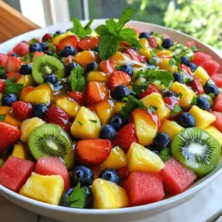 - 2 cups watermelon, diced - 1 cup blueberries - 2 cups strawberries, hulled and sliced - 1 cup kiwi, peeled and diced - 1 cup pineapple, diced The fresh fruits in this salad create a colorful and tasty dish. Watermelon adds sweetness and juiciness. Blueberries give a nice pop of flavor. Strawberries offer a tangy touch, while kiwi brings a bright green look. Pineapple adds a tropical twist that makes this salad special. - 3 tablespoons honey - 2 tablespoons fresh lime juice - Zest of 1 lime - Fresh mint leaves for garnish The dressing is simple yet delicious. Honey brings in natural sweetness and a smooth texture. Fresh lime juice adds a zesty kick that balances the sweet fruits. Lime zest enhances the dressing with a burst of citrus flavor. Finally, fresh mint leaves add a lovely aroma and a hint of coolness. For the full recipe, check out the Honey Lime Fruit Salad section. - Combine the fresh fruit Start by washing all your fruit. Dice the watermelon and peel the kiwi. Hull and slice the strawberries. Mix the diced watermelon, blueberries, sliced strawberries, diced kiwi, and pineapple in a large bowl. - Make the honey-lime dressing In a small bowl, whisk together the honey, fresh lime juice, and lime zest. This dressing gives a sweet and tangy flavor. Make sure it blends well. - Toss the ingredients Pour the honey-lime dressing over the mixed fruits. Gently toss everything together. Ensure all the fruit gets coated with the dressing. This step makes every bite burst with flavor. - Allow flavors to meld Let the fruit salad sit for about 10 minutes. This resting time lets the flavors mix. It enhances the taste, making it even more delicious. - Presentation ideas Serve the salad in a large bowl or individual cups. Garnish with fresh mint leaves for a pop of color. This makes it look fancy and inviting. - Pairing options Honey lime fruit salad pairs well with grilled meats. It adds a refreshing touch to dishes like grilled chicken or fish. You can also enjoy it with pancakes for breakfast. - Ideal occasions for serving This fruit salad is perfect for summer barbecues, picnics, or brunches. It’s light and refreshing, making it great for hot days. You can even serve it at birthday parties or family gatherings. For the complete recipe, check out the Full Recipe. Selecting ripe watermelon is key for a sweet salad. Look for a firm, heavy melon. It should have a uniform shape and a creamy spot on the bottom. This spot means it ripened on the vine. For strawberries, choose plump, red ones. Avoid any with white tips or bruises. Fresh strawberries should smell sweet and fragrant. The more aromatic they are, the better they taste! You can add seasonal fruits to mix things up. Try peaches or nectarines in summer. They pair well with the honey-lime dressing. You can also use apples or pears in the fall. For alternative dressings, consider yogurt or a sprinkle of cinnamon. They add new flavors and textures. This way, your salad stays fresh and exciting every time! Serve your fruit salad cold for the best taste. The ideal temperature enhances the flavors. Aim for about 40°F for maximum refreshment. Chill your salad in the fridge for at least 30 minutes before serving. You can also place the bowl in a larger bowl filled with ice. This keeps it cool during outdoor gatherings. Enjoy a refreshing treat on a hot summer day! {{image_2}} You can make a tropical twist by adding mango and papaya. These fruits bring bold flavors and sweetness. Start by cutting ripe mango and papaya into bite-sized pieces. Mix them with the original fruit blend. The honey-lime dressing pairs well with these fruits. They add a sunny vibe perfect for summer. For a berry blast variation, use mixed berries instead of other fruits. You can choose strawberries, raspberries, and blueberries. This mix creates a juicy and vibrant salad. Simply replace the other fruits with your favorite berries. The honey-lime dressing enhances the natural sweetness of the berries. This version is fresh, colorful, and delicious. For a creamy twist, incorporate yogurt or whipped cream. This adds a rich texture and a new flavor layer. Use plain Greek yogurt for a healthy option or whipped cream for a treat. Fold it into the fruit salad gently. This variation is great for brunch or dessert. It feels indulgent yet refreshing. For the full recipe, check out the detailed instructions! To keep your Honey Lime Fruit Salad fresh, store it in an airtight container. This helps to lock in moisture and flavor. Make sure to press out any excess air before sealing it. Keep the container in the fridge. The cool temperature helps slow down spoilage. For the best taste, eat the salad within three days. After that, it may lose its crunch. Look for signs of spoilage, like brown or mushy fruit. If you see any, it's best to toss it. Freshness is key for this tasty dish. Always trust your senses! Yes, you can make Honey Lime Fruit Salad ahead of time. This fruit salad tastes best when the flavors mix. To prepare in advance, chop the fruits and store them separately. Mix the honey-lime dressing and keep it in a jar. When ready to serve, combine the fruits and dressing. This keeps the salad fresh and tasty. Aim to mix everything no more than a few hours before serving. You can use many fruits in this recipe. Great alternatives include mango, peaches, and grapes. You can also try cherries, apples, or oranges. The key is to use fruits that you enjoy. Mixing different textures and flavors makes the salad more fun. Just keep the total fruit amount similar to the original recipe. Yes, Honey Lime Fruit Salad is a healthy choice. It has many fresh fruits, which add vitamins and fiber. Fruits help keep you hydrated, especially in summer. Honey adds natural sweetness and some antioxidants. This salad is light and refreshing, making it a great snack or side dish. The fruits work together to boost your mood and energy. You can use bottled lime juice if needed. However, fresh lime juice tastes better. It has a bright and zesty flavor that enhances the salad. Bottled lime juice can taste flat or less fresh. If you use bottled juice, choose one with no added sugar or preservatives. This way, you can still enjoy a tasty salad. To make Honey Lime Fruit Salad vegan, swap honey for agave syrup or maple syrup. Both options add sweetness without animal products. The taste will change slightly, but it will still be delicious. You can also try using coconut nectar for a unique flavor twist. These alternatives keep the salad fresh and plant-based. This blog post explores the joy of making a fresh Honey Lime Fruit Salad. You learned about selecting vibrant fruits like watermelon and blueberries, along with a simple honey-lime dressing. I shared tips for enhancing your salad and ideas for serving it at special events. In conclusion, enjoy this salad's fresh flavors. Customize it to your taste and follow storage tips for freshness. With this guide, you can make fruit salad a fun treat any time. Happy cooking!
