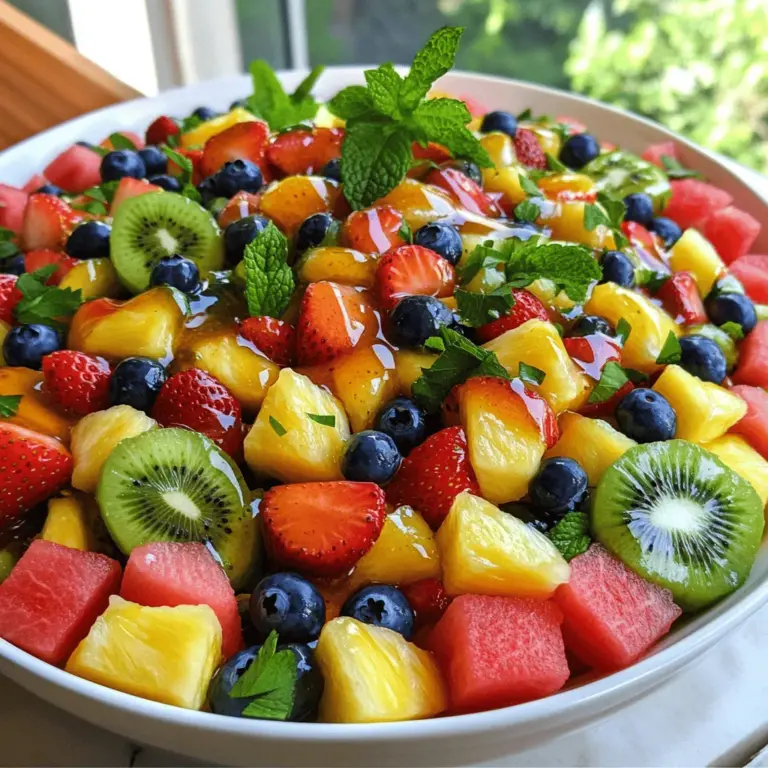 - 2 cups watermelon, diced - 1 cup blueberries - 2 cups strawberries, hulled and sliced - 1 cup kiwi, peeled and diced - 1 cup pineapple, diced The fresh fruits in this salad create a colorful and tasty dish. Watermelon adds sweetness and juiciness. Blueberries give a nice pop of flavor. Strawberries offer a tangy touch, while kiwi brings a bright green look. Pineapple adds a tropical twist that makes this salad special. - 3 tablespoons honey - 2 tablespoons fresh lime juice - Zest of 1 lime - Fresh mint leaves for garnish The dressing is simple yet delicious. Honey brings in natural sweetness and a smooth texture. Fresh lime juice adds a zesty kick that balances the sweet fruits. Lime zest enhances the dressing with a burst of citrus flavor. Finally, fresh mint leaves add a lovely aroma and a hint of coolness. For the full recipe, check out the Honey Lime Fruit Salad section. - Combine the fresh fruit Start by washing all your fruit. Dice the watermelon and peel the kiwi. Hull and slice the strawberries. Mix the diced watermelon, blueberries, sliced strawberries, diced kiwi, and pineapple in a large bowl. - Make the honey-lime dressing In a small bowl, whisk together the honey, fresh lime juice, and lime zest. This dressing gives a sweet and tangy flavor. Make sure it blends well. - Toss the ingredients Pour the honey-lime dressing over the mixed fruits. Gently toss everything together. Ensure all the fruit gets coated with the dressing. This step makes every bite burst with flavor. - Allow flavors to meld Let the fruit salad sit for about 10 minutes. This resting time lets the flavors mix. It enhances the taste, making it even more delicious. - Presentation ideas Serve the salad in a large bowl or individual cups. Garnish with fresh mint leaves for a pop of color. This makes it look fancy and inviting. - Pairing options Honey lime fruit salad pairs well with grilled meats. It adds a refreshing touch to dishes like grilled chicken or fish. You can also enjoy it with pancakes for breakfast. - Ideal occasions for serving This fruit salad is perfect for summer barbecues, picnics, or brunches. It’s light and refreshing, making it great for hot days. You can even serve it at birthday parties or family gatherings. For the complete recipe, check out the Full Recipe. Selecting ripe watermelon is key for a sweet salad. Look for a firm, heavy melon. It should have a uniform shape and a creamy spot on the bottom. This spot means it ripened on the vine. For strawberries, choose plump, red ones. Avoid any with white tips or bruises. Fresh strawberries should smell sweet and fragrant. The more aromatic they are, the better they taste! You can add seasonal fruits to mix things up. Try peaches or nectarines in summer. They pair well with the honey-lime dressing. You can also use apples or pears in the fall. For alternative dressings, consider yogurt or a sprinkle of cinnamon. They add new flavors and textures. This way, your salad stays fresh and exciting every time! Serve your fruit salad cold for the best taste. The ideal temperature enhances the flavors. Aim for about 40°F for maximum refreshment. Chill your salad in the fridge for at least 30 minutes before serving. You can also place the bowl in a larger bowl filled with ice. This keeps it cool during outdoor gatherings. Enjoy a refreshing treat on a hot summer day! {{image_2}} You can make a tropical twist by adding mango and papaya. These fruits bring bold flavors and sweetness. Start by cutting ripe mango and papaya into bite-sized pieces. Mix them with the original fruit blend. The honey-lime dressing pairs well with these fruits. They add a sunny vibe perfect for summer. For a berry blast variation, use mixed berries instead of other fruits. You can choose strawberries, raspberries, and blueberries. This mix creates a juicy and vibrant salad. Simply replace the other fruits with your favorite berries. The honey-lime dressing enhances the natural sweetness of the berries. This version is fresh, colorful, and delicious. For a creamy twist, incorporate yogurt or whipped cream. This adds a rich texture and a new flavor layer. Use plain Greek yogurt for a healthy option or whipped cream for a treat. Fold it into the fruit salad gently. This variation is great for brunch or dessert. It feels indulgent yet refreshing. For the full recipe, check out the detailed instructions! To keep your Honey Lime Fruit Salad fresh, store it in an airtight container. This helps to lock in moisture and flavor. Make sure to press out any excess air before sealing it. Keep the container in the fridge. The cool temperature helps slow down spoilage. For the best taste, eat the salad within three days. After that, it may lose its crunch. Look for signs of spoilage, like brown or mushy fruit. If you see any, it's best to toss it. Freshness is key for this tasty dish. Always trust your senses! Yes, you can make Honey Lime Fruit Salad ahead of time. This fruit salad tastes best when the flavors mix. To prepare in advance, chop the fruits and store them separately. Mix the honey-lime dressing and keep it in a jar. When ready to serve, combine the fruits and dressing. This keeps the salad fresh and tasty. Aim to mix everything no more than a few hours before serving. You can use many fruits in this recipe. Great alternatives include mango, peaches, and grapes. You can also try cherries, apples, or oranges. The key is to use fruits that you enjoy. Mixing different textures and flavors makes the salad more fun. Just keep the total fruit amount similar to the original recipe. Yes, Honey Lime Fruit Salad is a healthy choice. It has many fresh fruits, which add vitamins and fiber. Fruits help keep you hydrated, especially in summer. Honey adds natural sweetness and some antioxidants. This salad is light and refreshing, making it a great snack or side dish. The fruits work together to boost your mood and energy. You can use bottled lime juice if needed. However, fresh lime juice tastes better. It has a bright and zesty flavor that enhances the salad. Bottled lime juice can taste flat or less fresh. If you use bottled juice, choose one with no added sugar or preservatives. This way, you can still enjoy a tasty salad. To make Honey Lime Fruit Salad vegan, swap honey for agave syrup or maple syrup. Both options add sweetness without animal products. The taste will change slightly, but it will still be delicious. You can also try using coconut nectar for a unique flavor twist. These alternatives keep the salad fresh and plant-based. This blog post explores the joy of making a fresh Honey Lime Fruit Salad. You learned about selecting vibrant fruits like watermelon and blueberries, along with a simple honey-lime dressing. I shared tips for enhancing your salad and ideas for serving it at special events. In conclusion, enjoy this salad's fresh flavors. Customize it to your taste and follow storage tips for freshness. With this guide, you can make fruit salad a fun treat any time. Happy cooking!