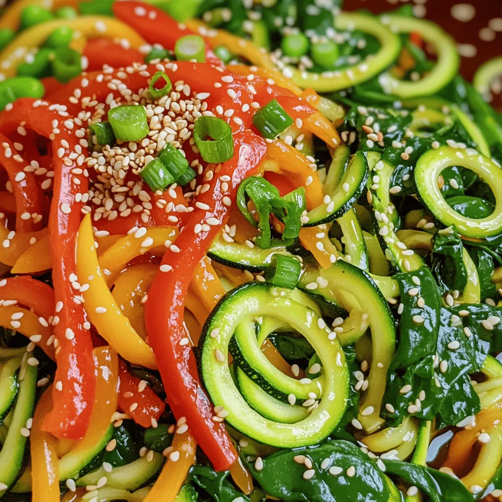 - Zucchini and Vegetable Details You need 3 medium zucchinis, spiralized. This gives you nice, long noodles. Next, add 1 red bell pepper, sliced thin. You will also need 1 cup of snap peas for a nice crunch. A small carrot, julienned, adds color and sweetness. Finally, include 1 cup of baby spinach for extra greens. - Seasoning and Sauce Components For flavor, use 2 cloves of garlic, minced. Add 1 tablespoon of fresh ginger, minced too. For the sauce, mix 3 tablespoons of soy sauce (or tamari if you need it gluten-free) with 1 tablespoon of sesame oil. Include 1 tablespoon of olive oil and 1 tablespoon of rice vinegar for tanginess. If you like heat, add 1 teaspoon of chili flakes. Season with salt and pepper to taste. - Sesame Seeds Sprinkle some sesame seeds on top for a nutty touch. They look nice and add a little crunch. - Green Onions Chop green onions and sprinkle them over your dish. They give fresh flavor and a pop of color. For the full recipe, check out the detailed instructions to bring this dish to life! Spiralizing Zucchini Noodles To start, grab your zucchini. You will need three medium zucchinis. Use a spiralizer to create long noodles. If you don’t have one, a vegetable peeler works too. Just peel thin ribbons of zucchini. This step is key for a fun twist on pasta! Prepping Vegetables and Ingredients Next, let's prep the other veggies. Slice one red bell pepper into thin strips. Then, take one small carrot and julienne it into matchstick pieces. Rinse one cup of snap peas. Lastly, wash one cup of baby spinach. Place all your prepped veggies in a bowl. This makes cooking much easier! Sautéing Aromatics Now, heat one tablespoon of olive oil in a large skillet over medium-high heat. Once the oil is hot, add two cloves of minced garlic and one tablespoon of minced ginger. Sauté for about 30 seconds. You want to smell the lovely aroma filling your kitchen! Stir-Frying the Vegetables Next, toss in the sliced bell pepper, snap peas, and julienned carrot. Stir-fry these veggies for about 3-4 minutes. You want them tender but still crisp. This adds great texture to your dish. Adding Zucchini Noodles It's time to add the zucchini noodles! Carefully place them in the skillet along with the baby spinach. Stir-fry everything together for another 2-3 minutes. The goal is to heat the zucchini just until it's warm but still has a crunch. This keeps your dish light and fresh. For the full recipe, check the details above! Cooking Time for Zucchini Noodles Zucchini noodles cook quickly. Stir-fry them for just 2-3 minutes. This keeps them tender but not mushy. If you cook them too long, they will lose their crunch. Remember, zucchini has a high water content. Overcooking can lead to a watery dish. Maintaining Crispness of Vegetables To keep your veggies crisp, add them in stages. Start with the harder ones like bell pepper and snap peas. Give them 3-4 minutes to cook. Then, add the zucchini noodles and baby spinach. Stir-fry just until the spinach wilts. This method keeps everything crunchy and colorful. Recommended Add-ins You can customize your stir fry with many add-ins. Try bell peppers, broccoli, or mushrooms. For protein, add chicken, shrimp, or tofu. Each adds unique flavor and texture. Feel free to experiment based on what you like or have on hand. Spice Level Adjustments Adjust the spice to your taste. If you like heat, add more chili flakes. For a milder dish, reduce or skip the spice. You can also add a splash of hot sauce at the end for extra kick. This way, you can make the dish just right for you. For a full recipe, check the Zesty Zucchini Noodle Stir Fry section. {{image_2}} You can easily add protein to your zucchini noodle stir fry. Chicken, tofu, or shrimp work great. - Chicken: Cut boneless chicken into small pieces. Cook it first, then add veggies and noodles. - Tofu: Use firm tofu for a plant-based option. Cut it into cubes and sauté until golden brown. - Shrimp: Add shrimp last, cooking just until they turn pink. If you want more plant-based options, consider chickpeas or lentils. These add protein and fiber. Switching up the sauce can change the whole dish. Try different sauces for new flavors. - Alternative Nutritional Sauces: You can use teriyaki or oyster sauce for a different taste. - Gluten-Free Options: Use tamari instead of soy sauce. This keeps the dish gluten-free without losing flavor. Experimenting with sauces makes cooking fun! Just remember to balance flavors for the best results. For the full recipe, check it out again in the cooking section. To keep your zucchini noodle stir fry fresh, store leftovers in an airtight container. Make sure to cool the dish to room temperature before sealing it. This helps avoid condensation, which can make your stir fry soggy. Properly stored, it will last in the fridge for up to three days. When you're ready to eat, reheat the stir fry in a skillet over medium heat. Add a splash of water or broth to help it steam and stay moist. Stir it gently for about five minutes until heated through. Avoid using the microwave, as it can make the zucchini noodles mushy. If you want to save some stir fry for later, freezing is an option. First, it's best to freeze the zucchini noodles separately. They can become watery when frozen. To freeze, place them in a single layer on a baking sheet. Once frozen, transfer them to a freezer bag. This way, they won’t stick together. To thaw, simply place the frozen zucchini noodles in the fridge overnight. When you're ready to cook, you can add them straight to the skillet with your hot stir-fry. Cook for an extra minute or two to warm them up. This keeps the noodles from getting too soft while still enjoying the fresh flavors of the dish. For the best results, consume within two months. Can I use regular noodles instead of zucchini? Yes, you can use regular noodles. They will change the dish a bit. Zucchini noodles are low-carb and light. Regular noodles are more filling and have more carbs. If you want a gluten-free option, use rice noodles or gluten-free pasta. How do I prevent zucchini from becoming soggy? To keep zucchini crisp, do not overcook it. Stir-fry zucchini noodles for just a few minutes. Cook them until they are tender but still have a bite. You can also sprinkle some salt on the zucchini before cooking to draw out excess moisture. Is zucchini noodle stir fry low-carb? Yes, zucchini noodle stir fry is low-carb. Zucchini has fewer carbs than regular pasta. This makes it a great choice for low-carb diets. It also adds fiber and nutrients to your meal. How many calories are in zucchini noodle stir fry? A serving of zucchini noodle stir fry has about 150 calories. This can vary based on the added ingredients. The full recipe contains healthy veggies, so it's a great option for a light meal. You get a lot of flavors without many calories. This blog post covers how to create a tasty zucchini noodle stir fry. We explored the main ingredients, cooking steps, and added tips to enhance flavor and texture. You learned about variations, protein options, and how to store leftovers. This dish is healthy and flexible, making it a great choice for any meal. I hope you feel inspired to try this recipe, customize it to your taste, and enjoy a delicious meal!