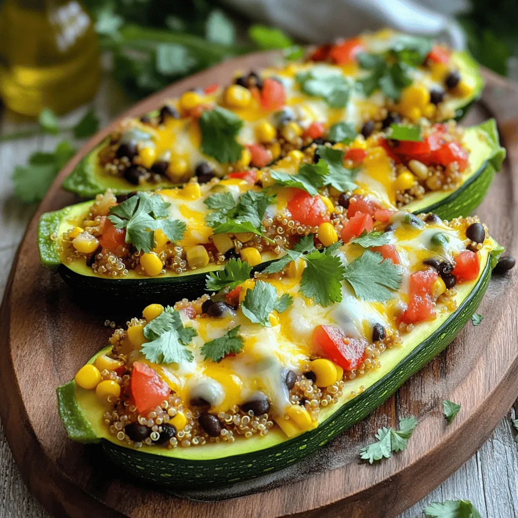 For these tasty veggie boats, you need: - 4 medium zucchinis - 1 cup cooked quinoa - 1 cup canned black beans, drained and rinsed - 1 cup corn kernels (fresh or frozen) - 1 red bell pepper, diced - 1 small onion, finely chopped - 2 cloves garlic, minced - 1 teaspoon cumin - 1 teaspoon smoked paprika - 1/2 teaspoon chili powder - 1 cup diced tomatoes (canned or fresh) - 1 cup shredded cheese (cheddar or mozzarella, or a dairy-free alternative) - Salt and pepper to taste - 2 tablespoons olive oil These ingredients create a filling that is both hearty and flavorful. Quinoa adds protein and fiber, while the black beans bring a nice texture. The spices elevate the flavor profile, making each bite a treat. To make your zucchini boats even better, consider these garnishes: - Fresh cilantro, chopped - A dollop of sour cream - Guacamole - Slices of avocado These toppings add freshness and creaminess. You can customize each plate based on personal taste. Let’s break down why these ingredients are good for you: - Zucchini: Low in calories and high in water, great for hydration. - Quinoa: A complete protein, it has all nine essential amino acids. - Black beans: Packed with fiber and protein, they help keep you full. - Bell peppers: Rich in vitamins A and C, they boost your immune system. - Olive oil: Contains healthy fats that support heart health. These ingredients come together not just for great taste but also for health benefits, making this dish a smart choice. For the full recipe, check out the details above. First, preheat your oven to 375°F (190°C). Grab the zucchinis and cut them in half lengthwise. This step makes the perfect boats. Use a spoon to scoop out the center. Save the scooped-out flesh for later. This adds flavor to your filling. Heat a skillet over medium heat. Add two tablespoons of olive oil. Next, toss in the finely chopped onion. Cook it for about 3-4 minutes until it turns clear. Then, add minced garlic and diced red bell pepper. Stir in the reserved zucchini flesh. Cook this mix for another 5 minutes. Now, stir in the cooked quinoa, black beans, corn, and diced tomatoes. Sprinkle in cumin, smoked paprika, chili powder, salt, and pepper. Let this cook for another 3-4 minutes. Remove it from heat and mix in half of the shredded cheese. This gives the filling a creamy touch. Take each zucchini half and fill it with the veggie-quinoa mix. Press down slightly to pack it in. Place the stuffed zucchini boats on a baking sheet. Top each with the rest of the shredded cheese. Now, it’s time to bake! Put the baking sheet in the oven for 25-30 minutes. You want the zucchinis to be tender and the cheese to melt and bubble. Once done, take them out and let them cool a bit. Garnish with fresh cilantro for a nice touch. You can find the full recipe [here](Full Recipe). To make perfect stuffed zucchini boats, choose medium zucchinis. They hold their shape well and are easy to scoop. Cut them in half lengthwise and use a spoon to create a boat. Leave a bit of flesh to keep the boat sturdy. When filling your boats, pack the mixture tightly. This helps the flavors meld and keeps the filling from falling out. Try to use fresh ingredients for the best taste. Fresh herbs can brighten the dish, while fresh tomatoes add juice and flavor. One mistake is overcooking the zucchini. Bake them until tender but not mushy. Check them often in the oven to avoid this. Another error is skipping the seasoning. Salt and pepper enhance the flavors of the filling, so don’t hold back. Also, make sure to drain canned beans and corn well. Excess moisture can make your filling soggy. Lastly, avoid undercooking the quinoa. It should be fluffy and fully cooked before adding it to your mix. Spices and herbs can elevate your zucchini boats. Cumin adds warmth, while smoked paprika gives a hint of smokiness. You can also add a pinch of chili powder for a spicy kick. Fresh herbs like cilantro and parsley work wonders. They add brightness and freshness. You can mix them into the filling or sprinkle them on top before serving. A squeeze of lime juice can also brighten the dish, making it more vibrant and tasty. For more tips and directions, check out the Full Recipe. {{image_2}} You can switch up the protein in your stuffed zucchini boats. Chickpeas add a nutty taste and creamy texture. Simply mash them or leave them whole, depending on your preference. Lentils are another great choice. They are rich in nutrients and fill you up. Use cooked green or brown lentils in your filling. Both options provide a great protein boost and keep the dish hearty. Making these zucchini boats vegan is simple. Just swap out the cheese for a dairy-free alternative. Many brands offer vegan cheese that melts well. You can also use nutritional yeast for a cheesy flavor without dairy. Ensure that you check labels on canned items like beans and tomatoes to keep them vegan-friendly. This way, anyone can enjoy this flavorful dish. Feel free to get creative with seasonal veggies! For a summer twist, add fresh corn and diced tomatoes. In autumn, use roasted squash and mushrooms for a warm flavor. You can even try spinach or kale for added greens. These swaps keep your zucchini boats fresh and exciting. Explore what’s in season at your local market for the best taste. For the complete method and ingredients, check out the Full Recipe. After enjoying your stuffed zucchini boats, store any leftovers in an airtight container. They stay fresh in the fridge for up to three days. To keep them tasty, let them cool first before sealing. You can also cover them with plastic wrap if you don’t have a container. If you want to save some for later, freezing is a great option. Place cooled zucchini boats in a freezer-safe dish. Use parchment paper between layers to prevent sticking. Seal the dish tightly with foil or a lid. They will stay good for about three months. When you’re ready to eat, thaw them in the fridge overnight. To reheat, place the zucchini boats in the oven at 350°F (175°C). Bake for about 15-20 minutes until heated through. You can also use a microwave. Heat for one to two minutes, checking often. For a crispy top, broil briefly after microwaving. Enjoy your meal again with that fresh taste! You can find the full recipe [here]. You can tell zucchini boats are done when they become tender. The cheese should melt and turn golden. A fork should pierce the zucchini easily. Baking them for 25-30 minutes at 375°F works great. Keep an eye on them to avoid overcooking. Yes, you can prepare stuffed zucchini boats ahead of time. Assemble the boats and store them in the fridge for up to 24 hours. Just cover them with plastic wrap or foil. When you're ready to cook, just pop them in the oven. They may need a few extra minutes to cook through. There are many great sides to pair with zucchini boats. You can serve a light salad with mixed greens. A side of garlic bread adds nice crunch. Quinoa or rice can also complement the dish well. For a fresh touch, try a dollop of sour cream or guacamole. Check out the Full Recipe for more ideas! In this article, we covered how to make tasty vegetarian stuffed zucchini boats. We started with the key ingredients and their health benefits, then moved on to step-by-step cooking instructions. You learned helpful tips to perfect your dish and how to avoid common mistakes. We explored variations, storage options, and answered frequently asked questions. Stuffed zucchini boats are truly flexible and fun to make. You can experiment with flavors and ingredients. Enjoy your cooking and share your delicious creations!