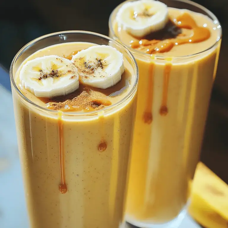 - 2 ripe bananas - 2 tablespoons natural peanut butter - 1 cup unsweetened almond milk - 1 tablespoon honey or maple syrup (optional) - 1/2 teaspoon vanilla extract - 1/4 teaspoon ground cinnamon - 1/2 cup rolled oats - Ice cubes (optional) To make a great peanut butter banana smoothie, you need fresh, simple ingredients. Ripe bananas are key. They add natural sweetness and creaminess. The peanut butter gives it that rich, nutty flavor. I prefer natural peanut butter for its pure taste and health benefits. Almond milk is my go-to for this recipe. It has a mild flavor and works well with bananas. You can also use regular milk or any plant-based milk you like. If you want to add some sweetness, honey or maple syrup is perfect. Remember, this is optional since the bananas are sweet enough. Vanilla extract brings a nice depth to the smoothie. A pinch of ground cinnamon adds warmth and flavor. The rolled oats not only thicken the smoothie but also add fiber, making it more filling. Lastly, ice cubes are great if you want a chilled, refreshing drink. This simple list of ingredients makes it easy to whip up a delicious smoothie. You can find the full recipe above for step-by-step guidance. 1. Start by peeling the ripe bananas. Place them in the blender. 2. Next, add the natural peanut butter and the unsweetened almond milk. If you like it sweeter, add honey. 3. Pour in the vanilla extract and sprinkle in the ground cinnamon. 1. Now, toss in the rolled oats. If you want a colder smoothie, add ice cubes too. 2. Blend everything on high until it’s smooth and creamy. This takes about 30 to 60 seconds. 3. Taste your smoothie. If you want it sweeter, add more honey or maple syrup. 1. Once blended, pour the smoothie into tall glasses. 2. For a nice touch, top it with a sprinkle of cinnamon or a few banana slices. You can even drizzle extra peanut butter on top for a pretty finish. This Peanut Butter Banana Bliss Smoothie is not just simple; it's also packed with flavor! Enjoy every sip. For the complete recipe, check out the Full Recipe. For a great peanut butter banana smoothie, use a high-powered blender. This type of blender makes your smoothie smooth and creamy. If your blender is not strong, you may end up with lumps. To ensure all ingredients blend well, scrape down the sides of the blender. This step helps mix everything evenly. The ripeness of your bananas matters. Ripe bananas are sweeter and creamier. They give your smoothie a rich taste. Green bananas can be starchy and less flavorful. Choose natural peanut butter for the best flavor. It has fewer additives and more pure peanut taste. Processed peanut butter can be sweet and thick, which may change the smoothie’s texture. If you want a sweeter smoothie, add more honey or maple syrup. This is especially helpful if your bananas are not very ripe. You can also use ripe bananas for natural sweetness. They often provide just the right amount of sugar without needing extra sweeteners. {{image_2}} If you need a nut-free option, try sunflower seed butter. This spread has a similar texture and taste to peanut butter. It is safe for those with nut allergies. Simply swap the peanut butter with two tablespoons of sunflower seed butter in your recipe. You will still enjoy a creamy and tasty smoothie! For a dairy-free smoothie, choose plant-based milk. Almond milk or oat milk works great in this recipe. Both give a nice flavor without dairy. You can also add a tablespoon of dairy-free yogurt. This extra ingredient makes the smoothie creamy and thick. It’s a perfect way to enhance the texture. Want to change up the flavor? Consider adding cocoa powder for a chocolate twist. Just one tablespoon will do the trick. This adds richness and makes the smoothie feel extra special. You can also mix in protein powder. This is a great way to boost the nutrition. It’s perfect for a post-workout snack or a meal replacement. Try these variations to make your Peanut Butter Banana Smoothie even more enjoyable! For the full recipe, check out the details above. Store any leftover peanut butter banana smoothie in the fridge. Use a clean, airtight container. This keeps it fresh for up to 24 hours. If you notice separation, give it a quick stir before drinking. You can also use mason jars or glass containers. They are great for keeping flavors intact. If you want to save your smoothie for later, freezing is a smart option. Pour the leftover smoothie into ice cube trays. Once frozen, transfer the cubes to a freezer bag. This way, you can use them in future smoothies or thaw them for a quick drink. To thaw, simply leave the cubes in the fridge overnight. If you’re in a hurry, place them in a bowl of warm water for a few minutes. Blend the thawed smoothie again for a creamy texture. Enjoy your delicious peanut butter banana smoothie later! Yes, you can make this smoothie ahead of time. To keep it fresh, blend the smoothie and store it in an airtight container. This way, it will stay good for about one day in the fridge. When you're ready to drink it, just stir or shake it well. If it separates, that's normal. You might also want to add a few ice cubes before serving for a chill. To make this smoothie vegan, simply use plant-based milk. Almond milk is a great choice, but you can also use oat, soy, or coconut milk. For sweetness, swap honey with maple syrup or agave nectar. Both options keep it plant-based while adding a nice touch of flavor. If you don't have bananas, don't worry! You can use frozen mango or frozen peaches instead. These fruits add sweetness and creaminess, just like bananas. Another option is to use avocado, which gives a rich texture. Just remember that the taste will change a bit, but it will still be delicious! This smoothie blends ripe bananas, peanut butter, and oats for a tasty treat. You can easily customize it with different nut butters or milk. Storing leftovers is simple, and you can even freeze the smoothie for later. If you want to prepare ahead, just follow the tips shared. Enjoy your smoothie adventure, and don't hesitate to try new flavors! Experimentation makes it fun and healthy. Your taste buds will thank you!