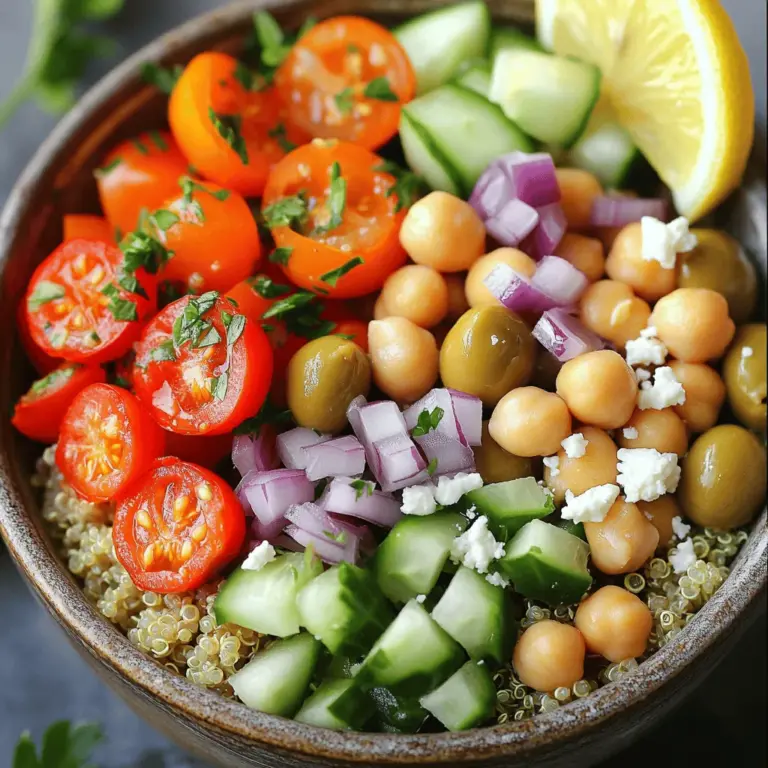 To make your Mediterranean Quinoa Bowl, gather the following items: - 1 cup quinoa, rinsed - 2 cups vegetable broth (or water) - 1 cup cherry tomatoes, halved - 1 cucumber, diced - 1 bell pepper (red or yellow), diced - 1 can (15 oz) chickpeas, rinsed and drained - 1/2 cup Kalamata olives, pitted and halved - 1/4 cup red onion, finely chopped - 1/4 cup fresh parsley, chopped - 1/4 cup feta cheese, crumbled (optional) - 3 tablespoons olive oil - Juice of 1 lemon - 1 teaspoon dried oregano - Salt and pepper to taste Each serving of this bowl has about: - Calories: 350 - Protein: 12g - Carbohydrates: 45g - Dietary Fiber: 10g - Fat: 15g This dish is rich in protein and fiber. It helps you feel full and satisfied. - Quinoa: This grain is a complete protein. It has all nine essential amino acids. It is also gluten-free, making it great for many diets. - Chickpeas: High in fiber and protein, chickpeas help support digestion and muscle growth. - Olives: These tasty fruits contain healthy fats, which are good for your heart. - Cherry Tomatoes: Packed with vitamins, they add flavor and color while boosting your immune system. - Cucumber: Low in calories, cucumbers are refreshing and hydrating. They keep you cool in warm weather. - Feta Cheese: If you choose to add feta, it gives a creamy texture and adds calcium. This Mediterranean Quinoa Bowl is not just tasty; it’s also a healthy choice for lunch. It offers a great mix of flavors and nutrients! For the full recipe, see the Full Recipe section. Start by rinsing the quinoa under cold water. This step helps remove the bitter coating. After rinsing, gather your vegetables. Dice the cucumber and bell pepper. Halve the cherry tomatoes. Drain and rinse the chickpeas. If you choose to use feta, crumble it into small pieces. Chop the parsley finely for a fresh touch. In a medium pot, combine the rinsed quinoa with vegetable broth or water. Place the pot over medium-high heat. Once it boils, lower the heat and cover the pot. Let it simmer for about 15 minutes. The quinoa should become fluffy and absorb all the liquid. After cooking, remove it from heat and let it cool for a few minutes. In a large mixing bowl, combine the chopped vegetables and chickpeas. Once the quinoa has cooled, add it to the bowl. This mix brings together all the bright flavors. In a small bowl, whisk olive oil, lemon juice, oregano, salt, and pepper. Pour this dressing over the quinoa mix and toss gently. If you want, sprinkle the crumbled feta on top. Serve your Mediterranean quinoa bowl with a lemon wedge for that extra zing. For the full recipe, check the earlier section. To get the best quinoa, rinse it well. This step removes the bitter coating called saponin. Use a fine mesh strainer for this task. I recommend using vegetable broth for cooking. It adds flavor and depth to the dish. Cook the quinoa until it is fluffy and the tiny spirals appear. This means it's ready! You can boost the taste with simple tricks. Add more herbs like basil or mint for freshness. A pinch of red pepper flakes brings warmth if you like spice. Try using lemon zest along with the juice for extra zing. Don't forget to taste and adjust the seasoning. A little more salt or pepper can make a big difference. Serve your quinoa bowl in a colorful dish. This makes it look appealing. Add a lemon wedge on the side for a pop of color. Drizzle more olive oil on top for richness. If you're feeling fancy, sprinkle some extra feta cheese. You can also pair it with pita bread or hummus for a complete lunch. Enjoy this meal warm or cold. It’s perfect for any time of day! For the complete recipe, check the Full Recipe section. {{image_2}} You can easily make this bowl vegan. Simply skip the feta cheese. You can replace it with avocado or a nut-based cheese. These options add creaminess without dairy. You can also include more beans like black beans or kidney beans. They boost protein and fiber, making the dish even healthier. If you want extra protein, consider adding grilled chicken or shrimp. These options fit well with the Mediterranean theme. You can also use tofu or tempeh for a plant-based protein boost. Just season them with salt, pepper, and some herbs before cooking. This adds flavor and makes the meal more filling. Feel free to change up the vegetables based on what’s in season. In spring, use asparagus and peas for a fresh taste. Summer is great for zucchini and corn. In fall, add roasted sweet potatoes or butternut squash for warmth. Winter vegetables like kale or Brussels sprouts can add a nice crunch. Use the [Full Recipe] as a guide and have fun experimenting! To keep your Mediterranean quinoa bowl fresh, store it in an airtight container. This helps prevent moisture and keeps the flavors intact. Place the container in the fridge. It will stay fresh for about three to five days. If you notice any odd smells or colors, it’s best to toss it. When you're ready to enjoy the leftovers, use the microwave. Place your quinoa bowl in a microwave-safe dish. Cover it with a damp paper towel to keep it moist. Heat it for about 1 to 2 minutes, stirring halfway through. If you prefer, you can also reheat it on the stove. Just add a splash of water or broth in a pan. Heat over low until warm. You can freeze the Mediterranean quinoa bowl, but some ingredients may change in texture. To freeze, separate the quinoa from the fresh veggies. Place the quinoa in a freezer-safe bag. It will last for up to three months. When ready to eat, thaw it overnight in the fridge. Then, reheat and add fresh veggies before serving. Enjoy your meal! For the full recipe, check the recipe list above. Yes, you can make this dish ahead of time. It tastes even better when the flavors blend. Prepare the quinoa and mix in the veggies. Store the bowl in the fridge. Just add the dressing right before you eat. This keeps everything fresh and tasty. If you want a substitute, try couscous or farro. Both options have a nice texture. You can also use brown rice for a gluten-free option. Just remember to adjust cooking times, as each grain cooks differently. Always rinse your grains before cooking for the best flavor. To store leftovers, place them in an airtight container. Keep them in the fridge for up to three days. If you want to save them longer, freeze the quinoa bowl. Just remember to thaw it overnight in the fridge before reheating. Always check for freshness before eating. Quinoa is a great, healthy dish with many benefits. We explored the key ingredients and their nutrition. You learned how to cook and combine them step by step. Tips for perfecting your quinoa will make it shine. You can also try fun variations for fun meals. Finally, we discussed safe storage and reheating methods. Now, you have all you need to enjoy your meals. Get creative, and make this dish your own!