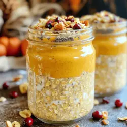 When making pumpkin spice overnight oats, you need simple, fresh ingredients. Here’s a list for you: - 1 cup rolled oats - 1 cup unsweetened almond milk - 1/2 cup pure pumpkin puree - 1 tablespoon chia seeds - 2 tablespoons maple syrup (or honey) - 1 teaspoon pumpkin spice blend - 1/2 teaspoon vanilla extract - A pinch of salt - Optional toppings: chopped nuts, dried cranberries, or whipped coconut cream These ingredients come together to create a warm, cozy flavor. The oats give a great base, while the pumpkin adds creaminess. Chia seeds thicken the mixture and boost nutrition. Maple syrup adds sweetness, and the pumpkin spice blend brings that fall vibe. I love using unsweetened almond milk, but you can use any milk you like. The optional toppings let you customize each bowl. You can add nuts for crunch or cranberries for a pop of tartness. Whipped coconut cream makes it extra special! This recipe is quick to prepare and can feed two people. You can find the full recipe for more details on how to make these delightful overnight oats. To make pumpkin spice overnight oats, start by gathering your ingredients. In a large bowl, combine the following: - 1 cup rolled oats - 1 cup unsweetened almond milk - 1/2 cup pure pumpkin puree - 1 tablespoon chia seeds - 2 tablespoons maple syrup (or honey) - 1 teaspoon pumpkin spice blend - 1/2 teaspoon vanilla extract - A pinch of salt Mix these ingredients thoroughly. You want the oats to soak up all the flavor. Once everything is well combined, divide the mixture evenly into mason jars or airtight containers. This makes it easy to grab in the morning. After you fill the jars, seal them tightly. Place them in the fridge overnight. If you’re short on time, let them soak for at least 4 hours. This resting period helps the oats soften and absorb the pumpkin spice goodness. When you’re ready to enjoy your oats, stir them well. If the oats feel too thick, add a splash of almond milk to adjust the consistency. This will make them creamy and delightful. Feel free to add your favorite toppings for extra flavor and texture. Some great options include chopped nuts, dried cranberries, or a dollop of whipped coconut cream. Each topping adds a unique twist to your pumpkin spice overnight oats, making every bite a treat. For the complete recipe, check out the [Full Recipe]. To make the best pumpkin spice overnight oats, start with rolled oats. They soak up liquid well and give a nice texture. You can adjust the sweetness to fit your taste. If you like things sweeter, add more maple syrup or honey. You can also try different milk alternatives, such as oat or soy milk, to find your favorite flavor. Serving your oats in clear jars is a great way to show off their beautiful layers. The colors of the pumpkin and spices look lovely together. You can also garnish your oats with a sprinkle of pumpkin spice and a handful of chopped nuts. This adds a nice touch and makes your breakfast look fancy. Pumpkin spice overnight oats are not just tasty; they are also healthy. Oats are high in fiber, which helps keep you full longer. Chia seeds add more fiber and omega-3 fatty acids. Together, these ingredients make a nutritious breakfast that fuels your day. Enjoy your healthy and delicious meal knowing you made a smart choice! {{image_2}} When you make pumpkin spice overnight oats, you can easily mix things up. Here are some fun ideas to try. Adding cranberries gives a festive touch. Their tartness pairs well with sweet oats. You can sprinkle dried cranberries on top before serving. They add color and flavor. Using different nut butters can change the taste too. Almond butter, peanut butter, or sunflower seed butter work great. Each nut butter brings its own unique flavor. If you want vegan options, use plant-based milk. Almond milk, coconut milk, or oat milk are perfect choices. They keep your oats creamy without dairy. To make it gluten-free, ensure your oats are certified gluten-free. This way, everyone can enjoy your tasty dish without worry. You can experiment with various spices to boost the flavor. Try adding a pinch of nutmeg or allspice. These spices give a warm and cozy taste. Adding chocolate or fruits can also give a fun twist. You might mix in dark chocolate chips or sliced bananas. Both options make your oats even more delicious. With these variations, your pumpkin spice overnight oats can be a new treat every time. Check out the Full Recipe for more ideas! Pumpkin spice overnight oats stay fresh in the fridge for up to five days. This makes them great for meal prep. To keep your oats tasty, use airtight containers. This helps prevent any moisture or odors from spoiling your dish. I recommend mason jars. They seal well and look pretty, too! You can freeze your overnight oats if you want to store them longer. They will keep for about three months in the freezer. To freeze, portion your oats into containers. Make sure to leave a little room at the top. This allows for expansion as they freeze. When you're ready to eat, simply thaw overnight in the fridge. If you want to enjoy them warm, you can microwave them for about a minute. Stir well and enjoy! Making larger batches of pumpkin spice overnight oats is easy. Just multiply the ingredient amounts by how many servings you need. For example, if you want to make four servings, use four cups of oats and four cups of milk. This method saves time and keeps your mornings stress-free. You can also mix in different toppings or flavors to keep things exciting! Pumpkin spice overnight oats are a quick, healthy breakfast. They mix rolled oats with pumpkin, spices, and milk. You prepare them the night before, so they are ready to eat in the morning. This recipe is creamy, flavorful, and perfect for fall. It's simple to make and packed with nutrients. You can store pumpkin spice overnight oats in the fridge for up to five days. Keep them in airtight containers to maintain freshness. If you notice any change in smell or texture, it’s best to toss them out. Always check before eating! Yes, you can use quick oats, but the texture will differ. Quick oats cook faster and are finer than rolled oats. This means your oats may become mushy. If you prefer a firmer texture, stick with rolled oats. They hold up better during soaking. Absolutely! To make it vegan, use plant-based milk like almond or oat milk. Replace honey with maple syrup. This keeps all the flavors while adhering to a vegan diet. You won’t miss the dairy at all in this delicious dish. If you can't find pumpkin puree, try using butternut squash puree or sweet potato puree. Both give a similar taste and texture. You can also use applesauce for a different flavor twist. Just ensure it is unsweetened to control sugar levels in the recipe. For the complete recipe, be sure to check the Full Recipe section! Pumpkin spice overnight oats are easy and fun to make. You mix simple ingredients like oats, almond milk, pumpkin puree, and chia seeds. After letting them soak, you can enjoy a nutritious breakfast. You also learned ways to customize flavors and store them for later. Try different toppings and flavors to keep meals interesting. This recipe makes a healthy choice for busy mornings. Enjoy the flavor and benefits of these overnight oats!