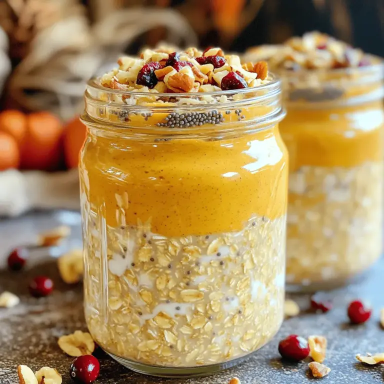 When making pumpkin spice overnight oats, you need simple, fresh ingredients. Here’s a list for you: - 1 cup rolled oats - 1 cup unsweetened almond milk - 1/2 cup pure pumpkin puree - 1 tablespoon chia seeds - 2 tablespoons maple syrup (or honey) - 1 teaspoon pumpkin spice blend - 1/2 teaspoon vanilla extract - A pinch of salt - Optional toppings: chopped nuts, dried cranberries, or whipped coconut cream These ingredients come together to create a warm, cozy flavor. The oats give a great base, while the pumpkin adds creaminess. Chia seeds thicken the mixture and boost nutrition. Maple syrup adds sweetness, and the pumpkin spice blend brings that fall vibe. I love using unsweetened almond milk, but you can use any milk you like. The optional toppings let you customize each bowl. You can add nuts for crunch or cranberries for a pop of tartness. Whipped coconut cream makes it extra special! This recipe is quick to prepare and can feed two people. You can find the full recipe for more details on how to make these delightful overnight oats. To make pumpkin spice overnight oats, start by gathering your ingredients. In a large bowl, combine the following: - 1 cup rolled oats - 1 cup unsweetened almond milk - 1/2 cup pure pumpkin puree - 1 tablespoon chia seeds - 2 tablespoons maple syrup (or honey) - 1 teaspoon pumpkin spice blend - 1/2 teaspoon vanilla extract - A pinch of salt Mix these ingredients thoroughly. You want the oats to soak up all the flavor. Once everything is well combined, divide the mixture evenly into mason jars or airtight containers. This makes it easy to grab in the morning. After you fill the jars, seal them tightly. Place them in the fridge overnight. If you’re short on time, let them soak for at least 4 hours. This resting period helps the oats soften and absorb the pumpkin spice goodness. When you’re ready to enjoy your oats, stir them well. If the oats feel too thick, add a splash of almond milk to adjust the consistency. This will make them creamy and delightful. Feel free to add your favorite toppings for extra flavor and texture. Some great options include chopped nuts, dried cranberries, or a dollop of whipped coconut cream. Each topping adds a unique twist to your pumpkin spice overnight oats, making every bite a treat. For the complete recipe, check out the [Full Recipe]. To make the best pumpkin spice overnight oats, start with rolled oats. They soak up liquid well and give a nice texture. You can adjust the sweetness to fit your taste. If you like things sweeter, add more maple syrup or honey. You can also try different milk alternatives, such as oat or soy milk, to find your favorite flavor. Serving your oats in clear jars is a great way to show off their beautiful layers. The colors of the pumpkin and spices look lovely together. You can also garnish your oats with a sprinkle of pumpkin spice and a handful of chopped nuts. This adds a nice touch and makes your breakfast look fancy. Pumpkin spice overnight oats are not just tasty; they are also healthy. Oats are high in fiber, which helps keep you full longer. Chia seeds add more fiber and omega-3 fatty acids. Together, these ingredients make a nutritious breakfast that fuels your day. Enjoy your healthy and delicious meal knowing you made a smart choice! {{image_2}} When you make pumpkin spice overnight oats, you can easily mix things up. Here are some fun ideas to try. Adding cranberries gives a festive touch. Their tartness pairs well with sweet oats. You can sprinkle dried cranberries on top before serving. They add color and flavor. Using different nut butters can change the taste too. Almond butter, peanut butter, or sunflower seed butter work great. Each nut butter brings its own unique flavor. If you want vegan options, use plant-based milk. Almond milk, coconut milk, or oat milk are perfect choices. They keep your oats creamy without dairy. To make it gluten-free, ensure your oats are certified gluten-free. This way, everyone can enjoy your tasty dish without worry. You can experiment with various spices to boost the flavor. Try adding a pinch of nutmeg or allspice. These spices give a warm and cozy taste. Adding chocolate or fruits can also give a fun twist. You might mix in dark chocolate chips or sliced bananas. Both options make your oats even more delicious. With these variations, your pumpkin spice overnight oats can be a new treat every time. Check out the Full Recipe for more ideas! Pumpkin spice overnight oats stay fresh in the fridge for up to five days. This makes them great for meal prep. To keep your oats tasty, use airtight containers. This helps prevent any moisture or odors from spoiling your dish. I recommend mason jars. They seal well and look pretty, too! You can freeze your overnight oats if you want to store them longer. They will keep for about three months in the freezer. To freeze, portion your oats into containers. Make sure to leave a little room at the top. This allows for expansion as they freeze. When you're ready to eat, simply thaw overnight in the fridge. If you want to enjoy them warm, you can microwave them for about a minute. Stir well and enjoy! Making larger batches of pumpkin spice overnight oats is easy. Just multiply the ingredient amounts by how many servings you need. For example, if you want to make four servings, use four cups of oats and four cups of milk. This method saves time and keeps your mornings stress-free. You can also mix in different toppings or flavors to keep things exciting! Pumpkin spice overnight oats are a quick, healthy breakfast. They mix rolled oats with pumpkin, spices, and milk. You prepare them the night before, so they are ready to eat in the morning. This recipe is creamy, flavorful, and perfect for fall. It's simple to make and packed with nutrients. You can store pumpkin spice overnight oats in the fridge for up to five days. Keep them in airtight containers to maintain freshness. If you notice any change in smell or texture, it’s best to toss them out. Always check before eating! Yes, you can use quick oats, but the texture will differ. Quick oats cook faster and are finer than rolled oats. This means your oats may become mushy. If you prefer a firmer texture, stick with rolled oats. They hold up better during soaking. Absolutely! To make it vegan, use plant-based milk like almond or oat milk. Replace honey with maple syrup. This keeps all the flavors while adhering to a vegan diet. You won’t miss the dairy at all in this delicious dish. If you can't find pumpkin puree, try using butternut squash puree or sweet potato puree. Both give a similar taste and texture. You can also use applesauce for a different flavor twist. Just ensure it is unsweetened to control sugar levels in the recipe. For the complete recipe, be sure to check the Full Recipe section! Pumpkin spice overnight oats are easy and fun to make. You mix simple ingredients like oats, almond milk, pumpkin puree, and chia seeds. After letting them soak, you can enjoy a nutritious breakfast. You also learned ways to customize flavors and store them for later. Try different toppings and flavors to keep meals interesting. This recipe makes a healthy choice for busy mornings. Enjoy the flavor and benefits of these overnight oats!