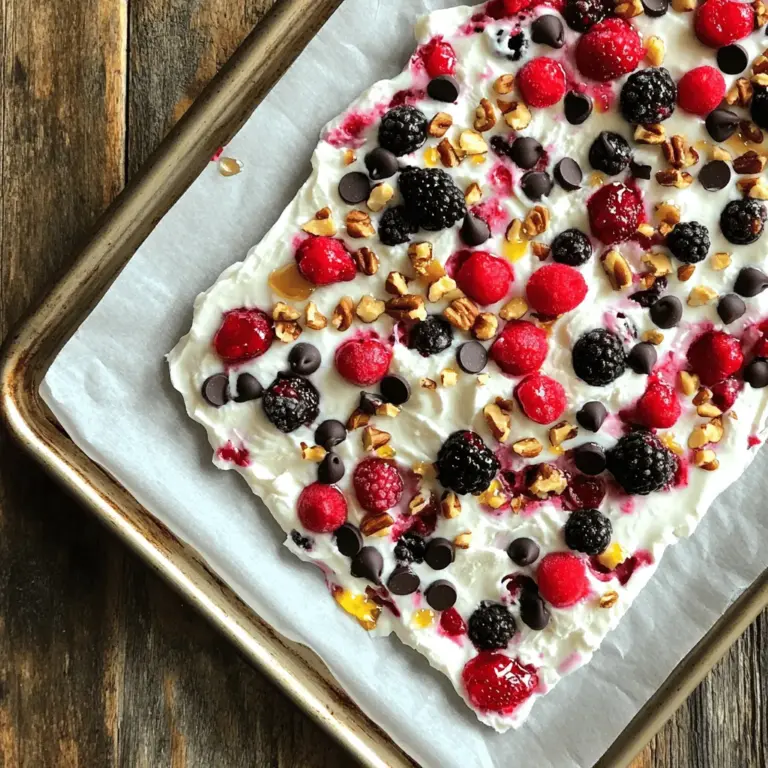 - 2 cups plain Greek yogurt - 2 tablespoons honey or maple syrup - 1 teaspoon vanilla extract For this recipe, Greek yogurt is key. It gives your bark a creamy texture. You can sweeten it with either honey or maple syrup. I find honey adds a nice floral hint. The vanilla extract brings warmth and depth to the flavor. - 1 cup mixed berries (strawberries, blueberries, raspberries) - Tips for choosing fresh vs. frozen berries Berries are a fantastic topping. They add color and sweetness. I like using a mix of strawberries, blueberries, and raspberries. Fresh berries taste great, but frozen ones work too. When buying fresh berries, look for bright colors and firm textures. If you go frozen, choose ones without added sugar. They should be plump and whole. - 1/4 cup dark chocolate chips - 1/4 cup chopped nuts (almonds, walnuts, or pecans) For added crunch and flavor, consider optional toppings. Dark chocolate chips add a sweet bite. Chopped nuts give a nice crunch. You can use almonds, walnuts, or pecans. These add texture and extra nutrients. Feel free to skip them if you prefer. For the full recipe, check the details above. - Step 1: Mix the yogurt, honey, and vanilla extract In a medium bowl, combine 2 cups of plain Greek yogurt, 2 tablespoons of honey, and 1 teaspoon of vanilla extract. Stir until the mixture is smooth and well mixed. This blend creates a creamy base for your bark. - Step 2: Prepare the baking sheet with parchment paper Line a baking sheet with parchment paper. This makes it easy to remove the bark later. Make sure the paper covers the entire surface. - Step 3: Spread the yogurt mixture on the baking sheet Pour the yogurt mix onto the baking sheet. Use a spatula to spread it evenly to about 1/4 inch thick. This thickness allows for a nice texture when frozen. - Step 4: Add mixed berries and optional toppings Now, take 1 cup of mixed berries and scatter them over the yogurt. Gently press the berries into the yogurt. If you like, you can add 1/4 cup of dark chocolate chips and 1/4 cup of chopped nuts for extra crunch and flavor. - Step 5: Freeze for at least 4 hours Place the baking sheet in the freezer. Freeze it for at least 4 hours until the yogurt is solid. This step is key for the perfect bark texture. - Step 6: Break into pieces and enjoy Once frozen, take the baking sheet out of the freezer. Remove the yogurt bark from the parchment. Break it into pieces and enjoy your delicious treat! You can store any leftovers in an airtight container in the freezer. For the full recipe, check out the complete details. To get the best texture, use full-fat Greek yogurt. It gives a creamier feel. Mix the yogurt, honey, and vanilla well. This helps blend the flavors evenly. For sweeteners, honey adds a nice taste. Maple syrup is a great choice too, especially for a vegan option. You can pair this bark with yogurt for a fun dip. It also goes well with fruit dips. If you have friends over, cut the bark into fun shapes. Serve it on a colorful platter with fresh fruit. This makes a great party treat! To avoid freezer burn, wrap the bark well. Use plastic wrap or an airtight container. Glass containers work well too. Make sure to keep it sealed tight. This keeps the bark fresh and tasty. {{image_2}} You can switch up the yogurt for more flavor. Try using vanilla, strawberry, or coconut yogurt. These flavored yogurts add a fun twist to your bark. If you want a dairy-free option, go for almond, soy, or coconut yogurt. They work just as well and taste great. Get creative with your toppings! Besides berries, you can use sliced bananas, kiwi, or mango. Nuts such as pistachios or hazelnuts add crunch. For a sweet treat, add granola or shredded coconut. If you like savory, consider adding a sprinkle of sea salt or crushed pretzels. You can easily adapt this recipe for each season. In the fall, try pumpkin spice yogurt with pecans. For winter, add crushed candy canes for a festive flair. In summer, use fresh peaches or cherries. For spring, consider adding a mix of fresh herbs like mint. This keeps the recipe fresh and exciting all year round. Don't forget to check out the Full Recipe for more ideas! To store frozen yogurt bark, wrap it well. Use plastic wrap or foil to cover it. You can also place it in an airtight container. This helps keep out air and moisture. Store it in the freezer immediately after making. For the best taste and texture, eat it within two weeks. After that, it may lose some flavor and become icy. If you have extra yogurt or berries, don’t waste them! You can make small yogurt cups. Just mix yogurt with any leftover berries. Pour them into small cups and freeze. This gives you easy snacks later. You can also blend the berries into smoothies. This way, you use every bit and reduce waste. Frozen yogurt bark can last in the freezer for about two to three months. After that, it may still be safe to eat, but the quality will drop. Look for signs of spoilage, such as freezer burn or odd smells. If you see any ice crystals on the bark, it’s time to toss it out. Enjoy your delicious treat while it’s fresh! How long does it take to freeze? It takes about 4 hours to freeze yogurt bark fully. The yogurt needs time to harden. If you want it ready sooner, you can cut it into smaller pieces. This will help it freeze faster. Can I use different types of yogurt? Yes, you can use different yogurts. Greek yogurt gives a nice texture. You can also try dairy-free options like coconut or almond yogurt. Each type adds its own flavor and creaminess. Caloric count per serving Each serving of the yogurt bark has about 120 calories. This makes it a great snack or dessert without too much guilt. Keep in mind that added toppings may change the count. Health benefits of the main ingredients - Yogurt: Great source of protein and calcium. It helps with digestion. - Berries: Packed with vitamins, fiber, and antioxidants. They support heart health. - Honey: A natural sweetener with some nutrients. It can boost energy. What to do if the bark is too hard If your bark turns out too hard, let it sit at room temperature for a few minutes. This will soften it just enough to break apart easily. You can also cut it into smaller pieces before freezing to control the texture. Substitutions for allergy concerns If you have allergies, use alternatives. Swap honey for agave syrup if you are vegan. For nut allergies, skip the nuts or use seeds like pumpkin or sunflower. Always read labels to avoid hidden allergens. You learned how to make a delicious yogurt bark with simple steps. Using Greek yogurt, honey, and fresh berries gives tasty results. You can add chocolate or nuts for extra flavor. Remember to freeze it well for the best texture. Make this recipe your own by trying different fruits or yogurt types. Finally, store your yogurt bark properly to keep it fresh. Enjoy your tasty treat anytime, and impress friends with your new skills!