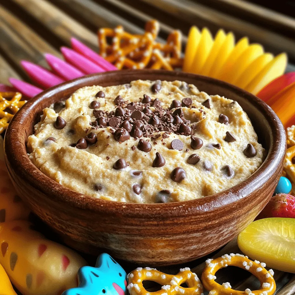 To make the best chocolate chip cookie dough dip, gather these key ingredients: - 1 cup all-purpose flour (heat-treated for safety) - 1/2 cup unsalted butter, softened - 1/2 cup brown sugar, packed - 1/4 cup granulated sugar - 1 teaspoon vanilla extract - 1/2 teaspoon salt - 1 cup cream cheese, softened - 1/2 cup powdered sugar - 1 cup mini chocolate chips - Optional: assorted dippers (animal crackers, pretzels, fresh fruit) These ingredients create a rich and creamy dip. The mini chocolate chips add a delightful crunch. The combination of brown and granulated sugar gives it that sweet cookie flavor. If you have allergies or dietary needs, you can make some swaps: - Use gluten-free flour for those with gluten issues. - Substitute dairy-free butter and cream cheese for a vegan option. - Try coconut sugar instead of brown sugar for a lower glycemic index. - For a nut-free version, ensure your dippers are safe from cross-contamination. These substitutions help everyone enjoy this tasty treat. To enjoy the chocolate chip cookie dough dip, consider these fun dippers: - Animal crackers - Pretzels - Fresh fruit like apples or strawberries - Graham crackers - Mini cookies These dippers add flavor and texture. They make every bite a new experience! Want to try the full recipe? Check out the Full Recipe link for more details on making this delicious dip. To start, you need to heat-treat the flour for safety. Preheat your oven to 350°F (175°C). Spread 1 cup of all-purpose flour evenly on a baking sheet. Bake it for 5-7 minutes. Let it cool completely before you use it in the dip. This step helps kill any harmful bacteria. Next, we’ll cream the butter and sugars. In a large bowl, add 1/2 cup of softened unsalted butter, 1/2 cup of brown sugar, and 1/4 cup of granulated sugar. Use an electric mixer to beat these together until they become light and fluffy. This process usually takes about 2-3 minutes. It helps create a nice texture for your dip. Now, it's time to mix all the ingredients. Start by adding 1 cup of softened cream cheese, 1 teaspoon of vanilla extract, and 1/2 teaspoon of salt to the butter and sugar mix. Beat until smooth and creamy. Next, gradually add your cooled heat-treated flour, mixing until it's combined. Scrape down the sides of the bowl as needed. Once it’s well blended, stir in 1/2 cup of powdered sugar. Finally, fold in 1 cup of mini chocolate chips with a spatula. This adds that delicious chocolatey goodness. For the full recipe, check the ingredients and steps in the earlier section. Enjoy making this delightful dip! To achieve a creamy texture, start with softened butter and cream cheese. Cold ingredients can create lumps. Mix them until fluffy. Use an electric mixer for the best results. Gradually add the heat-treated flour, blending slowly. This helps keep the dip light and smooth. Don't rush this step. If it's too thick, add a splash of milk. When using flour, always heat-treat it first. This step makes it safe to eat raw. Spread the flour on a baking sheet and bake it. Let it cool completely before mixing. Store your dip in an airtight container. This keeps it fresh and safe. Always refrigerate any leftovers right away. For parties, presentation matters. Transfer the dip to a nice bowl. Sprinkle extra mini chocolate chips on top for flair. Offer a variety of dippers. Animal crackers, pretzels, and fresh fruit work well. Arrange them on a platter around the dip. This invites guests to dive right in. Make sure to have enough for everyone to enjoy. {{image_2}} You can make this dip even more fun with different flavors. Try adding peanut butter for a nutty twist. Just mix in 1/4 cup of creamy peanut butter when you add the cream cheese. You can also add a splash of almond extract instead of vanilla for a unique taste. For a fun crunch, mix in some chopped nuts or toffee bits. These add-ins will make your dip more exciting and full of flavor! If you're looking for healthier options, I have a few ideas. Substitute the cream cheese with Greek yogurt for a lighter dip. You can also use coconut sugar instead of brown sugar for a lower glycemic index. If you want to cut calories, reduce the mini chocolate chips to 1/2 cup. You can even add some ground flaxseed for added fiber. These swaps keep the taste amazing while making it a bit healthier. You can change the dip based on the season. In the fall, add pumpkin spice for a cozy flavor. Mix in 1/2 teaspoon of pumpkin spice when you add the vanilla. During the winter holidays, try adding crushed candy canes for a minty kick. For summer, mix in some fresh berries or citrus zest for a bright, fresh taste. These seasonal changes can make your dip a hit at any gathering! To keep your chocolate chip cookie dough dip fresh, store it in an airtight container. This helps keep the dip moist and prevents it from absorbing any other smells in the fridge. I recommend chilling it for at least 30 minutes before serving. It tastes even better when cold! You can freeze this dip for later enjoyment. Place it in a freezer-safe container. Make sure to leave some space at the top, since it may expand when frozen. When you’re ready to eat it, just thaw it in the fridge overnight. It will taste great after thawing. In the fridge, this dip lasts about 5 to 7 days. Check for any off smells or changes in texture before enjoying it again. If you freeze it, it can last for up to 3 months. Just remember, the longer it sits, the more the texture may change. Always enjoy it fresh for the best experience! No, I do not recommend eating the dip without cooking the flour. Raw flour may have harmful bacteria. Heat-treating the flour kills those bacteria, making it safe to eat. It’s a simple step that adds safety to your fun treat. You can make this dip healthier in a few easy ways: - Use low-fat cream cheese instead of regular. - Swap granulated sugar for a sugar substitute. - Add Greek yogurt for extra protein and creaminess. These changes keep the taste delicious while making it lighter. You can use many fun dippers! Here are some ideas: - Animal crackers for a sweet crunch. - Pretzels for a salty twist. - Fresh fruit like strawberries or apple slices for a fresh taste. These options add different flavors and textures to enjoy with the dip. Yes, you can easily make this dip vegan! Here’s how: - Use vegan butter instead of regular butter. - Replace cream cheese with a plant-based cream cheese. - Use maple syrup or coconut sugar in place of granulated sugar. These swaps make the dip vegan-friendly while still being tasty. You can keep the dip in the fridge for up to five days. Store it in an airtight container to keep it fresh. Just give it a stir before serving again. This way, you can enjoy your treat for days! You now know how to make a delicious chocolate chip cookie dough dip. We covered all the essential ingredients and the steps to mix them perfectly. You learned tips for a creamier dip and how to store it safely. Plus, we explored fun variations and creative dippers. This dip suits any gathering. With these easy steps, you can impress your friends and family. Enjoy making this treat at home!