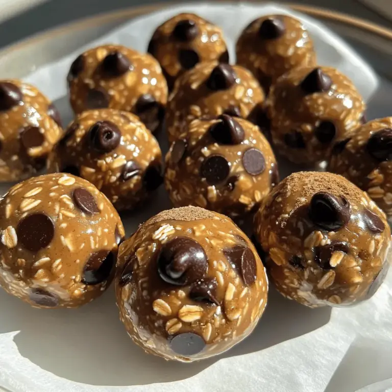 To make these tasty Peanut Butter Chocolate Chip Energy Bites, you will need: - 1 cup natural peanut butter - 1 cup rolled oats - 1/2 cup honey or maple syrup - 1/2 cup chocolate chips (semi-sweet or dark) - 1/2 cup ground flaxseed - 1 teaspoon vanilla extract - 1/4 teaspoon cinnamon - A pinch of salt If you need to swap some ingredients, here are great options: - Use almond butter instead of peanut butter for a nut-free version. - Swap honey for agave syrup if you want a vegan option. - Use quick oats instead of rolled oats if you're short on time. - Replace chocolate chips with dried fruit for a healthier twist. Each ingredient brings its own health perks: - Natural peanut butter provides protein and healthy fats. - Rolled oats are high in fiber and help with digestion. - Honey or maple syrup offer natural sweetness and energy. - Chocolate chips add a touch of joy and antioxidants. - Ground flaxseed is rich in omega-3 fatty acids and fiber. - Vanilla extract can enhance mood and flavor. - Cinnamon has anti-inflammatory properties and adds warmth. - Salt helps balance flavors and enhance taste. These bites are not just delicious; they fuel your day with good nutrition. For the full recipe, check out the details above. Enjoy crafting these energy bites! To start, grab a large mixing bowl. Add 1 cup of natural peanut butter, 1/2 cup of honey or maple syrup, and 1 teaspoon of vanilla extract. Mix these until smooth. Next, add 1 cup of rolled oats, 1/2 cup of ground flaxseed, and a pinch of salt. Sprinkle in 1/4 teaspoon of cinnamon for extra flavor. Stir until all the dry ingredients blend well. Finally, fold in 1/2 cup of chocolate chips. When mixing, use a sturdy spatula or wooden spoon. It helps combine the sticky peanut butter and syrup. If the mix feels too dry, add a tiny bit of water. To form bites, use your hands or a small cookie scoop. Aim for about 1 inch in diameter. If your hands get sticky, wet them slightly. This makes it easier to roll the bites without mess. After forming the bites, place them on a parchment-lined baking sheet or plate. Put them in the fridge for at least 30 minutes. Chilling helps them firm up, so they hold their shape well. Store the energy bites in an airtight container in the fridge. They can last for up to a week. For the full recipe, be sure to check the details above. To make perfect energy bites, focus on the right mix. Use natural peanut butter for the best taste. Make sure to mix the wet and dry ingredients well. This helps every bite have a good flavor. Form the mixture into small balls, about one inch wide. This size is easy to eat and great for snacks. If you want your bites sweeter, adjust the sweetness level. Use more honey or maple syrup. You can also add a bit of brown sugar. If you like less sweetness, cut back on the sweetener. You can still enjoy the rich peanut butter and chocolate flavor. Having the right tools makes cooking easy. A large mixing bowl is a must for combining ingredients. You’ll need a cookie scoop or your hands to shape the bites. A parchment-lined baking sheet helps with easy cleanup. A fridge helps set the bites, making them firmer. Check out the Full Recipe for a complete guide! {{image_2}} You can easily make these bites vegan. Just swap honey for maple syrup. This change keeps them sweet without any animal products. Make sure your chocolate chips are dairy-free too. Look for brands that offer dark chocolate without milk. This way, you enjoy the same great taste while keeping it plant-based. For a gluten-free twist, use certified gluten-free oats. Regular oats may have gluten traces. Ground flaxseed is naturally gluten-free, so you're safe there. These small changes keep your energy bites delicious and safe for gluten-free diets. Want to mix it up? Add some chopped nuts for crunch. Walnuts or almonds work great. You can also toss in dried fruits like cranberries or apricots. These add sweetness and chewiness. Another fun idea is to add a scoop of protein powder. This makes the bites even more filling and nutritious. For the full recipe, check out the Peanut Butter Chocolate Chip Energy Bites 🥜 recipe above. To keep your Peanut Butter Chocolate Chip Energy Bites fresh, place them in an airtight container. Store the container in the fridge. This helps maintain their texture and flavor. They will last up to a week when stored correctly. You can also layer parchment paper between bites to prevent sticking. If you want to keep them longer, freezing is a great option. Simply place the energy bites in a freezer-safe bag or container. Make sure to separate layers with parchment paper. They can last for up to three months in the freezer. When you're ready to enjoy, just take out a few and let them thaw. Check for any off smells or visible mold. If they feel sticky or slimy, toss them. A change in texture may mean they are no longer good. Always trust your senses. When in doubt, it’s best to throw them out. Peanut Butter Chocolate Chip Energy Bites last about a week in the fridge. Keep them in an airtight container to keep them fresh. If you want to store them longer, you can freeze them. Just make sure to wrap them well. They can last up to three months in the freezer. Yes, you can make these bites ahead of time. They are great for meal prep! Just make a big batch and store them in the fridge or freezer. When you need a quick snack, grab a few. They are perfect for busy days or after workouts. You can find premade energy bites at many grocery stores. Look in the health food section. Some brands offer different flavors, too. However, making them at home is easy and fun! You can control the ingredients and flavors. Check out the Full Recipe to get started! In this blog post, we explored how to make delicious energy bites. I shared key ingredients and their health benefits. You learned easy steps for preparing and mixing your bites. We also discussed tips for storage and how to adjust flavors. Remember, you can modify recipes to suit your taste and needs. Enjoy making energy bites that fit your diet and lifestyle! Eating healthy can be simple and fun.