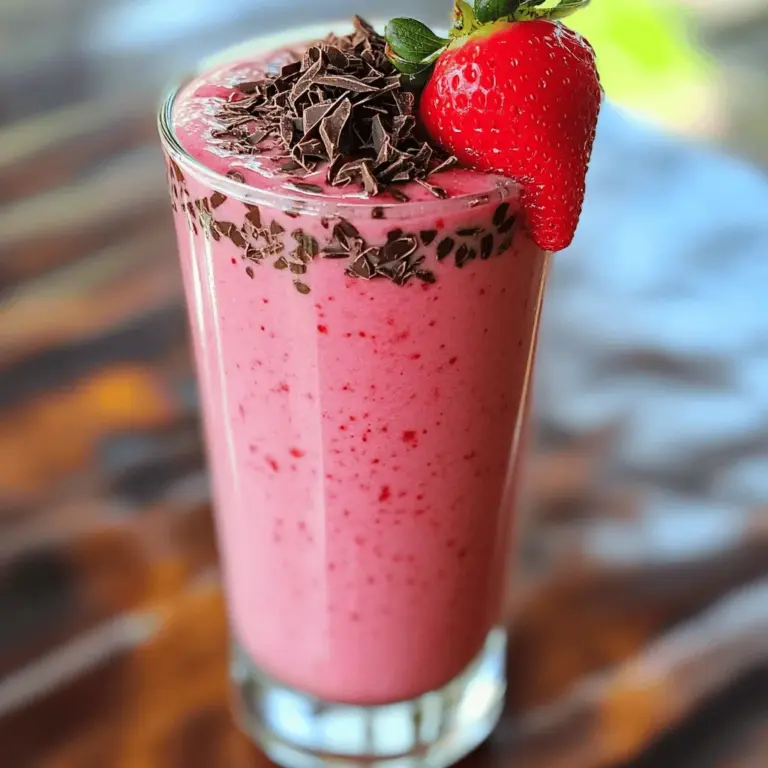 - Fresh or frozen strawberries - Frozen banana - Almond milk or milk of choice - Cocoa powder - Sweetener (honey or maple syrup) - Optional ingredients (Greek yogurt, vanilla extract) To create this tasty smoothie, gather your required ingredients. You can use fresh or frozen strawberries. I often choose frozen ones for a chill factor. A frozen banana adds creaminess. Almond milk works great, but feel free to use your favorite milk. Cocoa powder gives that rich chocolate flavor. Use honey or maple syrup to sweeten it up. If you want extra creaminess, add Greek yogurt. A splash of vanilla extract brings everything together. - Chocolate shavings - Cacao nibs Garnishing your smoothie adds a lovely touch. I love using chocolate shavings for a fancy look. Cacao nibs add crunch and a rich taste. These simple toppings make the smoothie feel special. You can also place a fresh strawberry on the glass rim for fun! For the full recipe, refer back to the main section and enjoy blending! To make your Chocolate Covered Strawberry Smoothie, start by combining the ingredients in your blender. Add the following items: - 1 cup fresh or frozen strawberries - 1 frozen banana - 1 cup almond milk (or milk of your choice) - 2 tablespoons cocoa powder - 1 tablespoon honey or maple syrup - 1 tablespoon Greek yogurt (optional) - 1 teaspoon vanilla extract Make sure to blend these ingredients on high speed. This ensures a smooth and creamy texture. If the mixture sticks to the sides, pause and scrape it down. Then, blend again until everything is well mixed. After blending, taste your smoothie. You might want to adjust the sweetness. If it needs more, simply add a touch more honey or syrup. Blend it again to mix in the extra sweetener. This way, you get the perfect sweet level for your taste. Next, pour your smoothie into tall glasses or two smaller ones. This is where you can get creative! To make it look special, top it with chocolate shavings or cacao nibs. You can even add a fresh strawberry on the rim of the glass for a nice touch. Serve it with a straw for easy sipping. Enjoy your delightful twist on a classic smoothie! To adjust the recipe, think about how many people you’re serving. If you want to make more, just double or triple the ingredients. For one person, you can cut everything in half. This smoothie tastes great, no matter how many servings you make. Always check the blender size too. A smaller blender might need fewer ingredients. If you have leftovers, you can store them in the fridge. You can easily make this smoothie vegan or dairy-free. Just swap the almond milk for coconut milk or any plant-based milk you like. Instead of Greek yogurt, use a vegan yogurt made from almond or coconut. Honey can be replaced with maple syrup for sweetness. This keeps the same yummy taste while being kind to our animal friends. To get the right thickness, start with frozen bananas or strawberries. Frozen fruits make the smoothie creamy and thick. If it feels too thick, add a splash more milk until it’s perfect for you. Blend until it’s smooth, and feel free to taste and adjust. You want a rich and creamy treat that feels like dessert in a glass. Enjoy the process of finding your ideal blend. For the full recipe, check out the detailed instructions above. {{image_2}} You can make your smoothie even better by adding more fruits. Blueberries and raspberries blend well with strawberries. They add a burst of flavor and extra nutrients. Toss in a handful of these berries for a fun twist. You can also sneak in some greens, like spinach or kale. They add vitamins without changing the taste much. Just a small handful will do. Your smoothie stays tasty and healthy. If you want to change the chocolate flavor, try dark chocolate. Dark chocolate has a rich taste and a touch of bitterness. You can also use chocolate protein powder. This is a great option if you want extra protein without adding sugar. It keeps your smoothie healthy and filling. To make your smoothie creamier, add oats or nut butter. Oats blend smoothly and create a thicker texture. Nut butter, like almond or peanut butter, gives a rich taste. It adds healthy fats and protein. Just a tablespoon is enough to change the feel of your drink. You can play around with these options to find your favorite mix. For the full recipe, check out the Chocolate Covered Strawberry Smoothie. To store leftovers, pour the smoothie into an airtight container. Seal it well to keep air out. You can store it in the fridge for up to 24 hours. After that, the taste and texture may change. Shake or stir the smoothie before drinking. You can freeze smoothies for later use. Pour the smoothie into freezer-safe bags or containers. Leave some space to allow for expansion. Smoothies can last in the freezer for up to three months. To thaw, place the frozen smoothie in the fridge overnight. If you're in a hurry, run warm water over the bag or container. Shake or blend again to mix the texture. Enjoy your delicious chocolate covered strawberry smoothie when you’re ready! To make this smoothie, start with fresh or frozen strawberries. Gather these ingredients: - 1 cup fresh or frozen strawberries - 1 banana, frozen - 1 cup almond milk (or milk of choice) - 2 tablespoons cocoa powder - 1 tablespoon honey or maple syrup - 1 tablespoon Greek yogurt (optional) - 1 teaspoon vanilla extract 1. In a blender, combine the strawberries, frozen banana, almond milk, cocoa powder, honey, Greek yogurt, and vanilla extract. 2. Blend on high until the mix is smooth and creamy. Scrape down the sides as needed. 3. Taste the smoothie. Adjust the sweetness if you want it sweeter. Blend again if you add more honey or syrup. 4. Pour into a tall glass or two smaller glasses. 5. Top with chocolate shavings or cacao nibs. Serve right away for the best taste! This smoothie is a treat for your taste buds and has good nutrition too. Here’s a quick breakdown: - Calories: About 250 per serving - Total Fats: 5 grams - Sugars: 20 grams (from fruit and honey) - Protein: 6 grams (if using Greek yogurt) This smoothie gives you energy and tastes delicious! Yes, you can make this smoothie ahead of time! Here are some tips: - Preparation: Blend the smoothie as per the recipe. - Storage: Pour it into an airtight container. - Refrigeration: Store it in the fridge for up to 24 hours. - Before Serving: Shake or stir well before drinking, as it may separate a bit. For longer storage, you can freeze it. Just remember to thaw it in the fridge before enjoying! This blog post explored how to make a Chocolate Covered Strawberry Smoothie. We covered the needed ingredients, blending methods, and sweetener adjustments. You learned to serve this drink with fun garnishes, and I shared tips for making it vegan or scaling the recipe. In the end, this smoothie is simple to make and offers endless variations. Enjoy the journey of crafting this treat. You can customize it to your taste and have fun along the way. Happy blending!