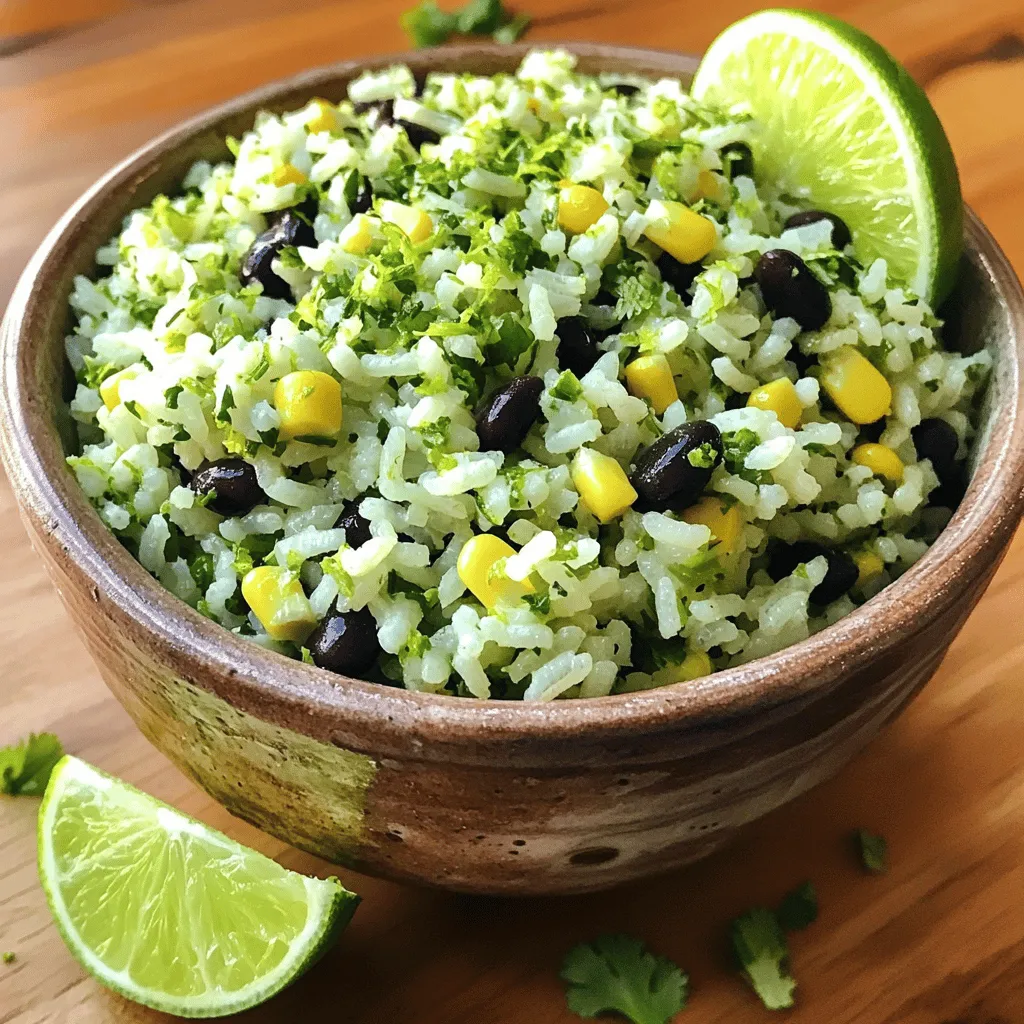 To make cilantro lime rice, you will need the following ingredients: - 1 cup long-grain white rice - 2 cups vegetable or chicken broth - 1 tablespoon olive oil - 1 clove garlic, minced - Zest of 1 lime - 2 tablespoons fresh lime juice - 1/2 cup fresh cilantro, chopped - Salt to taste - Optional ingredients: black beans or corn These ingredients create a bright and tasty side dish. The rice is the base, and the broth adds depth. Olive oil gives it a smooth texture. Garlic adds a lovely aroma. Lime zest and juice make it fresh and tangy. Chopped cilantro brings a burst of flavor. You can also add black beans or corn for extra taste and nutrition. When you gather these ingredients, you set the stage for a simple yet impressive dish. Each element plays a role in achieving that perfect balance of flavors. If you want to see the full process, check out the Full Recipe. - Rinse the rice: Start by rinsing 1 cup of long-grain white rice under cold water. Use a fine-mesh strainer to wash until the water runs clear. This step is key. It removes extra starch and keeps the rice fluffy. - Toast the rice with garlic: In a medium saucepan, heat 1 tablespoon of olive oil over medium heat. Add 1 clove of minced garlic and sauté for about 1 minute. You want the garlic to smell great but not burn. Next, add the rinsed rice to the pan. Stir it with the garlic for about 2-3 minutes. This toasting gives the rice a nice, nutty flavor. - Combine rice with broth: Now, pour in 2 cups of vegetable or chicken broth. Bring this mixture to a boil. Once it bubbles, reduce the heat to low and cover the pot. - Simmering the rice: Let it simmer for 18-20 minutes. This time allows the rice to absorb all the liquid and become tender. - Let rice sit: After cooking, remove the pot from heat. Keep it covered for another 5 minutes. This step helps the rice steam and become even fluffier. - Add lime and cilantro: Finally, remove the lid and fluff the rice with a fork. Add the zest of 1 lime, 2 tablespoons of fresh lime juice, and 1/2 cup of chopped cilantro. Season with salt to taste. If you like, you can stir in black beans or corn for extra flavor and protein. Gently mix everything together. For the full recipe, check out the detailed instructions provided above! Rinsing rice is key to fluffy grains. It removes excess starch. This step prevents clumping and helps keep each grain distinct. Rinse the rice until the water runs clear. It usually takes a minute or two. After rinsing, use vegetable or chicken broth for cooking. This adds flavor and depth. Simmer the rice for 18-20 minutes. This time is perfect for tender rice without mushiness. To make your rice even better, add black beans or corn. Both options pack protein and add texture. They also bring color to your dish. You can use fresh herbs or dried herbs. Fresh cilantro gives a bright, lively flavor. Dried herbs work, too, but fresh is best for taste. Mix them in just before serving for the best flavor. Cilantro lime rice pairs well with many main dishes. It complements grilled chicken or fish wonderfully. You can serve it next to tacos or burritos for a fun meal. It also works great with roasted vegetables. Mix and match to find your favorite combinations. This rice is a versatile side dish that everyone will love. {{image_2}} You can use different types of rice for your cilantro lime rice. Brown rice is a great option. It adds a nutty taste and is more nutritious. Just remember, brown rice takes longer to cook. You might need to adjust the broth and cooking time. Jasmine or basmati rice also works well. These rice types bring a nice aroma to the dish. They pair perfectly with the lime and cilantro flavors. Both options will give your meal a unique twist. Want to spice things up? Try making spicy cilantro lime rice. Just add some chopped jalapeños or your favorite hot sauce. This brings a nice kick to the dish. If you prefer a sweeter taste, go for coconut-infused cilantro lime rice. Simply replace some of the broth with coconut milk. This adds creaminess and a tropical flavor that will wow your guests. For a vegetarian or vegan dish, use vegetable broth instead of chicken broth. This keeps the flavors rich and delicious without meat. You can serve cilantro lime rice with black beans, grilled veggies, or a fresh salad. These options make for a hearty, meatless meal. Each bite will be full of flavor and nutrition. Explore these variations to find your favorite twist on this easy side dish! You can find the Full Recipe for more details. After making cilantro lime rice, let it cool down. Use airtight containers for storage. Glass or plastic containers work well. Store the rice in the fridge for up to four days. Be sure to label your containers with the date. This helps you track freshness. When reheating, add a splash of water to keep it moist. Use the microwave or stovetop. For the microwave, cover the bowl with a damp paper towel. This traps steam and warms the rice evenly. On the stovetop, heat on low, stirring often. Avoid high heat to keep the rice from becoming mushy. To freeze, let the rice cool completely. Divide it into portions for easy use later. Place rice in freezer bags, squeezing out excess air. Seal tightly and label with the date. Cilantro lime rice can last up to three months in the freezer. To thaw, move it to the fridge overnight or use the microwave. Heat thoroughly before serving. For the full recipe, check out the section above. Cilantro lime rice pairs well with many dishes. You can serve it with grilled chicken, fish tacos, or shrimp. It also complements burritos and salads nicely. Try it with black beans or grilled veggies for a tasty vegan meal. The fresh lime and cilantro add a vibrant touch to any plate. Yes, you can prepare cilantro lime rice ahead of time. Cook it and let it cool to room temperature. Store it in an airtight container in the fridge. It stays fresh for about three days. When you are ready to eat, just reheat it in the microwave or on the stove. This saves time on busy days. Absolutely! You can add a kick to your cilantro lime rice. Mix in diced jalapeños or red pepper flakes for heat. Another option is to include chipotle peppers in adobo sauce. Both choices bring warmth and depth to the dish. Adjust the spice level to fit your taste. In this blog post, I covered making cilantro lime rice from start to finish. We explored the ingredients, step-by-step cooking, and tips for a perfect dish. I hope you found helpful variations and storage tips. Whether you add beans or spice, this rice can fit your meal. Enjoy making your rice dish tasty and fresh. Create new flavors and share your success!
