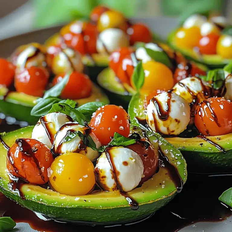 To make Caprese Stuffed Avocado, you need fresh and simple ingredients. Here’s what you will gather: - Avocados - Cherry Tomatoes - Fresh Mozzarella - Fresh Basil - Balsamic Glaze - Extra Virgin Olive Oil - Salt and Pepper Each ingredient plays a key role in this dish. The creamy avocado serves as the base. Juicy cherry tomatoes add a burst of flavor. Fresh mozzarella brings a delightful texture. Aromatic basil gives it a fragrant touch. Balsamic glaze adds sweetness and tang. Extra virgin olive oil enriches the overall taste, while salt and pepper enhance every bite. For the full recipe, check out the detailed instructions. You will enjoy making this fresh and flavorful delight! Cutting the Avocados Start by cutting the avocados in half. Use a sharp knife to slice around the pit. Gently twist to separate the halves. Remove the pit with a spoon or knife. Be careful not to cut yourself. Scoop out a little bit of the avocado flesh to make room for the filling. Save the scooped avocado for later. Preparing the Filling In a bowl, combine the cherry tomatoes, mozzarella, and chopped basil. Add the reserved avocado flesh. Drizzle in the olive oil. Season with salt and pepper to taste. Stir gently until all the ingredients blend well. The mixture should look colorful and fresh. Stuffing the Avocados Spoon the filling into each avocado half. Pack it in tightly, but do not overflow. Each half should look full and inviting. The bright red tomatoes and white cheese will pop against the green avocado. Drizzling with Balsamic Glaze Before serving, drizzle balsamic glaze over the stuffed avocados. This adds a sweet and tangy flavor. It also gives a nice shine. You can add more if you love the taste. Serve right away to enjoy the fresh flavors. For the full recipe, check the details above. Choosing Ripe Avocados Pick avocados that feel slightly soft when you press them. A ripe avocado has a dark green or black skin. Avoid hard avocados; they are not ready. If you get hard ones, leave them on the counter for a few days. They will ripen nicely. Mixing Ingredients for Flavor To get the best flavor, chop the tomatoes and basil finely. This helps the flavors mix well. Use fresh mozzarella for creaminess. Combine all ingredients gently to keep the mozzarella whole. Add salt and pepper to taste for an extra kick. Presentation Tips Place the stuffed avocado halves on a pretty plate. Drizzle balsamic glaze over them in a zigzag pattern. Sprinkle some extra basil on top to make it look nice. A colorful plate makes your dish more inviting. Don’t use overripe avocados; they can be mushy and brown. Avoid cutting the avocados too early. They can brown quickly after cutting. Don’t skip the seasoning; it brings all the flavors together. Lastly, don’t stuff them too loosely; pack the filling well for a better bite. For the full recipe, check out the Caprese Stuffed Avocado section. {{image_2}} Different Cheeses You can swap fresh mozzarella for other cheeses. Try feta for a tangy taste. Goat cheese adds creaminess. For a sharp kick, use aged cheddar. Each cheese gives a new flavor. Additional Vegetables Add more veggies to your mix! Red bell peppers bring sweetness. Cucumbers add crunch. For heat, try jalapeños. These swaps can change the dish while keeping it fresh. Protein Additions Want to make it heartier? Add some protein! Cooked chicken or shrimp makes it filling. For a vegetarian option, use chickpeas or black beans. This change boosts nutrients and flavor. Alternative Dressings Balsamic glaze is tasty, but you can change it up. Try a lemon vinaigrette for brightness. A drizzle of pesto adds herb flavor. Each dressing brings a new twist to the dish. Seasoning Suggestions Seasonings can elevate your Caprese stuffed avocado. Try garlic powder for a savory kick. Crushed red pepper adds heat. Fresh herbs like thyme or oregano can enhance the taste. Mix and match to find your favorite! To store your Caprese stuffed avocado, first, keep the filling separate. Avocados brown quickly. If you mix them with the filling, they spoil fast. Here’s how to store them well: - Use an airtight container: This keeps air out and helps maintain freshness. - Sprinkle lemon juice: A little lemon juice on the avocado halves slows browning. It adds a nice flavor too. - Keep it cool: Store the avocados in the fridge. The cold helps keep them fresh longer. For the filling, use a small bowl. Cover it tightly with plastic wrap. This way, it stays tasty for a day or two. You can enjoy the filling cold or warm. If you prefer warm, here’s how to do it: 1. Microwave: Place the filling in a microwave-safe dish. Heat for about 30 seconds. Stir, then heat for another 15 seconds if needed. 2. Stovetop: Heat in a small pan over low heat. Stir gently until warm. Avoid reheating the avocado halves. They don’t taste good warm. Enjoy your stuffed avocados fresh! For the full recipe, check the earlier section. A Caprese stuffed avocado combines creamy avocado with fresh mozzarella, tomatoes, and basil. This dish brings bright flavors and great textures together. The mozzarella adds a soft chew, while the tomatoes burst with juice. The basil adds a fresh taste that ties it all together. You can serve it as a light meal, snack, or appetizer. You can prepare the filling ahead of time. Mix the tomatoes, mozzarella, basil, and olive oil. Store it in the fridge for a few hours. However, wait to stuff the avocados until you are ready to eat. This keeps the avocados fresh and green. To keep avocados from browning, use lemon or lime juice. Squeeze some juice on the flesh after you cut it. The acid slows down oxidation. You can also keep the pit in the leftover avocado. This helps slow browning too, but it won’t stop it completely. Yes! You can swap mozzarella for feta or goat cheese. You can also add olives or roasted peppers for more flavor. Feel free to get creative and use what you have on hand. Serve them right after making them. They look best with a drizzle of balsamic glaze on top. Add extra basil leaves as a garnish. It makes the dish colorful and inviting. Pair it with crusty bread or chips for a complete meal. This dish is full of healthy fats from the avocado. It also has protein from the cheese. Tomatoes provide vitamins and antioxidants. This meal is nutritious and helps you feel full. If you have leftovers, eat them within one day. The avocado can brown quickly, so it's best to enjoy them fresh. Store any extra filling in an airtight container in the fridge. Use it within two days for the best taste. For the full recipe, check out the Caprese Stuffed Avocado section above. In this post, we explored a tasty Caprese stuffed avocado recipe. We covered the needed ingredients like avocados, cherry tomatoes, and fresh mozzarella. The step-by-step guide made preparation simple, from cutting avocados to adding balsamic glaze. I shared tips on choosing ripe avocados and avoiding common mistakes. You can also switch up ingredients for variety. Remember to store your leftovers properly to keep them fresh. Enjoy making this dish, and feel free to add your own twist!