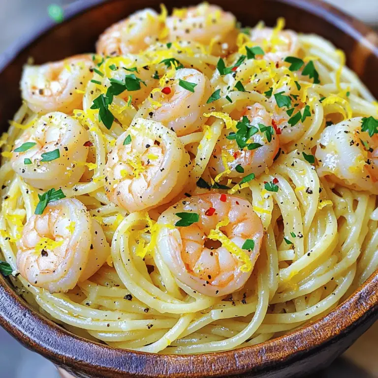 - 8 ounces spaghetti or linguine - 1 pound large shrimp, peeled and deveined - 4 cloves garlic, minced - 2 tablespoons olive oil - 2 tablespoons unsalted butter - Zest of 1 lemon - 2 tablespoons fresh lemon juice - 1/4 teaspoon red pepper flakes (optional) - Salt and pepper to taste - 1/4 cup freshly chopped parsley - Grated Parmesan cheese for serving (optional) Use precise measurements for each ingredient. This helps create the best taste. Fresh ingredients matter a lot in this dish. Fresh shrimp, garlic, and herbs make a big difference. Always choose the best quality you can find. You can add red pepper flakes for heat. Toss in some spinach or cherry tomatoes for color and nutrition. If you need gluten-free options, use gluten-free pasta. This way, everyone can enjoy this tasty meal! Explore these variations to make the dish your own. To cook the pasta perfectly, start by boiling salted water in a large pot. Use enough water to let the pasta move freely. Once the water boils, add 8 ounces of spaghetti or linguine. Cook it according to the package instructions until it is al dente. This usually takes about 8 to 10 minutes. Make sure to reserve 1 cup of pasta water before draining. This water is starchy and helps to bind the sauce later. While the pasta cooks, heat a large skillet over medium heat. Add 2 tablespoons of olive oil and 1 tablespoon of butter. Let the butter melt fully. Then, add 4 cloves of minced garlic and 1/4 teaspoon of red pepper flakes if you like some heat. Sauté for about 1 minute. Next, add 1 pound of large shrimp in a single layer. Season with salt and pepper. Cook for 2 to 3 minutes on one side until they turn pink. Flip them and cook for another 1 to 2 minutes. Do not overcook; they should be firm and opaque. Once done, remove the shrimp from the skillet and set them aside. In the same skillet, add the drained pasta. Pour in 1/2 cup of the reserved pasta water. Add the lemon zest and lemon juice. Toss everything gently over medium heat. The pasta should be coated in the sauce. If it looks dry, add more pasta water slowly until you reach the right consistency. Finally, return the cooked shrimp to the skillet. Mix well to combine all the flavors. Adjust seasoning with more salt, pepper, or lemon juice if needed. Serve the pasta hot, and enjoy your delicious meal! For the full recipe, check [Full Recipe]. Seasoning is key. Always add salt and pepper at every cooking step. This builds depth. Fresh herbs brighten dishes. Try parsley, basil, or chives as garnishes. They add color and taste. Prep ingredients first. Chop garlic and parsley ahead of time. Keep shrimp ready to cook. Use a garlic press to save time. A non-stick skillet helps cook shrimp evenly. This way, you finish fast. Do not overcook shrimp. They should turn pink and curl slightly. If they look rubbery, they cooked too long. For pasta, make sure to use enough water. Too little makes it sticky. Always reserve pasta water; it helps mix flavors later. {{image_2}} You can change the proteins in this dish. Try using scallops or chicken instead of shrimp. Both options bring their own unique flavors. For a vegetarian twist, mushrooms or zucchini work well. Slice the mushrooms or cubes of zucchini. They add a nice texture and absorb flavors well. Herbs can change the taste a lot. Try adding fresh basil or thyme for a different twist. These herbs add fresh notes that brighten the dish. If you want a richer taste, consider adding cream. Mixing in a bit of cream can make the sauce silky and smooth. You could also try different sauces to find what you love. Pair your pasta with a side salad or garlic bread. These dishes enhance the meal and add variety. Wine can also make a great pairing. A crisp white wine like Sauvignon Blanc matches well with shrimp and lemon. For a beautiful plate, arrange the pasta in a nest shape. Top it with shrimp, a sprinkle of parsley, and lemon zest. This makes it look restaurant-worthy. For more ideas, check out the Full Recipe for Lemon Garlic Shrimp Pasta. Enjoy exploring these variations! To keep your Lemon Garlic Shrimp Pasta fresh, store it in an airtight container. Place it in the fridge within two hours of cooking. This dish stays fresh for up to three days. If you want to keep it longer, freezing is a better option. When reheating, use the stovetop for the best results. Add a splash of reserved pasta water to keep it moist. Heat over low to medium heat. Stir gently until warm. This method helps retain the dish's flavor and texture. To freeze your pasta, let it cool completely. Then, transfer it to a freezer-safe container. It can last up to three months in the freezer. When you’re ready to eat, thaw it overnight in the fridge. Reheat it on the stovetop, adding a bit of water to bring back moisture. To prepare Lemon Garlic Shrimp Pasta, you need 15 minutes for prep and 15 minutes for cooking. The total time is 30 minutes. This quick meal makes it easy to enjoy gourmet flavors in no time. Yes, you can double the recipe easily. Just scale the ingredients accordingly. For example, use 2 pounds of shrimp and 16 ounces of pasta. Make sure to adjust the cooking times slightly, as larger amounts may take a bit longer. If you're allergic to shrimp, you can use chicken or scallops. Both options work well with the same flavors. You can also try mushrooms for a vegetarian twist. Just adjust the cooking time to ensure proper doneness. To add heat to your dish, consider using hot sauce like sriracha or red pepper flakes. You can also try adding chopped jalapeños or a dash of cayenne pepper. Mix in these spices while sautéing the garlic for the best flavor. Lemon garlic shrimp pasta combines simple ingredients to create a delicious dish. We covered key ingredients, measurements, and variations to suit your taste. Cooking tips helped you avoid common mistakes and maximize flavor. Remember to store leftovers properly to enjoy later. These steps make your cooking stress-free and fun. With the right tips, you’ll impress everyone at the table. Enjoy your cooking journey with this flavorful dish!