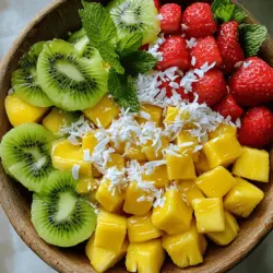 - 1 ripe pineapple, peeled and diced - 2 ripe mangoes, diced - 2 kiwis, peeled and sliced - 1 cup strawberries, hulled and halved - 1 medium papaya, diced - 1 banana, sliced Tropical fruits bring so much joy to this salad. Pineapple adds a sweet and tangy taste. Mangoes offer a juicy softness that melts in your mouth. Kiwis give a vibrant green color and a slight tartness. Strawberries add their bright red hue and sweetness. Papaya contributes a creamy texture, while bananas provide a familiar, comforting flavor. - 1/2 cup coconut flakes (unsweetened) - 2 tablespoons honey or agave syrup - Juice of 1 lime - Fresh mint leaves for garnish Coconut flakes add a light crunch and tropical flair. Honey or agave syrup enhances the overall sweetness. Lime juice brightens the salad and balances the flavors. Fresh mint leaves bring a refreshing touch, making it look and taste great. - Calories per serving: Approximately 150 calories - Vitamin and mineral content: Rich in vitamins A, C, and potassium - Health benefits of tropical fruits: These fruits boost immunity and digestion. They are hydrating and low in calories, perfect for summer. This tropical fruit salad is not just tasty; it’s packed with nutrients. Enjoy the refreshing flavors and health benefits all summer long! For the full recipe, see below. To start, let's prepare our fruits. First, peel and dice the pineapple. Cut off the top and bottom, then stand it upright. Slice down the sides to remove the skin. Then, slice the pineapple into rings and dice each ring into small cubes. Next, we move on to the mangoes and papaya. For mangoes, slice along the pit on both sides. Use a knife to score the flesh in a grid pattern. Then, scoop it out with a spoon. For papaya, cut it in half, remove the seeds, and scoop out the flesh. Dice it into bite-sized pieces. For kiwis, simply slice off both ends and peel the skin with a knife or a peeler. Then, slice the kiwi into rounds. As for bananas, peel and slice them into rounds too. Now, let’s mix the salad. In a large bowl, combine all the diced fruits: pineapple, mangoes, papaya, strawberries, kiwis, and bananas. Make sure to mix them gently. Next, let’s make our honey-lime mixture. In a small bowl, whisk together two tablespoons of honey and the juice of one lime. This mix adds a sweet and tangy flavor to the salad. Drizzle this mixture over the fruits and gently toss it all together, being careful not to mash the fruits. Let the fruit salad sit for ten minutes at room temperature. This time helps the flavors meld together. For a lovely presentation, sprinkle the coconut flakes over the top. You can also garnish with fresh mint leaves for a pop of color and flavor. With these steps, you create a vibrant and tasty tropical fruit salad. For the complete recipe, check the details above. How to choose the best pineapple When picking a pineapple, look for a golden color. The leaves should be green and fresh. A ripe pineapple will smell sweet at the base. Gently press the skin; it should feel slightly soft but not mushy. Identifying ripe mangoes and papayas For mangoes, check for a slight give when you press them. The skin should be yellow or slightly red. Papayas should feel soft but firm. A yellow skin indicates ripeness. Smell them; a sweet scent means they are ready. Checking kiwis and bananas for optimal ripeness A ripe kiwi will feel slightly soft when pressed. Its skin should be fuzzy and brown. For bananas, wait until they turn yellow with a few brown spots. This shows they are sweet and ready to eat. Suggestions for adding spices or herbs You can add a pinch of cinnamon or nutmeg to boost flavor. Fresh herbs like mint or basil can add a nice touch. Try mixing in a bit of grated ginger for some zing. Alternative sweeteners If you want less sugar, use agave syrup or maple syrup. These options are great for sweetening without adding too much sugar. You could also try mashed ripe bananas for natural sweetness. Prep advice for making it in advance You can prepare the fruit a few hours before serving. Just keep it in the fridge to stay fresh. Mix the fruits but hold off on adding the coconut and honey-lime mixture until just before serving. Tips for longevity of freshness To keep your salad fresh, store it in an airtight container. Adding a bit of lime juice helps prevent browning. Always keep it cold until you’re ready to serve. For a complete guide on making this dish, check out the Full Recipe. {{image_2}} You can always add more fruits to your tropical fruit salad. Try including coconut or passionfruit for a fun twist. Coconut adds a great crunchy texture. Passionfruit brings a tangy flavor that pairs well with sweet fruits. You can also swap out some fruits based on what is in season. Try fresh berries in summer or citrus fruits in winter. If you want a vegan option, skip the honey and use agave syrup. You can also reduce the sugar by choosing ripe fruits. For those with allergies, you can leave out the coconut or any fruit that triggers a reaction. Always check labels for packaged ingredients like syrup. Fruit salad is not just for snacks! Serve it as a dessert after dinner. It is refreshing and light. You can also add it to breakfast or brunch. Use it as a topping for yogurt or oatmeal. This way, you get a burst of flavor and nutrition to start your day right. For the full recipe, refer to the Tropical Paradise Fruit Salad section. To store leftover tropical fruit salad, put it in an airtight container. This helps keep the fruits fresh. If you don’t have one, wrap the bowl tightly with plastic wrap. Make sure no air can get in. This will help keep the salad juicy and vibrant. To prevent browning of fruits, you can add some lime juice. The acid in lime slows down oxidation. You can also mix the fruits gently after adding the juice. This keeps everything looking fresh and colorful. Can you freeze tropical fruit salad? While it is possible, the texture may change. Frozen fruits can become mushy once thawed. If you still want to freeze it, consider freezing individual fruits instead. This way, they retain their shape and taste better. For freezing individual fruits, cut them into small pieces. Spread them on a baking sheet in a single layer. Freeze them for a few hours until solid. Then, transfer them to freezer bags. This method helps to prevent clumping. How long can you store the salad? If stored properly in the fridge, it lasts about 3 days. After that, the fruits may start to lose their flavor and texture. Always check for changes before eating. Signs of spoilage include a slimy texture or off-smell. If the fruits start to look dull or brown, it’s best to throw them away. You want to enjoy the salad at its best. The best tropical fruit salad combines fresh and colorful fruits. I love using pineapple, mangoes, and papayas. These fruits give a sweet and juicy taste. Kiwis and strawberries add a nice tartness. You can also try a Full Recipe for a perfect blend of flavors. Yes, you can prepare this salad ahead of time. It tastes great when chilled. Just remember to make it no more than a few hours before serving. This way, the fruits stay fresh and tasty. If you need to, slice the fruits and mix them later. To stop fruit from browning, use lime juice. The acid in lime slows down the browning process. After cutting the fruits, squeeze some lime juice on them. Store the salad in an airtight container to keep it fresh. This method keeps your fruit salad looking beautiful and inviting. Tropical fruit salad is a fun and healthy dish. We explored the best ingredients, like pineapple and mango, and how to prepare them. I shared tips on selecting ripe fruits and mixing flavors for the best taste. You can store the salad easily to keep it fresh. Remember, you can make this dish your own by adding different fruits or adjusting for dietary needs. With these simple steps, you can enjoy a bright, tasty salad anytime. Dive in and create your own tropical delight!