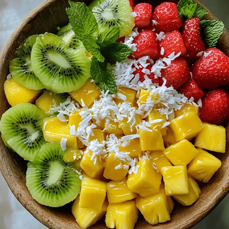 - 1 ripe pineapple, peeled and diced - 2 ripe mangoes, diced - 2 kiwis, peeled and sliced - 1 cup strawberries, hulled and halved - 1 medium papaya, diced - 1 banana, sliced Tropical fruits bring so much joy to this salad. Pineapple adds a sweet and tangy taste. Mangoes offer a juicy softness that melts in your mouth. Kiwis give a vibrant green color and a slight tartness. Strawberries add their bright red hue and sweetness. Papaya contributes a creamy texture, while bananas provide a familiar, comforting flavor. - 1/2 cup coconut flakes (unsweetened) - 2 tablespoons honey or agave syrup - Juice of 1 lime - Fresh mint leaves for garnish Coconut flakes add a light crunch and tropical flair. Honey or agave syrup enhances the overall sweetness. Lime juice brightens the salad and balances the flavors. Fresh mint leaves bring a refreshing touch, making it look and taste great. - Calories per serving: Approximately 150 calories - Vitamin and mineral content: Rich in vitamins A, C, and potassium - Health benefits of tropical fruits: These fruits boost immunity and digestion. They are hydrating and low in calories, perfect for summer. This tropical fruit salad is not just tasty; it’s packed with nutrients. Enjoy the refreshing flavors and health benefits all summer long! For the full recipe, see below. To start, let's prepare our fruits. First, peel and dice the pineapple. Cut off the top and bottom, then stand it upright. Slice down the sides to remove the skin. Then, slice the pineapple into rings and dice each ring into small cubes. Next, we move on to the mangoes and papaya. For mangoes, slice along the pit on both sides. Use a knife to score the flesh in a grid pattern. Then, scoop it out with a spoon. For papaya, cut it in half, remove the seeds, and scoop out the flesh. Dice it into bite-sized pieces. For kiwis, simply slice off both ends and peel the skin with a knife or a peeler. Then, slice the kiwi into rounds. As for bananas, peel and slice them into rounds too. Now, let’s mix the salad. In a large bowl, combine all the diced fruits: pineapple, mangoes, papaya, strawberries, kiwis, and bananas. Make sure to mix them gently. Next, let’s make our honey-lime mixture. In a small bowl, whisk together two tablespoons of honey and the juice of one lime. This mix adds a sweet and tangy flavor to the salad. Drizzle this mixture over the fruits and gently toss it all together, being careful not to mash the fruits. Let the fruit salad sit for ten minutes at room temperature. This time helps the flavors meld together. For a lovely presentation, sprinkle the coconut flakes over the top. You can also garnish with fresh mint leaves for a pop of color and flavor. With these steps, you create a vibrant and tasty tropical fruit salad. For the complete recipe, check the details above. How to choose the best pineapple When picking a pineapple, look for a golden color. The leaves should be green and fresh. A ripe pineapple will smell sweet at the base. Gently press the skin; it should feel slightly soft but not mushy. Identifying ripe mangoes and papayas For mangoes, check for a slight give when you press them. The skin should be yellow or slightly red. Papayas should feel soft but firm. A yellow skin indicates ripeness. Smell them; a sweet scent means they are ready. Checking kiwis and bananas for optimal ripeness A ripe kiwi will feel slightly soft when pressed. Its skin should be fuzzy and brown. For bananas, wait until they turn yellow with a few brown spots. This shows they are sweet and ready to eat. Suggestions for adding spices or herbs You can add a pinch of cinnamon or nutmeg to boost flavor. Fresh herbs like mint or basil can add a nice touch. Try mixing in a bit of grated ginger for some zing. Alternative sweeteners If you want less sugar, use agave syrup or maple syrup. These options are great for sweetening without adding too much sugar. You could also try mashed ripe bananas for natural sweetness. Prep advice for making it in advance You can prepare the fruit a few hours before serving. Just keep it in the fridge to stay fresh. Mix the fruits but hold off on adding the coconut and honey-lime mixture until just before serving. Tips for longevity of freshness To keep your salad fresh, store it in an airtight container. Adding a bit of lime juice helps prevent browning. Always keep it cold until you’re ready to serve. For a complete guide on making this dish, check out the Full Recipe. {{image_2}} You can always add more fruits to your tropical fruit salad. Try including coconut or passionfruit for a fun twist. Coconut adds a great crunchy texture. Passionfruit brings a tangy flavor that pairs well with sweet fruits. You can also swap out some fruits based on what is in season. Try fresh berries in summer or citrus fruits in winter. If you want a vegan option, skip the honey and use agave syrup. You can also reduce the sugar by choosing ripe fruits. For those with allergies, you can leave out the coconut or any fruit that triggers a reaction. Always check labels for packaged ingredients like syrup. Fruit salad is not just for snacks! Serve it as a dessert after dinner. It is refreshing and light. You can also add it to breakfast or brunch. Use it as a topping for yogurt or oatmeal. This way, you get a burst of flavor and nutrition to start your day right. For the full recipe, refer to the Tropical Paradise Fruit Salad section. To store leftover tropical fruit salad, put it in an airtight container. This helps keep the fruits fresh. If you don’t have one, wrap the bowl tightly with plastic wrap. Make sure no air can get in. This will help keep the salad juicy and vibrant. To prevent browning of fruits, you can add some lime juice. The acid in lime slows down oxidation. You can also mix the fruits gently after adding the juice. This keeps everything looking fresh and colorful. Can you freeze tropical fruit salad? While it is possible, the texture may change. Frozen fruits can become mushy once thawed. If you still want to freeze it, consider freezing individual fruits instead. This way, they retain their shape and taste better. For freezing individual fruits, cut them into small pieces. Spread them on a baking sheet in a single layer. Freeze them for a few hours until solid. Then, transfer them to freezer bags. This method helps to prevent clumping. How long can you store the salad? If stored properly in the fridge, it lasts about 3 days. After that, the fruits may start to lose their flavor and texture. Always check for changes before eating. Signs of spoilage include a slimy texture or off-smell. If the fruits start to look dull or brown, it’s best to throw them away. You want to enjoy the salad at its best. The best tropical fruit salad combines fresh and colorful fruits. I love using pineapple, mangoes, and papayas. These fruits give a sweet and juicy taste. Kiwis and strawberries add a nice tartness. You can also try a Full Recipe for a perfect blend of flavors. Yes, you can prepare this salad ahead of time. It tastes great when chilled. Just remember to make it no more than a few hours before serving. This way, the fruits stay fresh and tasty. If you need to, slice the fruits and mix them later. To stop fruit from browning, use lime juice. The acid in lime slows down the browning process. After cutting the fruits, squeeze some lime juice on them. Store the salad in an airtight container to keep it fresh. This method keeps your fruit salad looking beautiful and inviting. Tropical fruit salad is a fun and healthy dish. We explored the best ingredients, like pineapple and mango, and how to prepare them. I shared tips on selecting ripe fruits and mixing flavors for the best taste. You can store the salad easily to keep it fresh. Remember, you can make this dish your own by adding different fruits or adjusting for dietary needs. With these simple steps, you can enjoy a bright, tasty salad anytime. Dive in and create your own tropical delight!