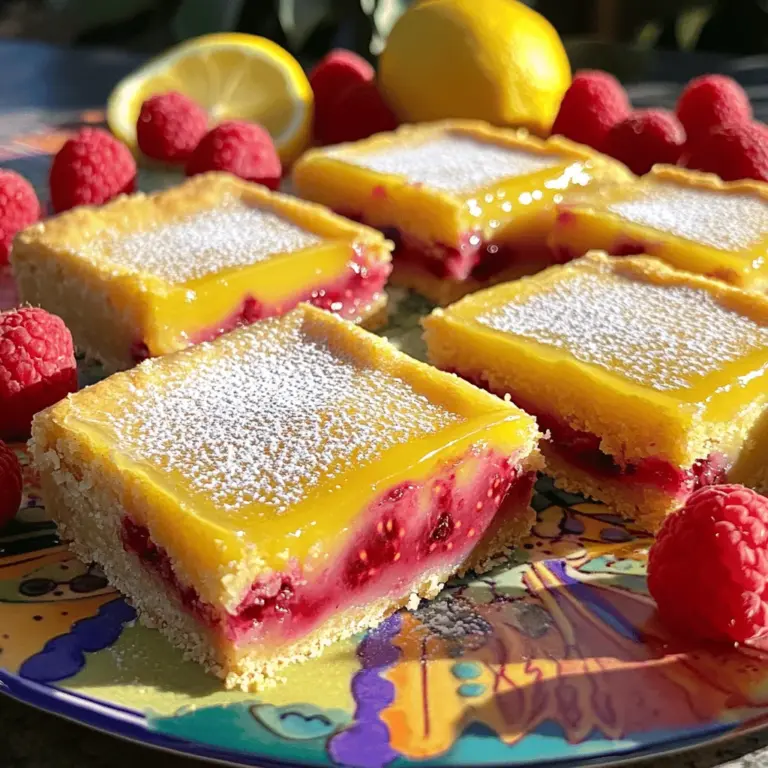 To make these delightful raspberry lemonade bars, gather the following ingredients: - 1 ½ cups all-purpose flour - ½ cup powdered sugar - ½ cup unsalted butter, softened - 1 cup granulated sugar - 3 large eggs - 1 cup fresh lemon juice (about 4-5 lemons) - 1 tablespoon lemon zest - ½ cup fresh raspberries (or frozen, thawed and mashed) - 1 teaspoon baking powder - ¼ teaspoon salt - Optional: Extra powdered sugar for dusting Each ingredient plays a key role. The all-purpose flour gives the base its structure. Powdered sugar adds sweetness to the crust. Unsalted butter makes it rich and flaky. Granulated sugar sweetens the filling, while eggs provide stability. Fresh lemon juice and zest create that bright, tangy flavor we love. Raspberries add a burst of fruity goodness. Baking powder helps the bars rise, and salt balances the sweetness. If you like, dust with extra powdered sugar for a sweet finish. You can find the full recipe for these bars above. First, preheat your oven to 350°F (175°C). Grease a 9x9-inch baking dish and line it with parchment paper. This helps with easy removal later. In a medium bowl, mix 1 ½ cups of all-purpose flour and ½ cup of powdered sugar. Then, add ½ cup of softened unsalted butter. Mix until it looks like coarse crumbs. Press this mixture firmly into the bottom of the baking dish to create your crust. While your crust bakes, let's make the filling. In a large bowl, whisk together 1 cup of granulated sugar, 3 large eggs, 1 cup of fresh lemon juice, 1 tablespoon of lemon zest, 1 teaspoon of baking powder, and ¼ teaspoon of salt. Stir until smooth. Now, gently fold in ½ cup of fresh raspberries. Be careful not to break them too much. Pour the lemon-raspberry mixture over the baked crust. Place it back in the oven and bake for 20-25 minutes. The filling should be set and the edges lightly golden. After baking, let the bars cool completely in the pan. You can use the parchment paper to lift them out onto a cutting board. Dust the top with extra powdered sugar before slicing them into squares. For the full recipe, check the above section. To create a great crust for your raspberry lemonade bars, focus on texture and color. You want a crust that is golden and even. Mix the flour, powdered sugar, and softened butter until it looks like coarse crumbs. Press the mixture firmly into the baking dish. Bake it for 15-20 minutes. Keep an eye on it; the edges should look light brown. Garnishes can make your bars pop! I suggest fresh raspberries and lemon slices on top. You can even sprinkle some extra powdered sugar for a sweet touch. Want to try something new? Mix in other fruits like blueberries or strawberries. They work well with lemon and add fun flavors. Be careful not to overmix the batter when folding in the raspberries. This can make the filling too mushy. Also, let the bars cool completely before cutting. If you slice them too soon, they may fall apart. Follow these tips for perfect raspberry lemonade bars every time! {{image_2}} To make these raspberry lemonade bars gluten-free, you can swap the all-purpose flour. Use an equal amount of a gluten-free flour blend. This blend often has a mix of rice flour, potato starch, and tapioca flour. It gives a nice texture. Just make sure it is a 1:1 ratio. You will get the same yummy taste without the gluten. You can switch up the berries for fun. Blueberries and blackberries work great! They bring their unique flavor. You might even mix several berries together. This creates a colorful and tasty bar. Each bite will surprise you with new tastes. Try adding strawberries for a sweeter twist too! You can change how sweet the bars are easily. If you like a tangy flavor, reduce the sugar by 1/4 cup. This makes the bars more tart and refreshing. If you prefer them sweeter, add a bit more sugar to the filling. Just remember to taste as you go! This way, you can find the right balance for your liking. To keep your raspberry lemonade bars fresh, use airtight containers. This helps prevent drying out. Place a piece of parchment paper between layers to avoid sticking. Store them in the fridge for best results. The cool temperature helps maintain their creamy texture and bright flavor. You can freeze these bars for later enjoyment. First, let them cool completely. Then, slice them into squares. Wrap each square in plastic wrap, then place them in a freezer bag. This keeps them safe from freezer burn. To thaw, remove the bars and let them sit in the fridge overnight. You can also let them sit at room temperature for about 30 minutes before serving. At room temperature, these bars last for about 2 days. Keep them in a cool place, away from direct sunlight. In the fridge, they will last for up to a week. If you freeze them, they can last for about 3 months. Always check for any signs of spoilage before eating. Enjoy your raspberry lemonade bars at their best! Yes, you can use bottled lemon juice. It saves time and is easy to find. However, fresh lemon juice gives the best flavor. Bottled juice may taste less bright and fresh. If you use bottled juice, check for added sugars or preservatives. They can change the taste of your bars. For the best results, stick to fresh lemons if you can. If you lack raspberries, don't worry! You can use other fruits. Blueberries, blackberries, or strawberries work well. You can also use peaches or cherries for a unique twist. Just keep the same amount of fruit. This keeps the filling balanced and tasty. You can mix berries for a fun flavor combo. Yes, you can make these bars ahead of time. To prep in advance, bake the crust and filling as usual. Let them cool completely. Once cool, wrap them well in plastic wrap. Store them in the fridge for up to three days. You can also freeze them, which makes for easy snacks later. Just thaw in the fridge overnight before serving. For the best taste, dust with powdered sugar just before serving. For the full recipe, check out the complete guide! You now have all you need to make delicious Lemon-Raspberry Bars. We covered ingredients, instructions, and tips for perfection. Remember, the crust is key, and don’t rush cooling. You can try different berries or adjust sweetness to fit your taste. Store them right to keep them fresh. Whether you're baking today or planning ahead, enjoy this tasty treat. Happy baking!
