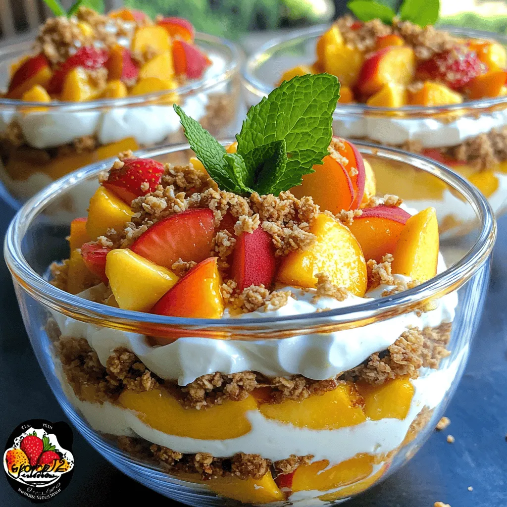 To create the Peach Cobbler Cheesecake Salad, you need fresh and flavorful ingredients. Here’s what you will need: - 2 ripe peaches, diced - 1 cup fresh strawberries, sliced - 1 cup whipped cream cheese (softened) - 1/2 cup Greek yogurt (vanilla flavored) - 1/3 cup powdered sugar - 1 teaspoon vanilla extract - 1 teaspoon cinnamon - 1 cup granola (your choice) - Fresh mint leaves for garnish Gathering these simple ingredients is the first step to making this tasty dessert. The ripe peaches give the salad a sweet and juicy flavor. The strawberries add a nice touch of tartness. The whipped cream cheese with Greek yogurt creates a creamy base. The powdered sugar and vanilla bring sweetness and flavor. Cinnamon adds warmth and depth. Don't forget the granola! It adds a delightful crunch to every bite. Lastly, fresh mint leaves make your dish look beautiful and bright. This combination makes for a perfect summer treat. You can find the full recipe [here](#). Enjoy your cooking! To make the Peach Cobbler Cheesecake Salad, follow these clear steps. - Combine whipped cream cheese, Greek yogurt, powdered sugar, vanilla extract, and cinnamon in a large bowl. Use a hand mixer to mix until smooth. This creamy base is key to a rich texture. - Fold in the diced peaches and sliced strawberries. Make sure the fruit is evenly coated with the cheesecake mixture. This step brings the fresh flavors together. - Layer the peach and strawberry cheesecake mixture with granola in individual bowls or a large dish. Start with the cheesecake mixture, then add granola. Repeat this until all ingredients are used. Finish with a layer of the cheesecake mixture. The layers create a beautiful presentation. - Chill the salad in the fridge for at least 30 minutes. This allows the flavors to mix well. Chilling also helps the salad to set. - Just before serving, add more granola on top for extra crunch. You can also add fresh mint leaves for a pop of color. This makes your dish look even more inviting. You can find the Full Recipe with all the details needed to create this summer delight. Enjoy every bite! - Using ripe fruits for maximum flavor: Choose peaches that are soft to the touch and fragrant. Ripe fruits bring out the best taste in your dish. They create a sweet and juicy contrast to the creamy base. - Achieving the right consistency with creamy base: Mix the whipped cream cheese and Greek yogurt until smooth. This creamy blend needs to be thick, yet spreadable. If it feels too thick, add a bit more yogurt to reach your desired texture. - How to layer ingredients effectively for visual appeal: Start with a layer of the creamy mixture at the bottom. Follow with fruit and granola. Repeat these layers. This creates a stunning visual effect and a delightful mix of flavors in every spoonful. - Serve in clear bowls for color showcase: Using clear bowls lets the vibrant layers shine. The mix of peaches, strawberries, and creamy goodness looks great and makes each serving special. - Garnish suggestions for added flair: Add fresh mint leaves on top for a pop of color. You can also sprinkle a little extra granola for crunch. This not only adds charm but also enhances the flavor. {{image_2}} You can easily change the fruit in this salad. Blueberries and raspberries work great. They add a new twist to the classic peach flavor. You can mix and match your favorite fruits. Try adding bananas or even mango. They all bring different tastes and colors to the dish. Nuts can make your salad crunchy and extra special. Walnuts or pecans add a nice texture. Just chop them up and sprinkle them on top. This small step makes a big difference in flavor and feel. You’ll love the crunch against the creamy cheesecake base. If you need a gluten-free version, choose gluten-free granola. Many brands offer tasty options. Just check the label to be sure. This way, everyone can enjoy the salad without worry. You can also make a low-sugar cheesecake mixture. Use a sugar substitute or less powdered sugar. Greek yogurt often has some sweetness, so you might not need much. This change helps keep the dessert light while still being delicious. For the complete recipe, check out the Full Recipe section. You’ll find all the details to create your perfect Peach Cobbler Cheesecake Salad. To keep your Peach Cobbler Cheesecake Salad fresh, refrigerate leftovers right away. Use an airtight container to prevent any odors from the fridge. This salad stays fresh for about three days. After that, the fruit may start to break down, and the texture changes. Can you freeze Peach Cobbler Cheesecake Salad? Yes, but it's not ideal. Freezing can change the texture of the fruit and creamy base. If you must freeze it, do so in a freezer-safe container. When you're ready to enjoy it again, thaw the salad overnight in the fridge. Serve it cold, and if needed, consider adding a bit more granola for crunch. This helps bring back some of that fresh flavor. How can I make this recipe dairy-free? You can use dairy-free cream cheese. Look for a nut-based option. For yogurt, choose coconut or almond yogurt. This gives you the same creamy taste without dairy. Can I substitute the whipped cream cheese? Yes, you can use regular cream cheese. If you want a lighter option, try mascarpone cheese. Both will work well in the salad. What can I use instead of granola? You might try crushed cookies, oats, or nuts. Each adds a different crunch and flavor. Experiment to find your favorite mix! What is the best way to ripen peaches quickly? To ripen peaches fast, place them in a brown paper bag. Add an apple or banana. The ethylene gas will speed up the ripening process. Can I prepare this salad the night before? Yes, you can make it the night before. Just keep it in the fridge. It will taste great and save you time on the day you serve it. For detailed instructions and measurements, check out the full recipe for Peach Cobbler Cheesecake Salad. This peach cobbler cheesecake salad combines ripe fruits and creamy textures. We explored easy steps and shared tips to make it shine. You can customize it using different fruits or add nuts for a crunch. Remember to store leftovers well to enjoy later. Whether you serve it at a gathering or enjoy it at home, this dish will please everyone. Try it out and make it your own!