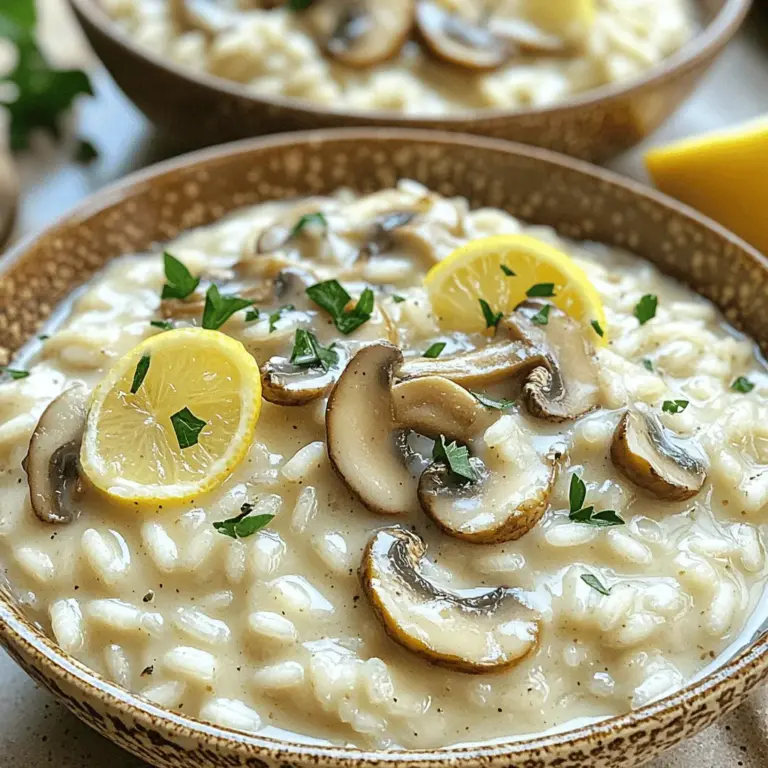 To make a great creamy mushroom risotto, you need these key ingredients: - 1 cup Arborio rice - 4 cups vegetable broth - 1 cup mushrooms (button or cremini), sliced - 1 small onion, finely chopped - 2 cloves garlic, minced - 1 cup unsweetened coconut milk - 2 tablespoons olive oil - 1 tablespoon butter - ½ cup grated Parmesan cheese (or nutritional yeast for a dairy-free option) - Salt and pepper to taste - Fresh parsley, chopped (for garnish) - A squeeze of lemon juice (optional, for brightness) These ingredients create a rich, creamy texture that makes every bite delightful. You can easily personalize your risotto with these optional ingredients: - Different types of mushrooms like shiitake or portobello - Fresh herbs like thyme or rosemary - A splash of white wine for added depth - Peas or spinach for extra color and flavor Feel free to mix and match these options to create your perfect dish. Each serving of creamy mushroom risotto provides: - Calories: Approximately 350 - Protein: 10g - Carbohydrates: 50g - Fat: 12g - Fiber: 3g This dish is balanced and satisfying, making it a great choice for any meal. For the full recipe, check out the complete guide. To start, gather all your ingredients. This helps you stay organized. Heat 4 cups of vegetable broth in a saucepan over low heat. This keeps it warm for later. Next, in a large skillet, heat 2 tablespoons of olive oil and 1 tablespoon of butter over medium heat. Add 1 small finely chopped onion and stir. Sauté until the onion is soft and clear, about 3-4 minutes. Then, add 2 minced garlic cloves. Cook for another minute until it smells great. Now, it’s time for the mushrooms. Add 1 cup of sliced mushrooms to the skillet. Cook them until they are brown and have let out their water. This takes about 5-7 minutes. Once done, add 1 cup of Arborio rice to the skillet. Stir it in well. Toast the rice for 1-2 minutes. This helps the rice absorb flavors later. Now comes the fun part: cooking the risotto! Start adding the warm vegetable broth, one ladle at a time. Stir the rice often. Let the rice soak up most of the broth before adding more. This process helps it become creamy. Keep adding broth for about 15-20 minutes. You want the rice to be al dente, or just a little firm. When the rice is cooked, lower the heat. Stir in 1 cup of unsweetened coconut milk and ½ cup of grated Parmesan cheese. Mix until everything is creamy and well combined. Add salt and pepper to taste. If you like, squeeze some lemon juice for extra flavor. Once it’s all mixed, remove the skillet from the heat. Let the risotto sit for a minute. This helps the flavors blend. Now, it’s ready to serve! Use shallow bowls for a nice presentation. Top each dish with extra sautéed mushrooms and a sprinkle of fresh parsley for color. You can add a lemon wedge on the side for a bright touch. Enjoy your creamy mushroom risotto! For detailed cooking steps, check out the Full Recipe. To get the best texture, use Arborio rice. This rice is starchy and creamy. Always cook it slowly. Add broth one ladle at a time. Stir often to help it absorb the liquid. This way, the rice stays tender and creamy. If it gets too thick, add more broth. The risotto should be smooth but not runny. One common mistake is adding all the broth at once. This stops the rice from cooking evenly. Another mistake is not stirring enough. Stirring helps release the starches, making it creamy. Don't rush the process, either. Risotto takes time. If you rush, the rice can turn mushy. Aromatics add depth to your risotto. Always start with onions and garlic. Sauté them in olive oil and butter. This builds a great base flavor. After cooking the rice, try adding herbs like thyme or rosemary. Fresh parsley gives a nice touch at the end. A squeeze of lemon juice brightens the dish, too. For a unique twist, add a splash of white wine before the broth. This adds a lovely depth of flavor. For the full recipe, check out the recipe section. {{image_2}} You can easily make creamy mushroom risotto vegetarian or vegan. For vegetarian risotto, just use butter and Parmesan cheese. If you want a vegan version, swap those for olive oil and nutritional yeast. Nutritional yeast gives a cheesy flavor without dairy. You can also use almond or soy milk instead of coconut milk for a lighter touch. This way, everyone can enjoy this dish! Adding protein can make your risotto heartier. For chicken, cook diced pieces in the skillet first. Remove them, then follow the risotto steps. You can also stir in cooked shrimp at the end. Just heat them through for a few minutes. Both options add great taste and texture. Feel free to try other proteins too, like sausage or tofu! You can change the flavor by adding seasonal veggies. In spring, try peas or asparagus for a fresh taste. In summer, zucchini or bell peppers add color and crunch. Fall brings squash or spinach, while winter can feature kale or carrots. Just sauté these veggies with the mushrooms for a tasty mix. This keeps your risotto exciting all year round! For more details, check out the Full Recipe for creamy mushroom risotto. To store leftover risotto, let it cool down first. Then, put it in an airtight container. Make sure to seal it well. Place the container in the fridge. It stays fresh for about three days. If you want to eat it later, freezing is a good option. When reheating risotto, add a little broth or water. This keeps it creamy and moist. Heat it slowly in a pot over low heat. Stir it often to prevent sticking. You can also use a microwave. Just cover the bowl and add a splash of liquid. If you want to freeze risotto, use a freezer-safe container. Portion it out for easier meals later. Risotto can last up to three months in the freezer. When you are ready to eat it, thaw it overnight in the fridge. Reheat it as described to get that creamy texture back. For the full recipe, check out the main article. You can use regular rice, but it won't be the same. Arborio rice is special. It has high starch content, which makes risotto creamy. Other rice types like jasmine or basmati will not give you that texture. They may cook faster and not absorb liquid the same way. If you want the best risotto, stick with Arborio. Making creamy mushroom risotto takes about 30 minutes. You spend around 10 minutes prepping the ingredients. Then, you cook for about 20 minutes. Stirring the rice often helps get that creamy texture. It may feel slow, but that's part of the fun! Creamy mushroom risotto pairs well with many dishes. You can serve it with grilled chicken or shrimp for protein. A simple salad with fresh greens adds crunch and color. Roasted vegetables also work nicely. For something lighter, consider a side of sautéed spinach or garlic broccoli. By using simple ingredients, you can make creamy mushroom risotto. We explored how to customize it with optional flavors. I shared tips to avoid common mistakes and perfect the risotto's texture. We discussed variations like vegetarian, vegan, and protein add-ins for more options. Finally, I covered how to store and reheat leftovers. Remember, risotto is flexible and fun. Feel free to get creative with flavors and ingredients. Enjoy your cooking journey and the delicious results!
