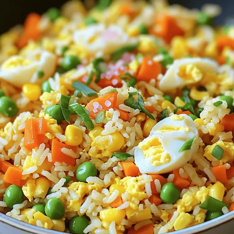 - 2 cups cooked jasmine rice (day-old works best) - 1 cup mixed vegetables (carrots, peas, bell peppers, corn) - 2 large eggs - 3 tablespoons soy sauce - 1 tablespoon sesame oil - 2 green onions, sliced - 2 cloves garlic, minced - 1 teaspoon ginger, grated - Salt and pepper to taste - Optional: Himalayan pink salt for seasoning To make fried rice with vegetables and egg, you need fresh and vibrant ingredients. Start with cooked jasmine rice. I find day-old rice works best. It has the right texture and won’t clump together. Mixed vegetables add color and nutrients. I love using a mix of carrots, peas, bell peppers, and corn. These veggies cook quickly and add sweetness. Next, we need eggs. They bring protein and richness. Two large eggs are perfect for this dish. For flavor, soy sauce is key. It adds that classic umami taste. A splash of sesame oil gives a lovely nutty aroma. Don’t forget the green onions! They add freshness and crunch. Garlic and ginger give depth and warmth to the dish. Finally, season with salt and pepper. If you want to be fancy, use Himalayan pink salt for an extra touch. Now that we have our ingredients, we can move on to cooking. Check the Full Recipe for easy steps to follow! First, I heat the sesame oil in a large non-stick skillet over medium-high heat. The oil adds a nice flavor. Next, I add minced garlic and grated ginger. I sauté them for about 30 seconds until I smell their warm aroma. Then, I stir in mixed vegetables, like carrots, peas, bell peppers, and corn. I cook the veggies for about 3 to 4 minutes until they start to soften. After the veggies soften, I push them to one side of the skillet. This creates space for the eggs. I crack the eggs into the empty side and scramble them until fully cooked. Once they are fluffy, I mix them with the vegetable medley. Now, it's time to add the cooked jasmine rice. I break up any clumps with a spatula. Next, I pour soy sauce over the rice mixture. I also season it with salt and pepper to taste. I stir everything well to combine all the flavors. I keep cooking the mixture for about 2 to 3 minutes. This allows the rice to fry slightly and absorb all those tasty flavors. Finally, I remove the skillet from the heat and garnish the dish with sliced green onions. This adds a fresh touch to the meal. For the complete recipe, check out the Full Recipe. Using day-old rice is key. It has less moisture and firms up nicely. Freshly cooked rice can clump together. Day-old rice breaks apart easier. This helps create that perfect texture we want in fried rice. The best rice for fried rice is jasmine rice. This rice has a nice aroma and a fluffy texture. Long-grain rice also works well. It holds its shape and avoids being sticky. For a colorful dish, use a mix of vegetables. Carrots, peas, bell peppers, and corn are great choices. These veggies add color and crunch. They also provide vitamins and minerals. Before cooking, chop the vegetables into small, even pieces. This helps them cook evenly. You can also sauté them briefly for better flavor before adding to the rice. Fluffy scrambled eggs make the dish shine. To achieve this, whisk the eggs well before cooking. This adds air and makes them light. Cook them on medium heat and stir gently. If you want to mix things up, try adding eggs in different ways. You can beat them and mix them with the rice or top the dish with a fried egg. Both options add great flavor and texture. For the complete recipe, check out the [Full Recipe]. {{image_2}} You can easily add protein to your fried rice. Chicken, shrimp, and tofu are all great choices. If you like chicken, use bite-sized pieces. Cook them in the skillet before adding the veggies. Shrimp cooks fast, so toss them in when the veggies soften. For tofu, press it first to remove extra moisture. Then, cube it and sauté until golden. These additions make the dish filling and tasty. If you want a vegan option, replace the eggs. Tofu works well here too. Scramble firm tofu in the skillet just like eggs. Another option is chickpea flour. Mix it with water to make a batter and cook it in the skillet. This gives a nice texture and flavor. Both choices keep the dish healthy and satisfying. Want some heat? Add chili sauce or other condiments to your fried rice. Sriracha gives a nice kick. You can also try chili garlic sauce for more flavor. Start with a small amount, taste, and add more if you like. This can change your dish from mild to exciting in no time. Don’t be afraid to experiment with your favorite spices to make it your own. For the full recipe, check out the detailed steps for making colorful garden fried rice. To store leftover fried rice, let it cool first. This helps keep it fresh. Place the rice in an airtight container. You want to seal it tightly. This keeps moisture out and flavor in. Store it in the fridge. Leftover fried rice lasts about three to four days. The best method to reheat fried rice is using a skillet. Heat a little oil over medium heat. Add the rice and stir it often. This helps it heat evenly. You can also use a microwave. Use a microwave-safe bowl and cover it. Heat in short bursts, stirring between each. To maintain texture, add a splash of water. This helps steam the rice and keeps it from drying out. Enjoy your fried rice just like before! For the full recipe, check out the complete instructions for Colorful Garden Fried Rice. To keep your fried rice from turning mushy, use day-old rice. Fresh rice has too much moisture. Spread freshly cooked rice on a tray to cool. This helps it dry out. When you fry the rice, use high heat. This creates a nice texture. Stir-fry quickly to avoid steaming the rice. Yes, you can make fried rice ahead of time. Cook it, then let it cool down. Store it in an airtight container in the fridge. It will last for about three days. When you're ready to eat, reheat it in a pan. Add a splash of water or oil to help it steam and stay moist. If you need a soy sauce substitute, try coconut aminos. It is gluten-free and lower in sodium. Another option is tamari, which is also gluten-free. For a low-sodium choice, use a reduced-sodium soy sauce. You can mix equal parts of balsamic vinegar and water for a different flavor. For the complete instructions, check out the Colorful Garden Fried Rice . This blog post covers essential ingredients, step-by-step instructions, and useful tips for making tasty fried rice. You learned how to select the best rice, prepare veggies, and enhance flavors. Consider variations with protein or spice to suit your taste. Storing and reheating guidelines will help you enjoy leftovers. With this knowledge, you can make a delicious dish every time. Enjoy your cooking journey and share your creations!