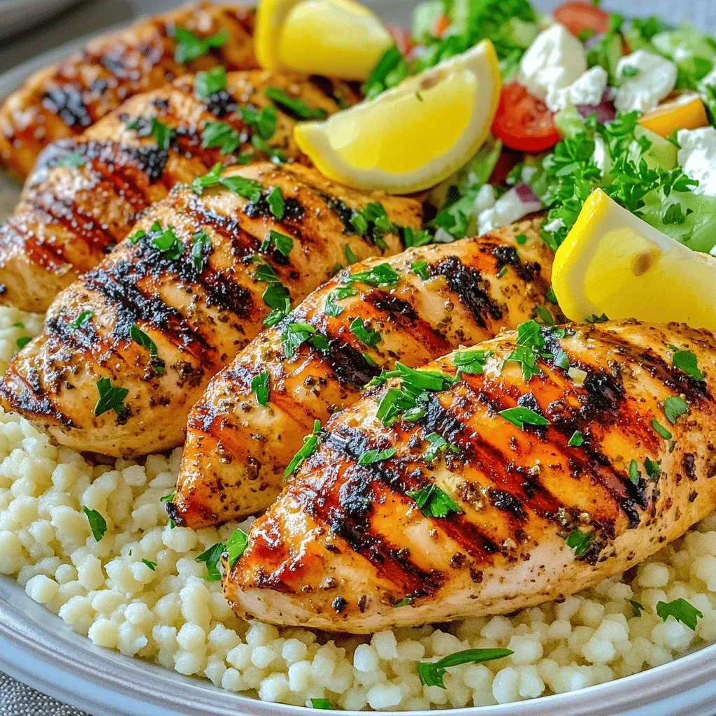 - 4 boneless, skinless chicken breasts - 1/4 cup olive oil - 1/4 cup fresh lemon juice - 3 cloves garlic, minced - 1 tablespoon dried oregano - 1 teaspoon dried thyme - 1 teaspoon dried rosemary - 1 teaspoon salt - 1/2 teaspoon black pepper - 1/2 cup plain Greek yogurt - Zest of 1 lemon - 2 tablespoons honey (for sweetness) - Fresh parsley for garnish - Mixing bowl - Whisk - Resealable plastic bag or shallow dish - Grill or skillet To make this Ultimate Greek Chicken Marinade, gather these ingredients first. The chicken breasts should be fresh and trimmed. Use high-quality olive oil for the best flavor. Fresh lemon juice brightens the taste, so squeeze those lemons right before you mix. Minced garlic adds a kick, while oregano brings warmth. For extra flavor, I like to add thyme and rosemary. The optional honey is great if you want a hint of sweetness. A sprinkle of fresh parsley adds a lovely touch when serving. To mix everything, you’ll need a bowl and a whisk. A resealable bag helps coat the chicken evenly, and you can use either a grill or a skillet to cook it. For the full recipe, check out the Ultimate Greek Chicken Marinade. This dish is a true delight and perfect for any meal! First, grab a medium bowl. You will whisk together olive oil, lemon juice, and minced garlic. Add dried oregano, thyme, rosemary, salt, and pepper. Mix it well until everything combines smoothly. Next, incorporate Greek yogurt and lemon zest into the mix. This makes the marinade creamy and flavorful. If you like a touch of sweetness, add honey. This step adds a nice balance to the tangy flavors. Now, take your chicken breasts and place them in a resealable plastic bag or a shallow dish. Pour the marinade over the chicken. Make sure each piece gets a good coat of the marinade. Seal the bag or cover the dish tightly. You should refrigerate it for at least 2 hours. For the best flavor, let it marinate overnight. This allows the chicken to soak up all those great flavors. When you’re ready to cook, preheat your grill or skillet over medium-high heat. Remove the chicken from the marinade. Let any excess marinade drip off before cooking. Place the chicken on the grill or skillet. Cook it for about 6-7 minutes on each side. You want the internal temperature to reach 165°F (75°C). Once it’s done, remove the chicken from the heat. Let it rest for 5 minutes before slicing. This step helps keep the chicken juicy. You can garnish it with fresh chopped parsley for a lovely finish. For the full details, check out the Full Recipe. For the best flavor, marinate the chicken for at least two hours. Longer marination, up to overnight, gives even better taste. The acidity of lemon juice is crucial. It helps tenderize the chicken while adding a bright flavor. If you want more sweetness, add honey to the marinade. This balances the tartness and enhances the overall taste. Grilling gives a smoky flavor that enhances the chicken. Preheat your grill to medium-high. If you prefer pan-searing, use a non-stick skillet. Cook the chicken for about 6-7 minutes on each side. Always check that the internal temperature reaches 165°F (75°C). To avoid dry chicken, let it rest for five minutes after cooking. This keeps the juices inside, making each bite tender. For a great finish, garnish with fresh parsley. It adds color and freshness. Serve the chicken on a bed of couscous or with a Greek salad. This creates a colorful plate that looks appealing. You can also add lemon wedges for a zesty touch. These additions make your meal not only tasty but also beautiful. For the full recipe, check out the Ultimate Greek Chicken Marinade. {{image_2}} You can play with this marinade. Try using different herbs or spices for a new twist. Fresh herbs can add brightness. For example, swap dried oregano with fresh. The flavor will be more vibrant. You can also use chicken thighs instead of breasts. Thighs are juicier and more forgiving during cooking. They can add a richer taste to your meal. Want to make it spicier? Add red pepper flakes or cayenne. Start with a small amount. You can always add more if you like heat. To boost Mediterranean flavors, try adding sun-dried tomatoes or capers. These ingredients bring depth and a touch of saltiness. Mixing in some feta cheese can also enhance the dish. Pair the chicken with sides for a complete meal. Consider serving it with roasted vegetables or a rice pilaf. Greek salad is a great option too. It adds freshness and crunch. You can also serve the chicken with tzatziki sauce for a cool dip. This creamy sauce complements the chicken's flavors perfectly. Try serving the chicken over a bed of couscous for a fun twist. For more ideas, check the Full Recipe. To keep your cooked chicken fresh, place it in an airtight container. This method helps preserve flavor and moisture. You can safely store it in the fridge for up to three days. Make sure the chicken cools down before sealing it. If you want to save marinated chicken for later, freezing is a great option. First, place the marinated chicken in a resealable plastic bag. Squeeze out as much air as possible before sealing. Label the bag with the date. You can freeze it for up to three months. When you are ready to cook, thaw the chicken in the fridge overnight for best results. For safe reheating, always heat chicken to an internal temperature of 165°F (75°C). You can use the microwave, oven, or stovetop. If using the microwave, cover the chicken with a damp paper towel to keep it moist. When using the oven, cover the chicken with foil to trap steam and prevent drying out. This keeps your chicken juicy and delicious. For more details, check the Full Recipe. The best marinating time is at least 2 hours. For the best flavor, aim for 12 to 24 hours. When you marinate chicken longer, it soaks up more flavor. This also makes the chicken tender. If you only have a short time, don’t worry! Even 2 hours will boost the taste. Yes, you can make this marinade ahead of time. Store it in a jar or airtight container. Keep it in the fridge for up to 3 days before use. This gives the flavors time to blend. When you're ready to use it, just shake it well. Fresh ingredients like lemon juice may lose some potency if stored too long. You can serve this chicken with many sides. Here are some great ideas: - Greek salad - Couscous - Roasted vegetables - Rice pilaf - Tzatziki sauce These sides add freshness and flavor. They create a complete meal that everyone will love. Grilling frozen chicken is not recommended. It can cook unevenly and take longer. If you must use frozen chicken, thaw it first. The best way to thaw is in the fridge overnight. If you are short on time, use the microwave. Adjust your cooking time: frozen chicken may take double the time to cook. Always check that the internal temperature reaches 165°F (75°C) before serving. In this post, we explored how to create a tasty Greek chicken marinade. You learned about the essential ingredients, preparation steps, and cooking methods. I also shared tips on perfecting flavor and storing leftovers. Remember, marinating your chicken enhances its taste and keeps it tender. Try the suggested variations to make it your own. Each step helps you make a delicious meal that will impress anyone. Enjoy cooking!