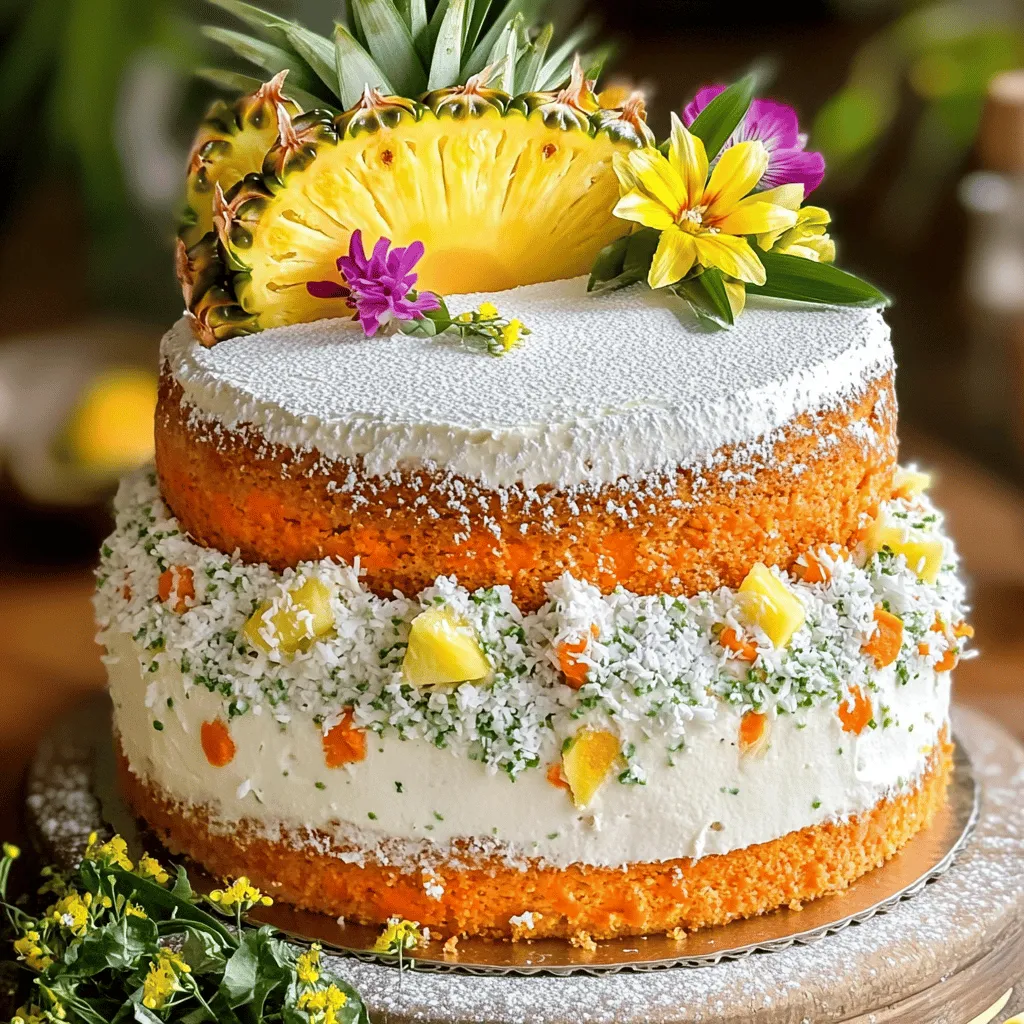 - 2 cups all-purpose flour - 1 1/2 cups granulated sugar - 1 teaspoon baking powder - 1 teaspoon baking soda - 1 teaspoon ground cinnamon - 1/2 teaspoon ground nutmeg - 1/2 teaspoon salt - 4 large eggs - 1 cup vegetable oil - 2 cups grated carrots - 1 cup crushed pineapple - 1/2 cup chopped walnuts or pecans (optional) - 1/2 cup shredded coconut - 1 teaspoon vanilla extract The ingredients in this cake are key to its moist texture and sweet flavor. Each component plays an important role. The all-purpose flour provides structure. The sugar adds sweetness, while baking powder and baking soda help it rise. Ground cinnamon and nutmeg bring warmth and spice. Salt balances the sweetness. Eggs bind everything together and add richness. Vegetable oil keeps the cake moist. Grated carrots add sweetness and nutrients. Crushed pineapple brings moisture and a tropical twist. If you like, you can add chopped nuts for crunch and shredded coconut for added flavor. - Gluten-free flour options: You can use almond flour or a gluten-free blend. Both work well. - Vegan alternatives for eggs and oil: Try flaxseed meal mixed with water for eggs. Applesauce can also replace oil. - Coconut milk as a substitute for oil: This works well for a richer flavor and creaminess. Choosing the right ingredients makes this cake special. You can mix and match based on your needs. For the full recipe, you can check the details. First, set your oven to 350°F (175°C). This is the right temperature for baking. While it heats, we need to prepare the cake pans. Grease the pans with a thin layer of butter or oil. Then, sprinkle flour over the greased surface. This will help the cakes come out easily. You can also line the pans with parchment paper for extra safety. In a large bowl, combine the dry ingredients. Measure out the flour, sugar, baking powder, baking soda, cinnamon, nutmeg, and salt. Use a whisk to mix them together. Whisking helps to break up any lumps for a smooth batter. Accurate measuring is key for a great cake. Too much or too little can change the taste or texture. In another bowl, beat the eggs until they are light and fluffy. Add the vegetable oil and vanilla extract next. Mix these until they are smooth and well combined. This step adds richness and flavor to the cake. Make sure to incorporate the oil fully. This will help the cake stay moist. Now it's time to add the fun stuff! Gently fold in the grated carrots and crushed pineapple. Use a spatula to mix them in. Be careful not to overwork the batter. You want to keep it light and airy. Evenly distributing the carrots and pineapple helps every bite taste amazing. Pour the batter evenly into your prepared pans. Bake for 30-35 minutes. To check if the cakes are done, insert a toothpick into the center. If it comes out clean, they are ready! If you live at a high altitude, you may need to adjust the baking time. Keep an eye on your cakes. After baking, let the cakes cool in the pans for about 10 minutes. This makes them easier to handle. Then, carefully remove them from the pans and place them on a wire rack. Let them cool completely. Cooling is important for a good frosting application later. If the cakes are warm, the frosting can melt off. For the full recipe check out the instructions provided above. To achieve a moist texture, you need to focus on your ingredients. Use fresh carrots and ripe pineapple. The moisture in these ingredients helps the cake stay soft. Overmixing can hurt your cake too. Mix just until everything comes together. Using fresh ingredients is key. Fresh carrots have more water and sweetness. Ripe pineapple adds flavor and moisture. If you use canned pineapple, make sure to drain it well. This prevents excess liquid from making your cake soggy. Adding extra spices can take your cake to the next level. Consider adding ginger or allspice. These spices enhance the cake's warm flavors. A bit of lime zest gives a pop of freshness. It brightens the cake and adds a tropical twist. Just a teaspoon can make a big difference. Frosting is where you can get creative. A simple cream cheese frosting works well. You can mix in lime juice for a tangy flavor. Use a spatula to create swirls on top. For a fun look, pipe rosettes around the edges. Garnishing your cake makes it more appealing. Dust the top with powdered sugar or coconut flakes. Fresh pineapple slices or edible flowers add color and style. These small touches make your cake stand out. For the full recipe, check out the details above. {{image_2}} You can play around with frosting to make your cake more special. Here are a few options: - Cream cheese frosting recipe: Mix 8 oz of cream cheese with 1/2 cup of butter. Add 4 cups of powdered sugar and 1 tsp of vanilla. Blend until smooth. This pairing adds a tangy kick that balances the sweetness. - Tropical fruit glaze: Combine 1 cup of powdered sugar with 2-3 tablespoons of pineapple juice. Drizzle it on top of the cooled cake. This glaze gives a bright, fruity finish. - Coconut whipped cream alternative: Chill 1 can of coconut cream overnight. Scoop the solid cream into a bowl. Whip until fluffy. This option is light and adds a tropical touch. You can swap fruits and nuts based on your taste: - Other fruits that can be used: Try using mashed bananas or applesauce instead of pineapple. You can also add mango or orange zest for extra flavor. - Nut-free options for allergies: Omit the nuts entirely. You can replace them with sunflower seeds or pumpkin seeds for a crunch. This keeps the cake safe for those with nut allergies. If you want smaller treats, you can turn this cake into cupcakes: - Converting the recipe into cupcakes: Use the same batter and fill cupcake liners about 2/3 full. This keeps them from overflowing. - Baking time adjustments: Bake them for about 18-22 minutes. Check with a toothpick to see if they are done. Once done, let them cool before frosting. To keep your Tropical Pineapple Carrot Cake moist, store it in an airtight container. This helps trap moisture and prevent the cake from drying out. If you don't have one, a cake dome works well too. Just place a piece of wax paper between the cake and the lid to avoid sticking. This small trick keeps the frosting intact and the cake fresh. You can freeze your cake for later enjoyment. First, let it cool completely. Then, wrap it tightly in plastic wrap. After that, place it in a freezer-safe container or bag. This extra step prevents freezer burn. When you're ready to eat, thaw the cake in the fridge overnight. For the best texture, let it come to room temperature before serving. At room temperature, your cake lasts about 3 to 5 days. Keep it in a cool, dry place away from direct sunlight. If the weather is warm, it's best to refrigerate it. Watch for signs of spoilage, such as a dry or hard texture and mold. If you notice any of these, it's best to discard the cake. Yes, you can make this cake a day ahead. It tastes even better as it sits. The flavors blend and deepen overnight. Just cover it well to keep it fresh. Store it at room temperature if you plan to eat it soon. If you want to keep it longer, refrigerate it. For a vegan option, use flax eggs. Combine 1 tablespoon of ground flaxseed with 2.5 tablespoons of water. Let it sit for about five minutes until it thickens. You can also use applesauce. About 1/4 cup of applesauce replaces one egg. Both options keep the cake moist and fluffy. To prevent sinking, be sure to measure ingredients accurately. Avoid overmixing the batter; it can create too much air. Also, ensure your baking powder and baking soda are fresh. Lastly, check your oven's temperature. An oven thermometer helps keep the right heat. No, it's not necessary to add nuts and coconut. They add texture and flavor, but you can skip them if you prefer. You can also replace them with other ingredients, like dried fruit or chocolate chips. Customize the cake to suit your taste! Yes, this recipe can be made gluten-free. Use a gluten-free all-purpose flour blend. Make sure it contains xanthan gum, which helps with texture. The cake will still be moist and delicious. Adjust baking time slightly, if needed, to get the right doneness. For the full recipe, check out the earlier section. You now have a complete guide to making a tasty Tropical Pineapple Carrot Cake. From selecting the right ingredients to baking and storage tips, every step is covered. Remember, fresh ingredients make a big difference in flavor. You can also get creative with variations or frosting options to suit your taste. Whether it's a special occasion or just a sweet treat, this cake will impress. Enjoy the process, and happy baking!