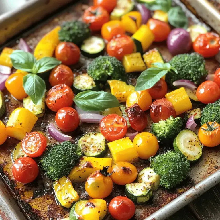 To create a tasty roasted vegetable medley, I choose a variety of fresh veggies. Here are the main ones: - 1 cup cherry tomatoes, halved - 1 bell pepper (any color), sliced - 1 medium zucchini, chopped - 1 medium yellow squash, chopped - 1 red onion, cut into wedges - 2 cups broccoli florets Using a mix of colors not only adds flavor but also makes the dish look great. Each vegetable brings its own unique taste and texture. For the best flavor, I use simple seasonings and a good oil. Here’s what I like: - 3 tablespoons olive oil - 2 teaspoons garlic powder - 1 teaspoon smoked paprika - 1 teaspoon dried oregano - Salt and pepper to taste Olive oil helps the veggies roast well, while the seasonings give them a delightful taste. Smoked paprika adds a warm, earthy flavor that I love. To make the dish even better, I like to add some fresh herbs. A few options are: - Fresh basil leaves for garnish (optional) Adding fresh basil at the end gives a nice pop of flavor. It also makes the dish look vibrant and fresh. For the full recipe, check out the details above! Start by washing all your vegetables. I like to cut my cherry tomatoes in half. Slice the bell pepper into strips. Cut the zucchini and yellow squash into bite-sized pieces. For the red onion, just cut it into wedges. Lastly, grab your broccoli florets. They should be small enough to roast well. Place all these chopped veggies in a large mixing bowl. Now it’s time to add flavor. Drizzle three tablespoons of olive oil over the veggies. Next, sprinkle in two teaspoons of garlic powder. Add one teaspoon of smoked paprika and one teaspoon of dried oregano. Don’t forget to season with salt and pepper to taste. Toss everything together until the vegetables are well coated. This step is key for great flavor! Preheat your oven to 425°F (220°C). Spread the seasoned vegetable medley on a large baking sheet. Make sure to arrange them in a single layer for even cooking. Roast in the oven for 25 to 30 minutes. Stir the veggies halfway through to help them cook evenly. You want them to be tender and slightly caramelized. Once done, let them cool for a few minutes. If you like, add fresh basil leaves for a nice touch. For the full recipe, check out the complete instructions above. To get the best roasted veggies, choose fresh, high-quality ingredients. Cut your veggies into similar sizes. This ensures they cook evenly. Use a large baking sheet. Crowding the pan can make them steam instead of roast. A single layer helps them brown nicely. Remember to preheat your oven to 425°F (220°C). This high heat gives a great caramelized flavor. Feel free to get creative with seasonings. The basic mix includes garlic powder, smoked paprika, and oregano. You can add other spices too! Try thyme, cumin, or even chili flakes for some heat. Taste the mix before roasting. Adjust the salt and pepper to your liking. A little extra olive oil can enhance flavor and help with browning. Serve your roasted vegetable medley as a side dish. It pairs well with grilled meats or fish. You can also enjoy it over rice or quinoa for a healthy meal. For a fresh touch, sprinkle basil leaves on top. This adds a nice pop of color and flavor. You can find the full recipe to guide you through the steps with ease. {{image_2}} You can swap out any vegetable in this dish. If you don't like zucchini, try carrots or bell peppers. Brussels sprouts work great too. For a twist, add eggplant or asparagus. The key is to keep the colors bright for eye appeal. Feel free to explore different flavors. Instead of garlic powder, use onion powder for a milder taste. Add cumin for a warm spice or chili powder for a kick. You can also use fresh herbs like thyme or rosemary for a garden taste. This dish fits many diets. For vegans, it is perfect as is. If you love protein, add grilled chicken or tofu. For a hearty meal, serve over rice or quinoa. The medley also pairs well with whole-grain bread for a filling side. Try it with your favorite dip for a fun twist. For the complete recipe, check out the Full Recipe section. To store your leftover roasted vegetable medley, let it cool first. Place the vegetables in an airtight container. This keeps them fresh for up to four days in the fridge. Label the container with the date to track freshness. If you want to keep the flavors intact, do not mix in any sauces or dressings. Keeping them separate helps maintain their taste. Reheating is easy. You can use an oven or a microwave. For the oven, preheat to 350°F (175°C). Spread the vegetables on a baking sheet and heat for about 10-15 minutes. This method keeps them crisp. If you use a microwave, place them in a bowl and cover it with a lid. Heat on high for 1-2 minutes. Stir halfway to ensure even heating. Freezing roasted vegetables is a great way to enjoy them later. First, let the veggies cool completely. Then, spread them on a baking sheet in a single layer. Freeze for about an hour. This prevents the vegetables from clumping together. After freezing, transfer them to a freezer-safe bag. Remove as much air as you can. Label it with the date. You can freeze them for up to three months. When you're ready to eat, just reheat them straight from the freezer! For the full recipe, check out the [Full Recipe]. Yes, you can make a Roasted Vegetable Medley ahead of time. Just prepare the vegetables and season them. Then, store them in an airtight container in the fridge. They will stay fresh for about three days. When you're ready to eat, just roast them in the oven. This makes it easy to enjoy a healthy dish on busy days. The best temperature for roasting vegetables is 425°F (220°C). This high heat helps to caramelize the veggies. It makes them tender and brings out their natural sweetness. At this temperature, your vegetables will roast evenly and develop a nice, crispy texture. To make roasted vegetables crispy, follow these tips: - Cut the vegetables into even sizes. This helps them cook at the same rate. - Use enough oil to coat them lightly. This helps with browning and crispiness. - Spread the vegetables out in a single layer on the baking sheet. This allows air to circulate. - Roast them at a high temperature, around 425°F (220°C). - Stir them halfway through roasting to ensure even cooking. For the perfect mix, check the Full Recipe for guidance on ingredients and steps. Roasting vegetables is simple and fun. We covered ingredients, like fresh veggies and spices. You learned how to prepare, season, and roast these healthy snacks. Tips helped you perfect your dish and think of fun variations. Remember storage advice for leftovers so they stay tasty. Try these methods for your meals. Enjoy yummy roasted veggies any time!