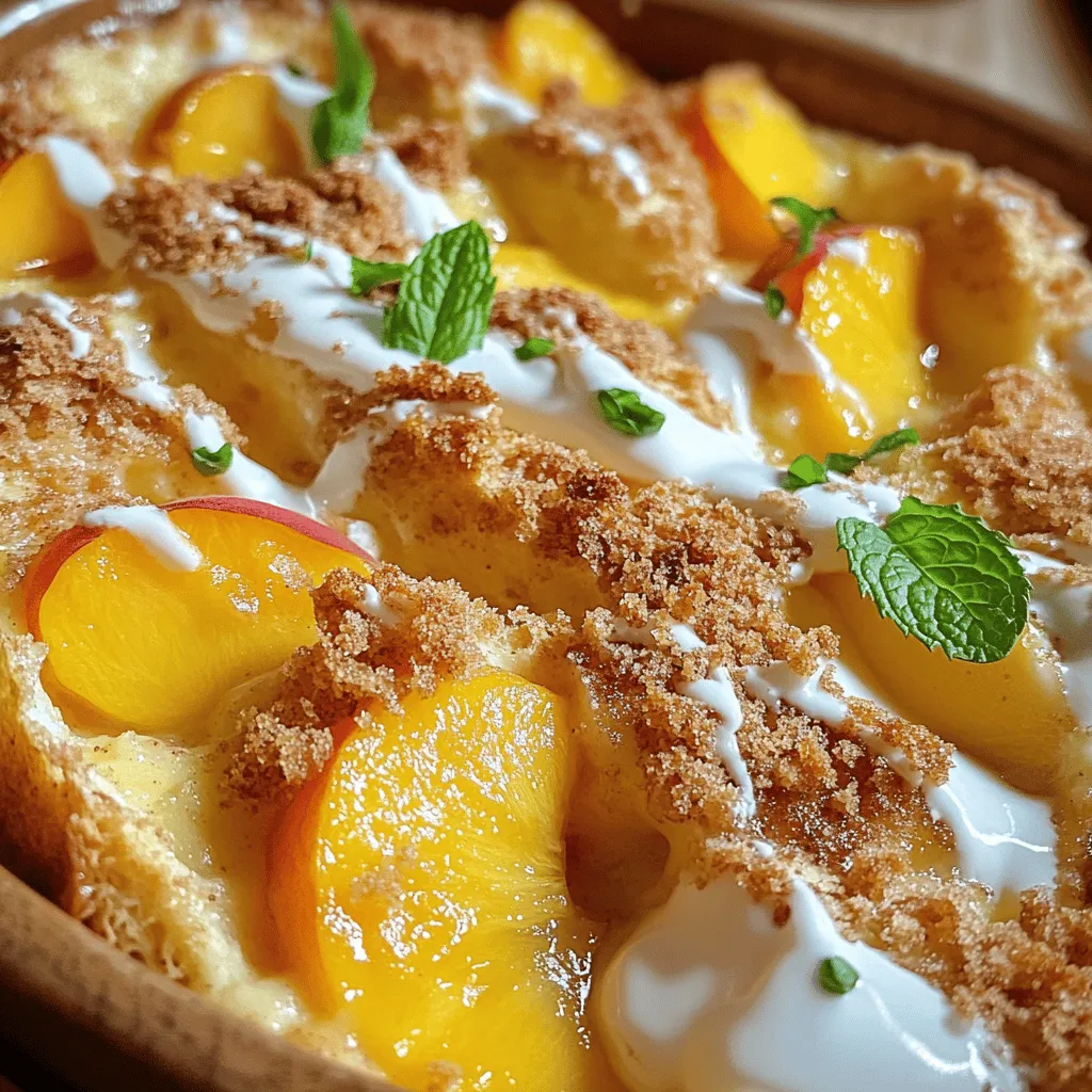 To make Peach Cobbler Bread Pudding, you need simple and fresh ingredients. Here’s the list: - 4 cups day-old bread, cubed (brioche or challah) - 2 cups fresh peaches, peeled and sliced - 1 cup heavy cream - 1 cup whole milk - 3 large eggs - 3/4 cup granulated sugar - 1 tablespoon vanilla extract - 1 teaspoon ground cinnamon - 1/4 teaspoon nutmeg - 1/2 cup brown sugar, packed - Pinch of salt - 1 tablespoon butter, for greasing These ingredients come together to create a warm and comforting dish. The cubed bread soaks up the creamy custard. The fresh peaches add sweetness and fruitiness. Each bite is a mix of flavors and textures that truly delight. You can find the full recipe online for the detailed steps. - Preheat the oven and prepare the baking dish Start by preheating your oven to 350°F (175°C). While it warms up, take a 9x13 inch baking dish and grease it well with butter. This helps the pudding not stick. - Combine the liquid ingredients and whisk In a large mixing bowl, mix the heavy cream, whole milk, eggs, granulated sugar, vanilla extract, ground cinnamon, nutmeg, and a pinch of salt. Whisk everything together until it’s smooth and well blended. This will be your custard base. - Soak the bread cubes in the custard mixture Take your cubed bread and slowly add it to the custard mixture. Make sure all the bread pieces are well soaked. Let it sit for about 10 minutes. This gives the bread time to soak up all that delicious custard. - Add the peaches and mix gently Now it's time to add the fresh peach slices to the soaked bread mixture. Gently fold them in so they mix well with the bread. You want to ensure the peaches are spread out evenly. - Transfer to the baking dish and sprinkle the topping Pour the entire mixture into your greased baking dish. In a small bowl, mix the brown sugar with a little butter until it looks like a crumble. Sprinkle this topping over the bread pudding for a sweet, crunchy finish. - Bake and check for doneness Place the dish in the preheated oven. Bake for 45 to 50 minutes. Check if it's done by inserting a knife in the center. If it comes out clean, your pudding is ready. The top should be golden brown and inviting. For the full recipe and additional tips, check out the [Full Recipe]. - Choosing the right bread for texture Use day-old bread like brioche or challah. These types soak up the custard well. Fresh bread may turn mushy. Aim for a soft, fluffy texture. - Tips for perfectly baked bread pudding Bake until the top is golden brown. The center should be firm but not dry. Check doneness with a knife. If it comes out clean, you’re good to go. - How to avoid common cooking mistakes Don’t skip soaking the bread long enough. This step ensures even flavor. Watch the baking time closely. Overbaking can lead to a dry pudding. - Ideal accompaniments Serve warm with a scoop of vanilla ice cream or whipped cream. The cold cream contrasts nicely with the warm pudding. You can also drizzle heavy cream on top for extra richness. - Presentation tips for an inviting look Garnish with fresh mint leaves or peach slices. This adds color and freshness. Use a nice serving dish to make it more appealing. A well-presented dessert enhances the dining experience. {{image_2}} To make your Peach Cobbler Bread Pudding even better, consider adding spices like ginger or cloves. These spices add warmth and depth. Just a pinch can make a big impact! You can also swap out peaches for other fruits. Berries or apples work great. They bring their own sweetness and flavor. Mix and match to find your favorite combo. If you need gluten-free options, use gluten-free bread. Many brands offer tasty choices. Just make sure it is stale enough for the best texture. For dairy-free alternatives, almond or coconut milk can work well. You can also use coconut cream instead of heavy cream. These swaps keep the dish creamy and delicious. For the full recipe, check out the Peach Cobbler Bread Pudding section above! To keep your Peach Cobbler Bread Pudding fresh, store any leftovers in the fridge. Place it in an airtight container. If you do not have one, use plastic wrap. This will help to keep moisture in and prevent it from drying out. Make sure to eat it within three to four days for the best taste. If you want to save your bread pudding for later, freezing is a great option. Cut the pudding into portions before freezing. Wrap each piece tightly in plastic wrap. Then, place them in a freezer-safe bag. This will help keep them fresh for up to three months. When you’re ready to enjoy it again, take it out of the freezer. Let it thaw in the fridge overnight. To reheat, place it in the oven at 350°F (175°C) for about 20 minutes. This will warm it up nicely. You can also use the microwave, but be careful not to overheat it. For the full recipe, check out the detailed instructions. Can I use frozen peaches? Yes, you can use frozen peaches. Just thaw them first. Drain excess liquid to avoid a soggy pudding. Using frozen peaches can save time and still give great flavor. How do I know when the bread pudding is done? The bread pudding is done when the center is set. Insert a knife into the middle. It should come out clean. The top should also be golden brown for a nice finish. Can I make this ahead of time? Yes, you can prepare this dish ahead of time. Assemble it the night before and store it in the fridge. Just bake it the next day when you’re ready to enjoy it. What is the best way to reheat Peach Cobbler Bread Pudding? To reheat, place it in an oven at 350°F (175°C). Cover it with foil to keep it moist. Heat for about 20 minutes or until warm throughout. Can I substitute milk for a plant-based option? Absolutely! You can use almond milk, oat milk, or coconut milk. These options work well and keep the pudding creamy and delicious. How do I enhance the flavor of the pudding? Add spices like ginger or cloves for a warm kick. You can also include a splash of bourbon for depth. Fresh herbs like mint can brighten the flavors too. This blog post explores a delicious peach cobbler bread pudding recipe. We covered key ingredients, step-by-step instructions, and helpful tips. You learned how to choose the best bread, bake it perfectly, and serve it right. Variations and storage options give you room to get creative. Finally, we answered common questions to help you succeed. Enjoy every bite of this comforting dish. It’s perfect for sharing, so gather your friends and family to savor it together. Happy baking!