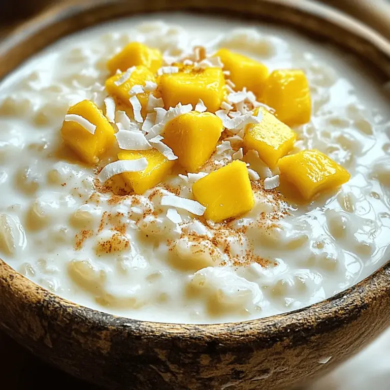 - 1 cup jasmine rice - 4 cups coconut milk - 1/2 cup sugar - 1/4 teaspoon salt - 1 teaspoon vanilla extract - 1/2 teaspoon ground cinnamon - 1/4 cup shredded coconut (unsweetened) - Fresh mango or pineapple, diced (for topping) - Medium saucepan - Measuring cups and spoons - Mixing spoon To make creamy coconut rice pudding, gather these key ingredients. You need jasmine rice for its lovely texture. Coconut milk gives it that rich, tasty flavor. Sugar adds sweetness, while salt brings balance. Vanilla extract enhances the pudding with a warm aroma. You can also add optional ingredients for an extra touch. Ground cinnamon brings warmth and spice, while shredded coconut adds texture. Topping with fresh fruit like mango or pineapple makes it even better. For this recipe, you will need a medium saucepan to cook everything. Use measuring cups and spoons to get the quantities right. A mixing spoon helps blend the ingredients as you cook. This is the foundation for your delightful creamy coconut rice pudding. You can find the full recipe later in the article. To start, rinse 1 cup of jasmine rice under cold water. This step is key! Rinsing removes excess starch. It helps the rice become creamy and not too sticky. Keep rinsing until the water runs clear. Next, combine the rinsed rice with 4 cups of coconut milk in a medium saucepan. This gives the pudding its rich, lush taste. Now, bring the mixture to a gentle boil over medium heat. Stir it occasionally to keep the rice from sticking. Once it boils, reduce the heat to low. Add 1/2 cup of sugar, 1/4 teaspoon of salt, and 1 teaspoon of vanilla extract. Stir well to mix everything together. Cover the saucepan and simmer for about 20-25 minutes. Stir it occasionally. The rice will become tender, and the mix will thicken into a creamy pudding. Once the rice is cooked, stir in 1/2 teaspoon of ground cinnamon and 1/4 cup of shredded coconut. This adds flavor and texture. Mix well to combine. Remove the saucepan from heat and let the pudding rest for 5 minutes. The pudding will continue to thicken as it cools. You can serve it warm or chilled in bowls. Top with diced fresh mango or pineapple for a tasty treat. Optional: sprinkle more cinnamon or toasted coconut on top for garnish. For the complete recipe, refer to the Full Recipe. To make creamy coconut rice pudding, start by rinsing the rice. Rinsing removes extra starch. This step helps achieve the creamy texture you want. After rinsing, cook the rice in coconut milk on low heat. Stir the rice often while it cooks. This keeps it from sticking and helps it cook evenly. Aim for about 20-25 minutes of cooking time. You can make this dish even better by adding spices. A pinch of nutmeg or cardamom can elevate the taste. Also, think about toppings. Fresh mango or pineapple adds a bright flavor. You can also sprinkle more cinnamon or toasted coconut on top for extra flair. You can serve your pudding warm or chilled. Warm pudding feels cozy, while chilled pudding is refreshing. For presentation, use glass bowls or clear cups. This shows off the creamy texture and vibrant toppings. Consider adding a mint leaf for color and a pop of freshness. {{image_2}} You can easily make this pudding dairy-free. Use almond or oat milk instead of coconut milk. Both options keep the creamy texture and add unique flavors. Almond milk gives a light, nutty taste. Oat milk adds a smooth, sweet flavor. These alternatives work well in the recipe. Want to mix things up? You can add cocoa powder for a chocolate twist. Just stir in a few tablespoons of cocoa powder with the rice. This change makes a rich dessert that chocolate lovers will adore. You can also infuse the pudding with fresh herbs like mint. Add a few mint leaves while cooking for a refreshing touch. If you're looking for gluten-free options, you're in luck! The main ingredients are naturally gluten-free. Check that your rice and any add-ins are certified gluten-free. For those watching their sugar, you can cut down the sugar or use a sugar substitute. This way, you can enjoy a delicious dessert that fits your dietary needs. To keep your creamy coconut rice pudding fresh, store it in the fridge. Use an airtight container. This stops air from making it dry or hard. The pudding stays great in the fridge for a few days. If you want, you can cover the top with plastic wrap for extra protection. If you want to keep the pudding for a longer time, freezing is a good option. Spoon the pudding into a freezer-safe container. Leave some space at the top for expansion. Close it tightly. When you're ready to eat it again, let it thaw in the fridge overnight. Reheat it gently on the stove or in the microwave. Add a splash of coconut milk if it seems too thick. In the fridge, your creamy coconut rice pudding lasts about 4 to 5 days. In the freezer, it can stay good for about 2 to 3 months. Just remember, the longer it sits, the more the texture may change. Enjoy your delicious treat while it’s fresh! The best rice for rice pudding is jasmine rice. Jasmine rice has a soft and sticky texture when cooked. This makes it ideal for a creamy pudding. Other types like Arborio can also work, but jasmine gives a great flavor and texture. Yes, this recipe is already vegan! It uses coconut milk, which is a great dairy-free option. You don’t need any animal products. It stays rich and creamy without milk or eggs. If your rice pudding is runny, don't worry. Here are some tips: - Cook longer: Let it simmer a bit more. This helps it thicken. - Add more rice: Combine a bit of uncooked rice with water. Stir this in and cook more. - Cornstarch mixture: Mix cornstarch with water and stir it in. Heat until it thickens. Yes, you can use sweetened coconut milk! This will make the pudding sweeter. You may want to cut back on sugar in the recipe. Balance is key, so taste and adjust as needed. This blog post shows you how to make a tasty rice pudding using simple ingredients. Jasmine rice and coconut milk create a creamy base, while sugar and vanilla add sweetness. You learned tips to enhance flavors and serve it well. As you try this recipe, remember you can adapt it to your taste. With options like dairy-free milk or extra spices, you can make this treat your own. Enjoy creating your version of this comforting dessert!