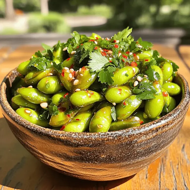 To make Spicy Garlic Edamame, you need: - 2 cups fresh edamame in pods - 3 cloves garlic, minced - 2 tablespoons soy sauce - 1 tablespoon sesame oil - 1 teaspoon red pepper flakes (adjust to taste) - 1 tablespoon fresh cilantro, chopped (for garnish) - Salt to taste These ingredients come together to create a bold flavor. Fresh edamame pods provide a nice crunch. The garlic adds a savory aroma, while soy sauce gives depth. Sesame oil contributes a rich, nutty taste, and red pepper flakes bring the heat. Want to kick things up a notch? You can add: - A squeeze of lime juice - Ginger, grated or minced - Green onions, sliced thin These ingredients can brighten your dish and add fresh notes. Lime juice adds zest, while ginger adds warmth. Green onions introduce a nice crunch and mild onion flavor. Edamame is more than just tasty. It offers great health benefits: - High in protein, making it a good meat alternative - Rich in fiber, which aids digestion - Packed with vitamins and minerals like folate and vitamin K Eating edamame can help support a healthy diet. The protein content helps build muscle, while fiber keeps you full. Plus, it’s low in calories, making it a guilt-free snack. Enjoy these benefits while savoring your Spicy Garlic Edamame! First, gather all your ingredients. You will need fresh edamame, garlic, soy sauce, sesame oil, red pepper flakes, cilantro, and salt. 1. Start by boiling a large pot of water. Add a pinch of salt. 2. While the water heats, rinse the edamame pods under cold water. This keeps them fresh. 1. Once the water boils, add the edamame pods. Cook them for around 5 minutes. They should be tender yet bright green. 2. Drain the edamame in a colander. Then, rinse them under cold running water to stop the cooking. 3. Heat a large skillet on medium heat. Add the sesame oil and let it warm for about 1 minute. 4. Next, add the minced garlic to the skillet. Sauté for 1-2 minutes until fragrant. Be careful not to let it burn. 5. Stir in the soy sauce and red pepper flakes. Mix well for 1 minute. 6. Add the cooked edamame to the skillet. Toss them until they are well coated in the sauce. 7. Cook for an additional 2-3 minutes, allowing the flavors to blend. 8. Season with salt to taste. 9. Finally, remove from heat and sprinkle with fresh cilantro before serving. - Don’t overcook the edamame. They should remain bright green and slightly firm. - Always rinse the pods after cooking. This keeps them from cooking further and losing their color. - Adjust the red pepper flakes to match your spice level. You can always add more later! For the full recipe, be sure to check the details! One common mistake is overcooking the edamame. This can make them mushy. Cook for just 5 minutes. Also, don't skip rinsing them after boiling. This stops the cooking and keeps them bright green. Be careful with the garlic; burning it can ruin the dish. Cook it gently for just 1-2 minutes until fragrant. To make your Spicy Garlic Edamame pop, try adding a splash of lime juice. This adds a nice zing. You can also add more red pepper flakes if you love heat. Fresh ginger can bring a new twist too. Just a teaspoon, minced, adds warmth without overpowering. You can also mix in toasted sesame seeds for a nutty crunch. Serve your Spicy Garlic Edamame in a big bowl. This makes it look inviting. Add extra red pepper flakes on top for a bold touch. Fresh cilantro adds color and flavor. Offer small bowls for the pods, so guests can enjoy them easily. Pair them with drinks for a fun snack. This dish works well as an appetizer or a side dish at any meal. For the full recipe, check out [Full Recipe]. {{image_2}} You can easily change the taste of spicy garlic edamame. Try adding different spices or herbs. Here are some fun options: - Lemon zest: This adds a fresh and zesty taste. - Ginger: Grated ginger brings warmth and a hint of sweetness. - Peanut butter: A spoonful can create a creamy, nutty twist. Experiment with these add-ins to find your favorite mix. Good news! This recipe is already vegan. You can enjoy spicy garlic edamame without worry. If you want to boost its protein, add some tofu. Cube it and toss it in the skillet with the garlic. You can travel the world with edamame by adding global flavors. Here are some ideas: - Korean: Mix in gochujang for a spicy and sweet kick. - Mediterranean: Add some olives and feta cheese for a salty, tangy flavor. - Indian: Toss in some curry powder for a warm, aromatic touch. Each twist adds a unique flavor while keeping the base of the dish. For the full recipe, you can refer back to the ingredients and steps above. Enjoy your culinary adventure! After making spicy garlic edamame, let it cool completely. Place it in an airtight container. Store it in the fridge for up to three days. This keeps the flavors fresh and the pods tender. When you are ready to snack, simply take it out and enjoy. You can freeze edamame if you want to save some for later. First, let it cool completely. Then, spread the edamame on a baking sheet. Freeze for about one hour. Once frozen, transfer it to a freezer bag. This method helps to keep the pods from sticking together. You can freeze them for up to three months. To reheat your spicy garlic edamame, you have a few options. The microwave is quick and easy. Just place it in a bowl and heat for one to two minutes. Stir halfway through. If you prefer, you can also reheat it on the stove. Just add a small amount of oil to a skillet, warm it up, and toss the edamame for a few minutes. This helps bring back the flavors. Enjoy your snack just like you made it. For the full recipe, check the earlier section. The best way to prepare edamame is to boil it. Start with fresh, young pods. Bring water to a boil, add a pinch of salt, and cook for about five minutes. This method keeps the pods bright green and tender. Drain them and rinse under cold water. This stops cooking and keeps them fresh. Yes, you can use frozen edamame. Frozen pods are often pre-cooked and ready to use. Simply follow the package instructions to heat them. This saves time and still gives you great flavor. To balance the spice level, adjust the red pepper flakes. Start with a small amount, like half a teaspoon. Taste the dish as you cook. You can always add more if you like it spicier. Don’t forget, you can also add more garlic for a different kick. You can find Spicy Garlic Edamame in many Asian restaurants. Look for places that serve Japanese or fusion cuisine. It’s often on the appetizer menu. Many local eateries also offer this dish as a popular snack. Edamame is packed with nutrients. It is high in protein, fiber, and healthy fats. A serving has about 120 calories and offers vitamins like K and folate. It’s a healthy snack option that can support your diet. In this article, we explored edamame, from its ingredient list to cooking tips. You learned how to prepare and serve it in tasty ways. Edamame is not just delicious; it also offers many health benefits. Be sure to avoid common mistakes for best results. Experiment with flavors and ways to store your edamame. Remember, edamame is versatile and can fit many diets. With this knowledge, you can enjoy edamame like a pro.