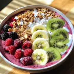 - 1 cup frozen mixed berries (strawberries, blueberries, raspberries) - 1 banana, sliced - 1/2 cup Greek yogurt (or dairy-free alternative) - 1/2 cup almond milk (or your preferred milk) - 1 tablespoon chia seeds - 1 tablespoon honey or maple syrup (optional) Berry smoothie bowls are not only tasty but also full of nutrients. The frozen mixed berries give a blast of flavor and color. Strawberries, blueberries, and raspberries each bring their own good stuff, like vitamins and antioxidants. The banana adds creaminess and natural sweetness. It helps to thicken the smoothie too. Greek yogurt gives extra protein and a nice texture. If you prefer a dairy-free option, any plant-based yogurt works great. Almond milk, or your favorite milk, keeps the smoothie smooth. You can adjust the amount to get the right thickness. Chia seeds are tiny but mighty. They add fiber and omega-3 fatty acids. If you want more sweetness, honey or maple syrup is an easy choice. - Sliced fresh fruits (like kiwi and banana) - Granola - Shredded coconut - Nuts or seeds Toppings are where you can get creative! Fresh fruits like kiwi and more banana add fun colors and flavors. Granola gives crunch, and shredded coconut adds a tropical flair. Nuts or seeds not only boost taste but also add extra nutrients. Feel free to mix and match the toppings to suit your taste. You can even use leftovers from other meals. This way, you get a unique bowl every time! For the full recipe, check out Berry Bliss Smoothie Bowl 🥥. - In a blender, combine the frozen mixed berries, sliced banana, Greek yogurt, almond milk, and chia seeds. - Blend on high until smooth and creamy. - If it’s too thick, adjust the consistency with more almond milk. - Pour the smoothie into a bowl. - Use a spatula to smooth the top. - Artfully arrange your desired toppings on top of the smoothie. - Serve immediately and enjoy! For a complete guide, check out the Full Recipe. To get the perfect smoothie bowl, start by adding the frozen mixed berries, banana, Greek yogurt, almond milk, and chia seeds to your blender. Blend on high until smooth. If your smoothie is too thick, add more almond milk a little at a time. You want a creamy, thick consistency that you can scoop with a spoon. If you want it sweeter, taste the mix after blending. You can add honey or maple syrup based on your taste. Blend again for a few seconds to mix it well. Making your smoothie bowl look good is fun! Pour the smoothie into a bowl and smooth the top. For toppings, think about colors and shapes. You can add sliced fresh fruits like kiwi and banana for brightness. Sprinkle granola and shredded coconut on top for crunch. Try to arrange your toppings in a neat pattern. This makes your bowl not just tasty but also pretty. A great-looking bowl makes it more fun to eat. {{image_2}} You can mix and match berries for your smoothie bowl. Try only strawberries or only blueberries. Each type adds its own taste. Strawberries give a sweet, fresh flavor. Blueberries add a bit of tartness and are rich in antioxidants. You can also add superfoods. Acai is a great choice. It brings a unique flavor and extra health benefits. Spinach works too! It blends well and adds nutrients without changing the taste much. This way, you can enjoy a colorful and healthy bowl. If you want a dairy-free option, there are many choices. You can use coconut yogurt instead of Greek yogurt. Almond milk is a good swap for regular milk. Cashew milk or oat milk also work well. They make your smoothie creamy. For sweeteners, honey is not vegan. Instead, try agave syrup or maple syrup. Both add sweetness without dairy. These swaps help everyone enjoy this yummy bowl. To store any leftover smoothie, pour it into a clean jar. Seal it tightly. Place it in the fridge. It can last up to two days. If you want to keep it longer, freeze it. Use an airtight container to prevent freezer burn. This keeps the smoothie fresh. The best containers for storage are glass jars or BPA-free plastic ones. They help lock in flavor and nutrients. Avoid metal containers, as they can react with the ingredients. Always label your containers with the date. This helps you keep track of freshness. For meal prep, you can make smoothies ahead of time. Blend a big batch and store it in jars. This way, you have smoothies ready for the week. Just grab and go! To make this even easier, freeze your berries. Place them in a freezer bag or container. When you need them, just take out what you need. Frozen berries work great in smoothies. They keep your drink cold and thick. Plus, they are packed with nutrients. If you want a dairy-free option, use almond or coconut yogurt. These options give a creamy texture with a nice flavor. You can also try silken tofu or avocado. Both add creaminess without a strong taste. Smoothie bowls are nutrient-rich. Berries are full of vitamins and antioxidants. They can help improve heart health and boost your immune system. Adding toppings like chia seeds and nuts enhances the bowl’s nutrition. Chia seeds offer fiber and omega-3s, while nuts provide healthy fats and protein. Yes, you can use fresh berries! The texture will be different. Fresh berries create a thinner smoothie. If you want a thicker bowl, freeze your fresh berries for a few hours before blending. This keeps the smoothie cool and helps it hold its shape better. In this blog post, we explored how to create a delicious smoothie bowl. We covered key ingredients, like frozen berries and Greek yogurt, as well as optional toppings for extra flavor. I shared easy step-by-step instructions to blend your smoothie and serve it beautifully. Remember, you can customize your bowl with different fruits and storage tips for leftovers. Smoothie bowls are not just tasty; they also offer great health benefits. Enjoy making your own, and feel free to experiment with flavors and textures!