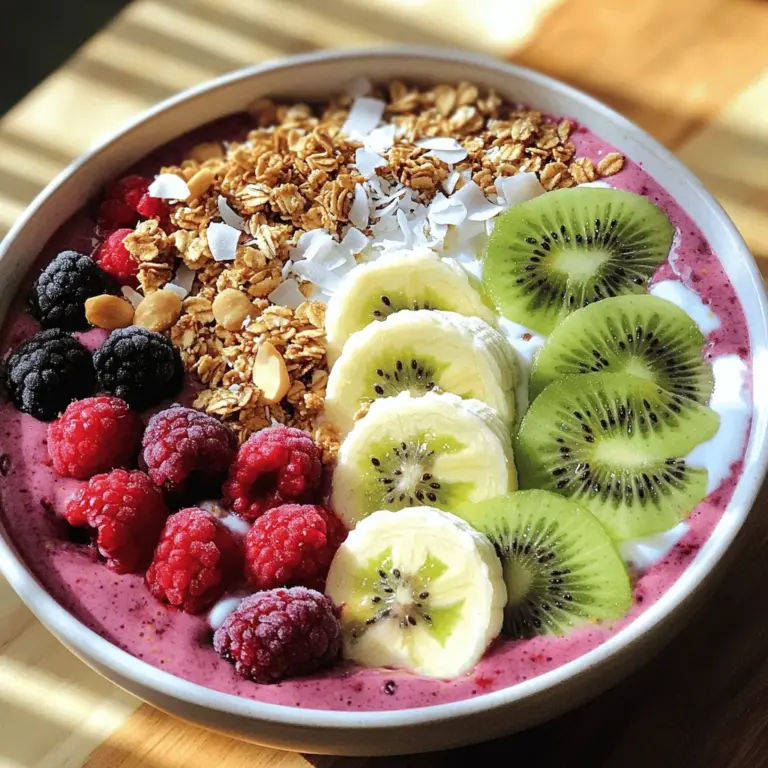 - 1 cup frozen mixed berries (strawberries, blueberries, raspberries) - 1 banana, sliced - 1/2 cup Greek yogurt (or dairy-free alternative) - 1/2 cup almond milk (or your preferred milk) - 1 tablespoon chia seeds - 1 tablespoon honey or maple syrup (optional) Berry smoothie bowls are not only tasty but also full of nutrients. The frozen mixed berries give a blast of flavor and color. Strawberries, blueberries, and raspberries each bring their own good stuff, like vitamins and antioxidants. The banana adds creaminess and natural sweetness. It helps to thicken the smoothie too. Greek yogurt gives extra protein and a nice texture. If you prefer a dairy-free option, any plant-based yogurt works great. Almond milk, or your favorite milk, keeps the smoothie smooth. You can adjust the amount to get the right thickness. Chia seeds are tiny but mighty. They add fiber and omega-3 fatty acids. If you want more sweetness, honey or maple syrup is an easy choice. - Sliced fresh fruits (like kiwi and banana) - Granola - Shredded coconut - Nuts or seeds Toppings are where you can get creative! Fresh fruits like kiwi and more banana add fun colors and flavors. Granola gives crunch, and shredded coconut adds a tropical flair. Nuts or seeds not only boost taste but also add extra nutrients. Feel free to mix and match the toppings to suit your taste. You can even use leftovers from other meals. This way, you get a unique bowl every time! For the full recipe, check out Berry Bliss Smoothie Bowl 🥥. - In a blender, combine the frozen mixed berries, sliced banana, Greek yogurt, almond milk, and chia seeds. - Blend on high until smooth and creamy. - If it’s too thick, adjust the consistency with more almond milk. - Pour the smoothie into a bowl. - Use a spatula to smooth the top. - Artfully arrange your desired toppings on top of the smoothie. - Serve immediately and enjoy! For a complete guide, check out the Full Recipe. To get the perfect smoothie bowl, start by adding the frozen mixed berries, banana, Greek yogurt, almond milk, and chia seeds to your blender. Blend on high until smooth. If your smoothie is too thick, add more almond milk a little at a time. You want a creamy, thick consistency that you can scoop with a spoon. If you want it sweeter, taste the mix after blending. You can add honey or maple syrup based on your taste. Blend again for a few seconds to mix it well. Making your smoothie bowl look good is fun! Pour the smoothie into a bowl and smooth the top. For toppings, think about colors and shapes. You can add sliced fresh fruits like kiwi and banana for brightness. Sprinkle granola and shredded coconut on top for crunch. Try to arrange your toppings in a neat pattern. This makes your bowl not just tasty but also pretty. A great-looking bowl makes it more fun to eat. {{image_2}} You can mix and match berries for your smoothie bowl. Try only strawberries or only blueberries. Each type adds its own taste. Strawberries give a sweet, fresh flavor. Blueberries add a bit of tartness and are rich in antioxidants. You can also add superfoods. Acai is a great choice. It brings a unique flavor and extra health benefits. Spinach works too! It blends well and adds nutrients without changing the taste much. This way, you can enjoy a colorful and healthy bowl. If you want a dairy-free option, there are many choices. You can use coconut yogurt instead of Greek yogurt. Almond milk is a good swap for regular milk. Cashew milk or oat milk also work well. They make your smoothie creamy. For sweeteners, honey is not vegan. Instead, try agave syrup or maple syrup. Both add sweetness without dairy. These swaps help everyone enjoy this yummy bowl. To store any leftover smoothie, pour it into a clean jar. Seal it tightly. Place it in the fridge. It can last up to two days. If you want to keep it longer, freeze it. Use an airtight container to prevent freezer burn. This keeps the smoothie fresh. The best containers for storage are glass jars or BPA-free plastic ones. They help lock in flavor and nutrients. Avoid metal containers, as they can react with the ingredients. Always label your containers with the date. This helps you keep track of freshness. For meal prep, you can make smoothies ahead of time. Blend a big batch and store it in jars. This way, you have smoothies ready for the week. Just grab and go! To make this even easier, freeze your berries. Place them in a freezer bag or container. When you need them, just take out what you need. Frozen berries work great in smoothies. They keep your drink cold and thick. Plus, they are packed with nutrients. If you want a dairy-free option, use almond or coconut yogurt. These options give a creamy texture with a nice flavor. You can also try silken tofu or avocado. Both add creaminess without a strong taste. Smoothie bowls are nutrient-rich. Berries are full of vitamins and antioxidants. They can help improve heart health and boost your immune system. Adding toppings like chia seeds and nuts enhances the bowl’s nutrition. Chia seeds offer fiber and omega-3s, while nuts provide healthy fats and protein. Yes, you can use fresh berries! The texture will be different. Fresh berries create a thinner smoothie. If you want a thicker bowl, freeze your fresh berries for a few hours before blending. This keeps the smoothie cool and helps it hold its shape better. In this blog post, we explored how to create a delicious smoothie bowl. We covered key ingredients, like frozen berries and Greek yogurt, as well as optional toppings for extra flavor. I shared easy step-by-step instructions to blend your smoothie and serve it beautifully. Remember, you can customize your bowl with different fruits and storage tips for leftovers. Smoothie bowls are not just tasty; they also offer great health benefits. Enjoy making your own, and feel free to experiment with flavors and textures!