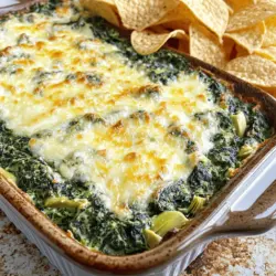 To make this creamy dip, gather these ingredients: - 1 cup fresh spinach, chopped - 1 cup canned artichoke hearts, drained and chopped - 1 cup cream cheese, softened - 1 cup sour cream - 1 cup shredded mozzarella cheese - 1/2 cup grated Parmesan cheese - 2 cloves garlic, minced - 1 teaspoon lemon juice - 1/2 teaspoon red pepper flakes (optional) - Salt and pepper to taste These ingredients blend together to create a rich and savory dip. The cream cheese and sour cream give it a creamy texture. Artichokes add a unique taste that pairs well with spinach. Each serving of this dip (about 1/4 cup) has: - Calories: 250 - Protein: 8g - Fat: 20g - Carbohydrates: 10g - Fiber: 1g This dip is rich in flavor but high in fat. Enjoy it in moderation, especially if you’re watching your calorie intake. You can change some ingredients to suit your taste or dietary needs: - Spinach: Use frozen chopped spinach instead of fresh. Just thaw and drain it well. - Artichokes: Substitute fresh artichokes if you want a more vibrant flavor. - Cream Cheese: Use Greek yogurt for a lighter option. - Mozzarella: Try pepper jack cheese for a spicy kick. - Sour Cream: Swap for cottage cheese for more protein. Feel free to mix and match based on what you have at home! For the full recipe, check out the detailed steps. First, gather all your ingredients. You need: - 1 cup fresh spinach, chopped - 1 cup canned artichoke hearts, drained and chopped - 1 cup cream cheese, softened - 1 cup sour cream - 1 cup shredded mozzarella cheese - 1/2 cup grated Parmesan cheese - 2 cloves garlic, minced - 1 teaspoon lemon juice - 1/2 teaspoon red pepper flakes (optional) - Salt and pepper to taste Wash and chop the spinach. Make sure to drain and chop the artichokes. Mince the garlic cloves. This prep will help your dip mix well. In a large bowl, add the softened cream cheese and sour cream. Mix them until they are smooth. This will be the base of your dip. Then, add the lemon juice for a touch of brightness. Next, stir in the chopped spinach and artichoke hearts. Add the minced garlic, mozzarella cheese, and Parmesan cheese. Mix everything well until it is fully combined. If you like a bit of heat, add the red pepper flakes. Finally, season with salt and pepper to your taste. Preheat your oven to 350°F (175°C). Once your dip is mixed, transfer it to a baking dish. Spread it evenly. Now, bake the dip for 25-30 minutes. You want it to be bubbly and slightly golden on top. After baking, let it cool for a few minutes. This step will help the dip set a bit. Serve warm with tortilla chips, pita bread, or fresh veggies for dipping. You can also sprinkle some mozzarella on top before baking for an even cheesier finish. Enjoy your creamy spinach and artichoke dip! To get that perfect creamy texture, start with softened cream cheese. If it’s too cold, it won't blend well. Mix the cream cheese and sour cream together first. This helps create a smooth base. Stir in the spinach and artichokes gently, so they don’t break apart too much. Use fresh ingredients for the best flavor. If you want it creamier, add more sour cream or cream cheese. Using the right tools makes cooking easier. For this dip, you need: - A large mixing bowl - A spatula for mixing - A baking dish for the oven - A knife and cutting board for chopping These tools help you mix well and bake evenly. One common mistake is not draining the artichokes well. If they are too wet, your dip will be runny. Another mistake is baking for too long. Keep an eye on it! You want the top golden but not burnt. Lastly, don’t skip seasoning. A little salt and pepper go a long way in enhancing the flavors. For the full recipe, follow the steps closely, and you will impress your friends! {{image_2}} To spice things up, I often add a kick to my dip. You can mix in jalapeños for heat. These can be fresh or pickled. Another great choice is to add chipotle in adobo sauce. This gives a deep, smoky flavor. Use just a spoonful to start. You can always add more if you want it hotter. If you love spice, don’t skip the red pepper flakes from the recipe. They add a nice touch! You can make this dip lighter or plant-based with a few swaps. For a low-fat option, use Greek yogurt instead of sour cream. It will still be creamy and tasty. If you want a vegan dip, swap cream cheese for vegan cream cheese. Use cashew cream for richness as well. For cheese, try nutritional yeast. It gives a cheesy flavor without dairy. These swaps let everyone enjoy the dip! Adding extra flavor can make this dip even better. Try mixing in sun-dried tomatoes for a sweet and tangy twist. You could also fold in some chopped olives or roasted red peppers. Fresh herbs like basil or parsley add brightness. For a zesty flavor, a squeeze of lime or lemon juice works well. Each of these will change the taste, giving you new dips to enjoy. Once you finish enjoying your dip, let it cool. Place any leftover dip in an airtight container. It will stay fresh in the fridge for about three to five days. Make sure to seal it well to keep out air and moisture. To reheat the dip, you can use an oven or microwave. If using the oven, set it to 350°F (175°C). Place the dip in an oven-safe dish. Heat for about 15 minutes or until warm. If using the microwave, heat in short bursts of 30 seconds. Stir in between to ensure it warms evenly. You can freeze the dip for longer storage. Use a freezer-safe container and leave some space at the top. The dip can last for up to three months in the freezer. When ready to enjoy, thaw it overnight in the fridge. Then, reheat it as described above. This method helps keep the dip creamy and tasty. For a full recipe, check the Spinach & Artichoke Delight Dip. Spinach and artichoke dip lasts about 3 to 5 days in the fridge. Store it in an airtight container. This keeps the dip fresh and tasty. The cream cheese and sour cream help preserve it. Always check for any changes in smell or texture before eating. Yes, you can make spinach and artichoke dip ahead of time. Prepare the dip, but don’t bake it yet. Cover it tightly and store it in the fridge. You can bake it later when you need it. This makes hosting easier and more fun. You can serve spinach and artichoke dip with many tasty options. Here are some ideas: - Tortilla chips - Pita bread - Fresh vegetable sticks (like carrots or celery) - Crackers These pair well and add crunch to the creamy dip. You can also sprinkle some extra cheese on top before baking for a cheesy finish. Spinach and artichoke dip is a crowd-pleaser. We covered the key ingredients, how to make it, and tips for a creamy texture. You learned about healthy swaps and flavor variations that suit your taste. Storing leftovers and reheating them are easy, too. Enjoy this dip with friends and family. Remember, cooking is fun, so get creative!