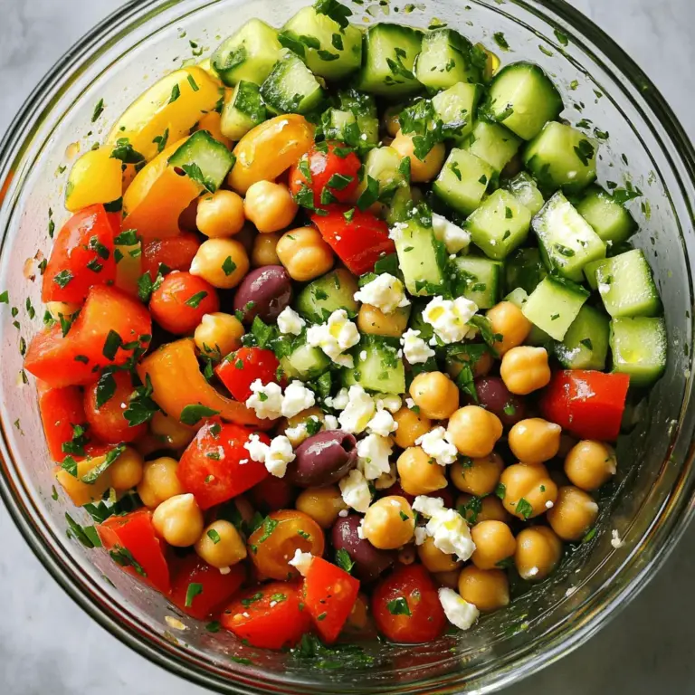 - 1 can (15 oz) chickpeas, drained and rinsed - 1 cucumber, diced - 1 red bell pepper, diced - 1 cup cherry tomatoes, halved - 1/4 red onion, finely chopped - 1/2 cup Kalamata olives, pitted and halved - 1/4 cup feta cheese, crumbled (optional) - 2 tablespoons fresh parsley, chopped - 2 tablespoons fresh mint, chopped - 3 tablespoons olive oil - 1 tablespoon lemon juice - 1 teaspoon dried oregano - Salt and pepper to taste Chickpeas are the star of this salad. They add protein and make you feel full. Fresh vegetables like cucumber and bell pepper add crunch and color. Cherry tomatoes bring sweetness, while red onion adds a bit of bite. Kalamata olives give a salty, rich taste. Feta cheese is optional but adds a nice creaminess. The dressing is simple. Olive oil and lemon juice bring brightness. Dried oregano adds depth. You can adjust the salt and pepper to fit your taste. - Fresh herbs like basil or dill - Avocado slices for creaminess - Roasted nuts for crunch You can play with flavors. Fresh herbs can change the taste. You can use avocado for a richer texture. Roasted nuts can add a delightful crunch. - Chickpeas are high in protein and fiber. They help you stay full longer. - Fresh vegetables are packed with vitamins and minerals. They boost your health. - Olive oil is a healthy fat. It helps with heart health and adds flavor. This salad is not just tasty, it's also good for you. Chickpeas give energy, while veggies keep you healthy. Olive oil helps your heart and tastes great. Enjoy this Mediterranean Chickpea Salad Fresh Healthy Delight! For the full recipe, check out the link above. - Prepping the vegetables Start by washing all your fresh vegetables. Chop the cucumber, red bell pepper, and red onion into small, even pieces. Halve the cherry tomatoes and olives. This ensures every bite is packed with flavor and texture. - Making the dressing In a small bowl, mix olive oil, lemon juice, dried oregano, salt, and pepper. Whisk them together until they blend well. This dressing ties all the flavors in your salad together. - Combining ingredients In a large mixing bowl, add the drained chickpeas, chopped cucumber, diced red bell pepper, halved cherry tomatoes, red onion, and Kalamata olives. Each ingredient adds a unique taste and texture. - Tossing the salad Pour the dressing over your salad mix. Gently toss everything together using a large spoon or spatula. Make sure every piece gets coated in that delicious dressing. - Resting time for flavor development Cover your salad and let it sit in the fridge for at least 30 minutes. This resting time allows the flavors to blend nicely. You’ll notice a big difference in taste. - Adjusting seasoning After resting, taste your salad. If you want a stronger flavor, add a splash more lemon juice or olive oil. Feel free to adjust salt and pepper to your liking. For the full recipe, check out the complete instructions and enjoy your Mediterranean Chickpea Salad! To keep your Mediterranean chickpea salad fresh, use an airtight container. This method locks in moisture and flavor. Store it in the fridge for up to three days. After this time, the veggies may lose texture. Always check for freshness before eating. If you want to prep ahead, chop your veggies and store them separately. Mix them with the chickpeas and dressing just before serving. This method keeps the salad crisp. Letting flavors mingle for at least 30 minutes is key to enhancing taste. This salad shines when paired with pita chips or grilled chicken. You can also serve it on a bed of greens for added crunch. For a fun twist, try filling a wrap with the salad. It makes a great lunch option! {{image_2}} You can easily make a vegan version of this salad. Just skip the feta cheese. The salad still tastes great with just the fresh veggies and chickpeas. For those who need gluten-free options, this salad is already gluten-free. All ingredients are naturally gluten-free, making it a safe choice for everyone. Feel free to swap out chickpeas for other legumes. Black beans or lentils work well too. They add different textures and flavors. Seasonal vegetables can also change your salad. Try using zucchini in summer or roasted pumpkin in fall. Each season brings new tastes to explore. Want to spice things up? Add cumin or smoked paprika. These spices give a warm depth to your salad. Fresh herbs like basil or dill can also change the flavor. They add brightness and freshness. You can even experiment with dressings. Try a tahini dressing for a creamy twist. Each change can make your salad exciting and new. For the full recipe, check out the earlier section. To store your Mediterranean Chickpea Salad, place leftovers in an airtight container. This helps keep the salad fresh and flavorful. It is best to consume the salad within three days. After that, the vegetables may lose their crunch. Always check for changes in smell or appearance before eating. Can you freeze this salad? It's not the best idea. Freezing can change the texture of fresh vegetables. However, you can freeze the dressing separately. Best practices for freezing include pouring the dressing into a freezer-safe bag. Seal it well and label it with the date. Use the dressing within three months for best taste. To refresh the dish after storage, start by adding a splash of lemon juice. This brightens up the flavors. You can also mix in fresh herbs, like parsley or mint, to enhance the taste. If the salad seems dry, drizzle a little olive oil. This will help bring it back to life. A Mediterranean Chickpea Salad is a fresh and colorful dish. It blends chickpeas with crisp vegetables and bright flavors. Common ingredients include: - 1 can (15 oz) chickpeas, drained and rinsed - 1 cucumber, diced - 1 red bell pepper, diced - 1 cup cherry tomatoes, halved - 1/4 red onion, finely chopped - 1/2 cup Kalamata olives, pitted and halved - 1/4 cup feta cheese, crumbled (optional) - 2 tablespoons fresh parsley, chopped - 2 tablespoons fresh mint, chopped - 3 tablespoons olive oil - 1 tablespoon lemon juice - 1 teaspoon dried oregano - Salt and pepper to taste This salad is not only healthy but also easy to make. You can enjoy it as a meal or a side dish. Mediterranean Chickpea Salad lasts about 3 to 5 days in the refrigerator. To keep it fresh, store it in an airtight container. Signs of spoilage include: - Off smell - Slimy texture - Discoloration If you see these signs, it’s best to toss the salad. Always check before eating leftovers. Yes, you can substitute fresh herbs with dried ones. However, dried herbs have a stronger flavor. A good rule is to use one-third the amount of dried herbs compared to fresh ones. For example, if a recipe calls for 2 tablespoons of fresh parsley, use about 2 teaspoons of dried parsley. This will keep the taste balanced while adding a nice flavor to the salad. Mediterranean Chickpea Salad is healthy, easy to make, and full of flavor. We explored its tasty ingredients like chickpeas, fresh veggies, feta, and olives. You learned how to dress it up and enhance its taste. Storing and serving it can be simple, too. Remember, you can adjust this salad to fit your diet and taste. So, enjoy your next meal with this vibrant, nutritious dish!