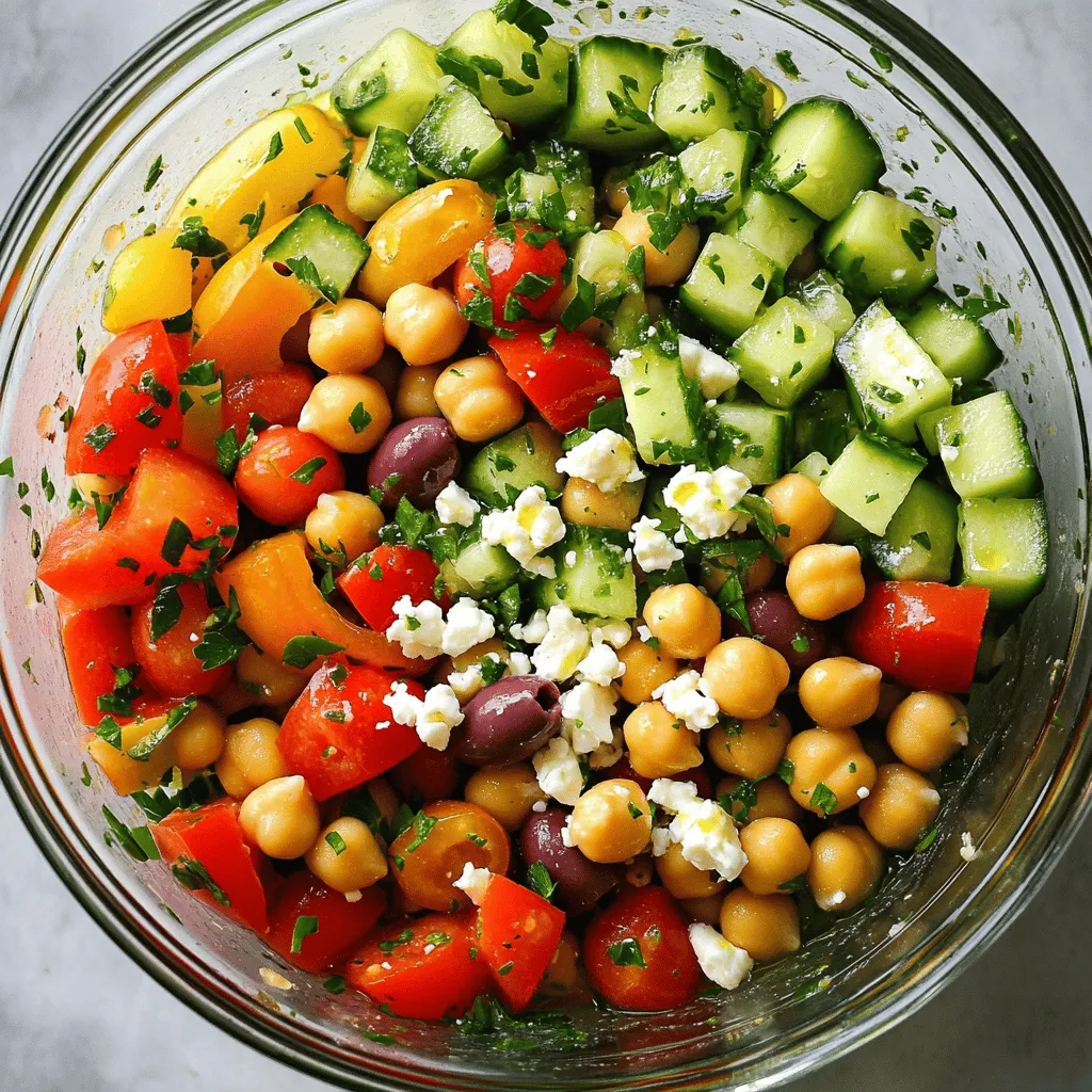 - 1 can (15 oz) chickpeas, drained and rinsed - 1 cucumber, diced - 1 red bell pepper, diced - 1 cup cherry tomatoes, halved - 1/4 red onion, finely chopped - 1/2 cup Kalamata olives, pitted and halved - 1/4 cup feta cheese, crumbled (optional) - 2 tablespoons fresh parsley, chopped - 2 tablespoons fresh mint, chopped - 3 tablespoons olive oil - 1 tablespoon lemon juice - 1 teaspoon dried oregano - Salt and pepper to taste Chickpeas are the star of this salad. They add protein and make you feel full. Fresh vegetables like cucumber and bell pepper add crunch and color. Cherry tomatoes bring sweetness, while red onion adds a bit of bite. Kalamata olives give a salty, rich taste. Feta cheese is optional but adds a nice creaminess. The dressing is simple. Olive oil and lemon juice bring brightness. Dried oregano adds depth. You can adjust the salt and pepper to fit your taste. - Fresh herbs like basil or dill - Avocado slices for creaminess - Roasted nuts for crunch You can play with flavors. Fresh herbs can change the taste. You can use avocado for a richer texture. Roasted nuts can add a delightful crunch. - Chickpeas are high in protein and fiber. They help you stay full longer. - Fresh vegetables are packed with vitamins and minerals. They boost your health. - Olive oil is a healthy fat. It helps with heart health and adds flavor. This salad is not just tasty, it's also good for you. Chickpeas give energy, while veggies keep you healthy. Olive oil helps your heart and tastes great. Enjoy this Mediterranean Chickpea Salad Fresh Healthy Delight! For the full recipe, check out the link above. - Prepping the vegetables Start by washing all your fresh vegetables. Chop the cucumber, red bell pepper, and red onion into small, even pieces. Halve the cherry tomatoes and olives. This ensures every bite is packed with flavor and texture. - Making the dressing In a small bowl, mix olive oil, lemon juice, dried oregano, salt, and pepper. Whisk them together until they blend well. This dressing ties all the flavors in your salad together. - Combining ingredients In a large mixing bowl, add the drained chickpeas, chopped cucumber, diced red bell pepper, halved cherry tomatoes, red onion, and Kalamata olives. Each ingredient adds a unique taste and texture. - Tossing the salad Pour the dressing over your salad mix. Gently toss everything together using a large spoon or spatula. Make sure every piece gets coated in that delicious dressing. - Resting time for flavor development Cover your salad and let it sit in the fridge for at least 30 minutes. This resting time allows the flavors to blend nicely. You’ll notice a big difference in taste. - Adjusting seasoning After resting, taste your salad. If you want a stronger flavor, add a splash more lemon juice or olive oil. Feel free to adjust salt and pepper to your liking. For the full recipe, check out the complete instructions and enjoy your Mediterranean Chickpea Salad! To keep your Mediterranean chickpea salad fresh, use an airtight container. This method locks in moisture and flavor. Store it in the fridge for up to three days. After this time, the veggies may lose texture. Always check for freshness before eating. If you want to prep ahead, chop your veggies and store them separately. Mix them with the chickpeas and dressing just before serving. This method keeps the salad crisp. Letting flavors mingle for at least 30 minutes is key to enhancing taste. This salad shines when paired with pita chips or grilled chicken. You can also serve it on a bed of greens for added crunch. For a fun twist, try filling a wrap with the salad. It makes a great lunch option! {{image_2}} You can easily make a vegan version of this salad. Just skip the feta cheese. The salad still tastes great with just the fresh veggies and chickpeas. For those who need gluten-free options, this salad is already gluten-free. All ingredients are naturally gluten-free, making it a safe choice for everyone. Feel free to swap out chickpeas for other legumes. Black beans or lentils work well too. They add different textures and flavors. Seasonal vegetables can also change your salad. Try using zucchini in summer or roasted pumpkin in fall. Each season brings new tastes to explore. Want to spice things up? Add cumin or smoked paprika. These spices give a warm depth to your salad. Fresh herbs like basil or dill can also change the flavor. They add brightness and freshness. You can even experiment with dressings. Try a tahini dressing for a creamy twist. Each change can make your salad exciting and new. For the full recipe, check out the earlier section. To store your Mediterranean Chickpea Salad, place leftovers in an airtight container. This helps keep the salad fresh and flavorful. It is best to consume the salad within three days. After that, the vegetables may lose their crunch. Always check for changes in smell or appearance before eating. Can you freeze this salad? It's not the best idea. Freezing can change the texture of fresh vegetables. However, you can freeze the dressing separately. Best practices for freezing include pouring the dressing into a freezer-safe bag. Seal it well and label it with the date. Use the dressing within three months for best taste. To refresh the dish after storage, start by adding a splash of lemon juice. This brightens up the flavors. You can also mix in fresh herbs, like parsley or mint, to enhance the taste. If the salad seems dry, drizzle a little olive oil. This will help bring it back to life. A Mediterranean Chickpea Salad is a fresh and colorful dish. It blends chickpeas with crisp vegetables and bright flavors. Common ingredients include: - 1 can (15 oz) chickpeas, drained and rinsed - 1 cucumber, diced - 1 red bell pepper, diced - 1 cup cherry tomatoes, halved - 1/4 red onion, finely chopped - 1/2 cup Kalamata olives, pitted and halved - 1/4 cup feta cheese, crumbled (optional) - 2 tablespoons fresh parsley, chopped - 2 tablespoons fresh mint, chopped - 3 tablespoons olive oil - 1 tablespoon lemon juice - 1 teaspoon dried oregano - Salt and pepper to taste This salad is not only healthy but also easy to make. You can enjoy it as a meal or a side dish. Mediterranean Chickpea Salad lasts about 3 to 5 days in the refrigerator. To keep it fresh, store it in an airtight container. Signs of spoilage include: - Off smell - Slimy texture - Discoloration If you see these signs, it’s best to toss the salad. Always check before eating leftovers. Yes, you can substitute fresh herbs with dried ones. However, dried herbs have a stronger flavor. A good rule is to use one-third the amount of dried herbs compared to fresh ones. For example, if a recipe calls for 2 tablespoons of fresh parsley, use about 2 teaspoons of dried parsley. This will keep the taste balanced while adding a nice flavor to the salad. Mediterranean Chickpea Salad is healthy, easy to make, and full of flavor. We explored its tasty ingredients like chickpeas, fresh veggies, feta, and olives. You learned how to dress it up and enhance its taste. Storing and serving it can be simple, too. Remember, you can adjust this salad to fit your diet and taste. So, enjoy your next meal with this vibrant, nutritious dish!