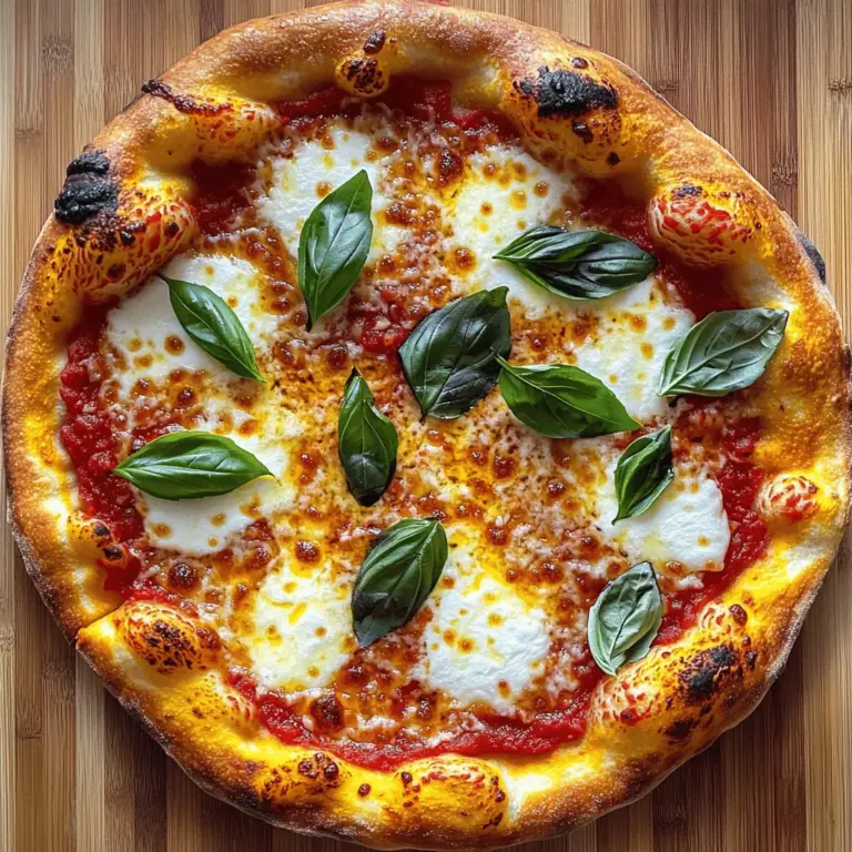 To create a mouthwatering classic Margherita pizza, you need a few key ingredients. These ingredients are simple but essential for great flavor. - 2 cups all-purpose flour - 1 teaspoon instant yeast - 3/4 cup warm water (about 110°F/43°C) - 1 teaspoon salt - 1 tablespoon olive oil - 1/2 cup tomato sauce (preferably San Marzano) - 8 ounces fresh mozzarella cheese, sliced - Fresh basil leaves - Salt and pepper to taste - Extra virgin olive oil for drizzling These ingredients come together to make a pizza that feels both classic and fresh. When it comes to tomato sauce, I highly recommend using San Marzano tomatoes. These tomatoes are sweet and have a rich flavor that makes your pizza shine. For cheese, look for fresh mozzarella. Brands like BelGioioso or Galbani offer great quality. They melt beautifully and add that creamy goodness we love. While classic Margherita pizza is delicious as is, you can add your own twist. Here are some fun options: - Sliced tomatoes for extra freshness - A sprinkle of red pepper flakes for heat - A drizzle of balsamic glaze for sweetness - Sliced olives for a briny touch Feel free to mix and match these optional add-ons to suit your taste. Each one can elevate your pizza experience, making it uniquely yours. Want to dive deeper? Check out the Full Recipe for all the details! To make the dough, start with a large bowl. Add 2 cups of all-purpose flour, 1 teaspoon of instant yeast, and 1 teaspoon of salt. Mix these dry ingredients well. Next, make a well in the center. Gradually pour in 3/4 cup of warm water. Use a fork to mix until a shaggy dough forms. Turn the shaggy dough onto a floured surface. Knead it for about 5-7 minutes. You want it to be smooth and elastic. Form it into a ball. Lightly oil a clean bowl and place the dough ball inside. Cover it with a damp cloth. Let it rise in a warm spot for about 1-2 hours. The dough should double in size. Once the dough has risen, it's time to shape it. Punch it down gently. Transfer it to a floured surface. Divide the dough into two equal pieces for two pizzas. Roll or stretch one piece into a round disk, about 10-12 inches wide. Spread 1/4 cup of tomato sauce over the dough. Leave a small edge around the crust. Lay slices of fresh mozzarella on top. Season with a pinch of salt and pepper. Drizzle a bit of olive oil over it. For the full process, check the [Full Recipe]. Now, you're ready to bake your pizza! To make a great crust, you need the right flour. Use all-purpose flour for a chewy texture. Knead the dough well for 5-7 minutes. This helps develop gluten, which gives your crust strength. Let the dough rise in a warm area. It should double in size. Preheat your oven to its highest setting for a crisp crust. If you can, use a pizza stone. This gives even heat. Choosing the right mozzarella is key. Fresh mozzarella is best for Margherita pizza. Look for mozzarella packed in water. It has a creamy taste and soft texture. When slicing, make sure it’s not too wet. Pat it dry with paper towels if needed. This keeps your pizza from getting soggy. I recommend brands like BelGioioso or Galbani for fresh mozzarella. If you don’t have a pizza stone, don’t worry! You can use a baking sheet. Preheat the baking sheet in the oven for 30 minutes. This mimics the stone's heat. Roll out the dough on parchment paper. This makes it easy to transfer to the hot sheet. Bake it at the highest temperature for a crispy base. Enjoy your pizza right out of the oven! For the full recipe, check the details above. {{image_2}} You can enjoy Margherita pizza without gluten. Use gluten-free flour instead of all-purpose flour. Mix it with yeast and warm water just like the regular dough. Let it rise, shape it, and add your toppings. Make sure to check for certified gluten-free brands. They ensure no cross-contamination. If you're vegan, you can still enjoy this pizza. Try using vegan mozzarella cheese. Many brands offer creamy options that melt well. You can also use cashew cheese for a rich flavor. Blend soaked cashews with nutritional yeast, lemon juice, and garlic for a tasty substitute. Seasonal toppings can add a twist to your pizza. In summer, use fresh tomatoes and zucchini. In fall, consider adding roasted pumpkin or spinach. Each season brings unique flavors that can make your Margherita pizza exciting. Don't be afraid to mix and match! For the full recipe, check out the complete guide to making Margherita pizza. Storing leftover pizza is simple. First, let the pizza cool to room temperature. Then, wrap each slice in plastic wrap or foil. You can also place slices in an airtight container. This keeps the pizza fresh. Store it in the fridge for up to three days. Enjoy your tasty leftovers! Reheating pizza can be tricky. To keep it crispy, use a skillet. Heat the skillet over medium heat. Place the pizza slice in the skillet. Cover it with a lid for five minutes. This heats the cheese and crust. You can also use the oven. Preheat it to 350°F (175°C). Bake the pizza for about 10 minutes. Both methods help maintain that classic taste! Freezing pizza dough is easy. After kneading, shape it into a ball. Wrap it tightly in plastic wrap. Place it in a freezer bag and seal it. You can freeze it for up to three months. To use, thaw it in the fridge overnight. If you have leftover baked pizza, freeze it too. Wrap each slice in plastic wrap, then foil. Place them in a freezer-safe container. Enjoy your frozen pizza within two months for the best taste. You can find the full recipe for Classic Margherita Pizza earlier in this article. Making Classic Margherita Pizza takes about 2 hours and 30 minutes. This includes time for the dough to rise and bake. Mixing the dough only takes about 15 minutes. Most of the time is spent letting the dough rise. Be patient; the wait is worth it! Margherita pizza comes from Naples, Italy. It dates back to the late 1800s. Legend says Queen Margherita of Savoy visited Naples. A chef created the pizza to honor her. The colors of the pizza match the Italian flag: red tomatoes, white mozzarella, and green basil. Yes, you can make Margherita pizza in a regular oven. Preheat your oven to its highest setting, around 475°F (245°C). Use a baking sheet if you don't have a pizza stone. The key is to get the oven very hot for a crispy crust. Follow the [Full Recipe] for best results. In this guide, we explored how to create classic Margherita pizza. We discussed essential ingredients, top tomato sauce and cheese brands, and ways to customize your pizza. I provided step-by-step instructions for making the dough and shaping the pizza. Tips for the perfect crust and alternative recipes for gluten-free or vegan options were also shared. Remember, making pizza is fun and a chance to experiment. Enjoy each bite and share your creations. Happy cooking!