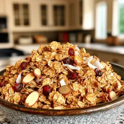 To make Vanilla Almond Granola, you need a few key ingredients. Each one plays a special role in flavor and texture. Here’s what you’ll need: - 2 cups rolled oats - 1 cup sliced almonds - 1/2 cup honey or maple syrup - 1/4 cup coconut oil, melted - 1 teaspoon vanilla extract - 1/2 teaspoon salt - 1/2 teaspoon cinnamon - Optional add-ins: 1/2 cup dried cranberries or raisins, 1/2 cup shredded coconut Rolled oats form the base of your granola. They give it that chewy texture. Sliced almonds add a nice crunch and nutty flavor. The sweetener, honey or maple syrup, gives the granola its sweetness. Coconut oil helps to bind everything together while adding a hint of tropical flavor. Vanilla extract gives the granola a warm, sweet aroma. A pinch of salt enhances all the flavors, and cinnamon adds a cozy spice. You can add dried cranberries or raisins and shredded coconut for extra flavor if you like. These optional ingredients make the granola even more fun and tasty. With these simple ingredients, you can create a delicious and healthy breakfast or snack. Check out the Full Recipe for the complete instructions! First, preheat your oven to 350°F (175°C). This step warms the oven and gets it ready for baking. Next, line a baking sheet with parchment paper. This makes cleanup easy and helps the granola bake evenly. In a large mixing bowl, combine the rolled oats, sliced almonds, salt, and cinnamon. Use a spoon to mix them well. This helps the flavors blend nicely. Make sure everything is evenly coated with cinnamon and salt. In another bowl, whisk together melted coconut oil, honey or maple syrup, and vanilla extract. Mix until it looks smooth and shiny. Pour this wet mixture over the dry ingredients. Stir well to coat all the oats and almonds. Spread the granola mixture evenly on the prepared baking sheet. Bake in the oven for about 20-25 minutes. Stir the mixture halfway through. This helps it brown evenly. Watch closely until it turns golden brown and smells great. Once the granola is done, take it out of the oven. Let it cool completely on the baking sheet. This will help it get crunchy as it cools. After it cools, you can add optional dried cranberries or shredded coconut for extra flavor. Store your granola in an airtight container at room temperature for up to two weeks. To keep your granola crunchy, store it in an airtight container. This prevents moisture from softening it. If you notice it getting soft, just bake it for a few minutes. Stirring during baking is key. It helps the granola cook evenly and prevents burning. Make sure to stir halfway through baking for the best results. Want to boost flavor? You can add spices like nutmeg or ginger. Extracts like almond or maple also add depth. Feel free to swap sliced almonds for walnuts or pecans. Each nut brings its own taste and crunch. Get creative and find your favorite mix! Not a fan of too much sweetness? You can reduce the honey or maple syrup. Try using less than half a cup if you want it less sweet. Also, adding unsweetened coconut can balance the flavors. Adjust the sweetness to match your taste buds! {{image_2}} You can switch up the nuts and fruits in your granola. Use walnuts, pecans, or macadamia nuts for a new flavor. Each nut adds its unique taste and texture. Try adding dried apricots or figs to bring a sweet touch. Both dried fruits work well with the vanilla flavor, making your granola even more delicious. If you need a gluten-free version, check your ingredients. Make sure the oats are labeled gluten-free. This way, everyone can enjoy your tasty granola without worry. You can also use gluten-free sweeteners and oils to keep it safe for all diets. To make your granola vegan, swap honey for maple syrup or agave nectar. These options provide the same sweetness without animal products. Also, use vegetable oil instead of coconut oil if you prefer. This keeps your recipe friendly for all plant-based eaters. For the full recipe, see the section on ingredients and instructions. To keep your vanilla almond granola fresh, use an airtight container. A glass jar or a plastic bin works well. Be sure to keep the lid tight. This helps to stop air and moisture from getting in. Store your granola in a cool, dry place. Avoid areas with heat or humidity. This ensures your granola stays crunchy and tasty. When stored properly, granola lasts about two weeks at room temperature. You may notice it gets softer after a few days. If you want to keep it longer, consider freezing it. Storing it in the fridge can help, but it may lose some crunch. Always check for any signs of spoilage before enjoying your granola. Freezing your granola is simple. First, let it cool completely after baking. Then, place it in a freezer-safe bag or container. Remove any excess air before sealing. Label the bag with the date. You can freeze it for up to three months. When you want some, just thaw it in the fridge or at room temperature. You can also re-crisp it in the oven for a few minutes if needed. Enjoy your homemade granola whenever you like! To make Vanilla Almond Granola, start with the Full Recipe. You will need rolled oats, sliced almonds, and honey or maple syrup. Preheat your oven to 350°F (175°C). Mix the dry ingredients in one bowl, then whisk the wet ingredients in another. Combine both bowls, spread the mix on a baking sheet, and bake until golden. Let it cool and enjoy! Yes, you can easily customize your granola. Here are some ideas: - Swap almonds for other nuts like walnuts or pecans. - Add different dried fruits, like apricots or figs. - Try using maple syrup instead of honey for a unique taste. - Mix in seeds like chia or flax for extra crunch and nutrition. Granola is packed with great nutrition. Here are some highlights: - Rolled oats provide fiber, which helps with digestion. - Almonds offer healthy fats and protein, keeping you full longer. - Honey or maple syrup adds natural sweetness with vitamins. - Adding dried fruits boosts antioxidants, supporting your immune system. Granola is a tasty way to start your day or snack healthily! You can easily make tasty vanilla almond granola with just a few simple steps. First, gather essential ingredients like oats, almonds, and honey. Then, mix the dry and wet ingredients, bake, and store your crunchy granola. Remember, you can personalize it with different nuts or fruits. With the right tips, you’ll enjoy a delightful snack that stays fresh for weeks. Granola is not just delicious; it’s healthy, too. Try making your own and savor the difference. Enjoy your granola-making adventure!