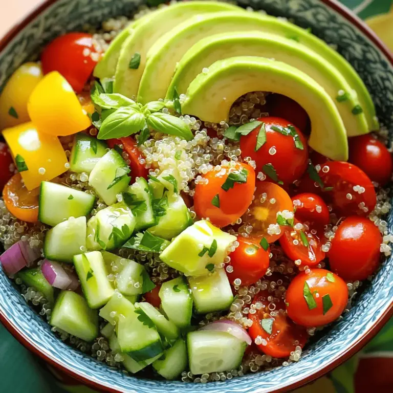 - 1 cup quinoa, rinsed - 2 cups vegetable broth or water - 1 cup cherry tomatoes, halved - 1 cucumber, diced - 1 bell pepper (red, yellow, or green), diced - 1 small red onion, finely chopped - 1 cup fresh parsley, chopped - 1/2 cup fresh basil, chopped - 1/4 cup olive oil - 2 tablespoons lemon juice - Salt and black pepper to taste - 1 avocado, sliced (for topping) When creating my herbed quinoa and vegetable salad, I focus on fresh ingredients. Each item adds flavor and nutrition. Quinoa is my base. It is a whole grain packed with protein and fiber. I always rinse it to remove any bitterness. Next, I use vegetable broth or water to cook the quinoa. This step boosts the flavor. While the quinoa cooks, I prep the vegetables. Cherry tomatoes bring sweetness and color. I love the crunch of cucumbers and bell peppers. The red onion adds a nice bite. Fresh herbs are key in this salad. I use parsley and basil for a bright taste. Olive oil and lemon juice create a simple dressing. This mix enhances the salad without overpowering it. I sprinkle in salt and pepper to taste, adjusting as needed. Finally, I top the salad with creamy avocado slices. These add richness and healthy fats. This recipe is easy to follow and can be adjusted to your liking. You can find the full recipe below for exact measurements and steps. 1. In a medium saucepan, combine 1 cup of rinsed quinoa and 2 cups of vegetable broth. 2. Bring the mixture to a boil over high heat. Once it boils, reduce the heat to low. 3. Cover the pot and let it simmer for about 15 minutes. The quinoa should be fluffy and the broth absorbed. 4. Remove the pot from heat and let it sit, covered, for 5 more minutes. This step helps the quinoa become light and airy. 1. While the quinoa cooks, chop your vegetables. You will need 1 cup of halved cherry tomatoes, 1 diced cucumber, 1 diced bell pepper, and 1 finely chopped small red onion. 2. In a large bowl, mix the chopped vegetables together. Add 1 cup of chopped fresh parsley and ½ cup of chopped fresh basil for extra flavor. 1. Fluff the cooked quinoa with a fork and let it cool slightly. Add the quinoa to the bowl with the mixed vegetables. 2. In a small bowl, whisk together ¼ cup of olive oil, 2 tablespoons of lemon juice, salt, and black pepper to create a dressing. 3. Drizzle the dressing over the quinoa and vegetable mix. Toss gently until everything is well combined. 4. Taste and adjust the seasoning by adding more salt or pepper if needed. 5. To serve, scoop the salad into bowls and top each serving with slices of avocado. For the full recipe, check out the details above. Enjoy this fresh and vibrant dish! To avoid mushy quinoa, always rinse it well before cooking. Rinsing removes bitter saponins from the grains. Use a fine-mesh strainer for the best results. After rinsing, use a 2:1 ratio of liquid to quinoa. This ensures the grains cook evenly. Also, let the quinoa sit for a few minutes after cooking. This step helps it fluff up nicely. For extra flavor, try adding different dressings. A tahini-based dressing gives a creamy touch. You can also mix in some balsamic vinegar for a tangy twist. To balance flavors, use fresh herbs like dill or cilantro. These herbs can brighten up your salad and add layers of taste. For a great presentation, serve the salad in a large bowl. You can also use individual plates for a special touch. Add extra herbs or avocado slices on top for color. This makes the dish more appealing. Pair this salad with grilled chicken or shrimp for a complete meal. It also works well as a side dish for any main course. {{image_2}} You can swap quinoa for other grains like brown rice or farro. These grains bring their own flavors and textures. For a gluten-free option, use millet or buckwheat. If you want a vegan twist, skip the honey in dressings or toppings. Using seasonal vegetables makes this salad fresh and vibrant. In summer, add zucchini or corn for sweet crunch. In fall, roasted butternut squash or Brussels sprouts work great. For a winter salad, you can use hearty root vegetables like carrots and beets. Adding nuts or seeds gives the salad a nice crunch. Try walnuts or pumpkin seeds for added protein. You can also spice it up by adding cumin or chili flakes for a kick. These small changes can turn a simple salad into a flavor explosion. To keep your herbed quinoa and vegetable salad fresh, store it in an airtight container. Place it in the fridge right after serving. This helps maintain its vibrant flavors. You can safely store it for up to three days. After that, the veggies may lose their crunch and taste. You can freeze quinoa salad, but it may change texture. The veggies might become mushy when thawed. If you do freeze it, use a freezer-safe container. Make sure to leave space for expansion. To thaw, place it in the fridge overnight. Reheat it gently in a pan or microwave, but avoid overcooking. To refresh your leftovers, add a splash of lemon juice. This brightens the flavors. You can also toss in some fresh herbs or extra diced veggies. Adding a new ingredient helps bring life back into the salad. Serve with a few avocado slices to make it look fresh and appealing. Enjoy this salad as a tasty and refreshing dish! For the complete recipe, check the Full Recipe section. To make quinoa fluffy, rinse it well under cold water. Rinsing removes bitter saponins. Use a 2:1 water-to-quinoa ratio. Bring it to a boil, then reduce the heat. Cover and let it simmer for about 15 minutes. Once cooked, let it sit for 5 minutes off the heat. Fluff it gently with a fork. This method gives you light, fluffy quinoa every time. Yes, you can make this salad in advance. Prepare the quinoa and chop the veggies ahead of time. Store them separately in airtight containers. Combine them just before serving. This keeps the salad fresh and crunchy. If you want to prep the dressing, you can do that too. Just mix it and store it in the fridge. You can add sliced avocado for creaminess and good fats. Nuts like almonds or walnuts provide a nice crunch. Seeds such as pumpkin or sunflower add extra nutrition. Feta cheese offers a salty kick. Fresh herbs like cilantro or mint can boost flavor. These toppings make your salad even healthier and tastier. For the full recipe, check out the details above. This recipe shows how to make a delicious quinoa salad. We covered the right ingredients, cooking steps, and tips to get the best flavor. Remember, you can mix in seasonal veggies and adjust the dressing to make it your own. Whether you eat it fresh or store it for later, this salad is a great choice. Enjoy experimenting with flavors and find what you like best!