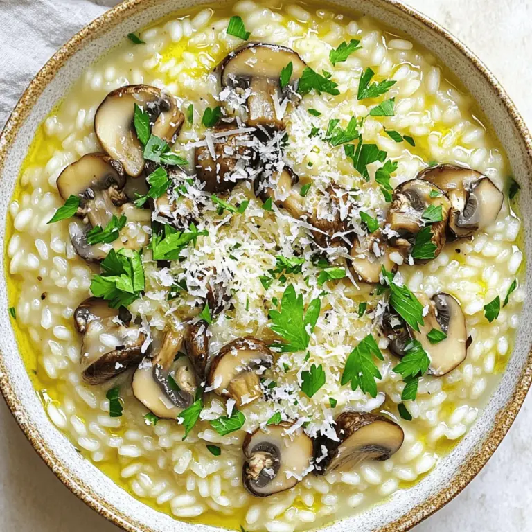 When making mushroom risotto, you need a few key ingredients to create that rich, creamy comfort. Here’s the complete list of what you’ll need: - 1 cup Arborio rice - 4 cups vegetable broth - 2 tablespoons olive oil - 1 medium onion, finely chopped - 3 cloves garlic, minced - 1 cup mixed mushrooms (cremini, shiitake, and button), sliced - 1/2 cup grated Parmesan cheese (or nutritional yeast for a vegan option) - 2 tablespoons fresh parsley, chopped - Salt and black pepper to taste - 1 teaspoon truffle oil (optional, for a gourmet touch) Arborio rice is special. It has a high starch content. This helps create that creamy texture we love in risotto. Using vegetable broth adds flavor. It’s the base of the dish. Olive oil gives a nice richness and helps to sauté the onion and garlic. Next, the onion and garlic add depth. The mushrooms bring umami and earthiness. You can use a mix of mushrooms for a variety of flavors. Parmesan cheese or nutritional yeast gives the dish its cheesy taste. Fresh parsley adds brightness and color. Don’t forget your seasonings! Salt and pepper make a big difference. If you want to impress, drizzling truffle oil at the end adds a touch of luxury. For the full recipe, check out the details above. Enjoy crafting your mushroom risotto! Start by warming the vegetable broth. Use a saucepan and set the heat to low. Keeping it warm will help the rice cook evenly. This step is key for creamy risotto. Next, grab a large skillet and heat the olive oil over medium heat. Add the finely chopped onion. Sauté it until it turns soft and clear, about 3-4 minutes. Then, stir in the minced garlic for an extra kick. Cook it for one more minute. You'll love the aroma! Now it's time for the mushrooms. Add your sliced mixed mushrooms to the skillet. Sauté them until tender and browned, usually about 5-7 minutes. Don’t forget to add salt and black pepper to taste. This step builds rich flavors in your risotto. After the mushrooms are cooked, add the Arborio rice to the skillet. Stir well to coat the rice with oil and mushrooms. Toast the rice for about 2 minutes, stirring often. This helps to enhance the flavor and texture of the final dish. Now, start adding the warm vegetable broth. Use a ladle and pour in one ladleful at a time. Stir continuously as the rice absorbs the broth. Wait until most of the liquid is absorbed before adding more. Repeat this for about 18-20 minutes. The rice should be creamy and al dente. When the rice reaches the right texture, take the skillet off the heat. Stir in the grated Parmesan cheese and fresh parsley. Adjust the seasoning to your taste with salt and pepper. For a gourmet touch, drizzle some truffle oil on top. This adds a special flavor that makes your risotto shine. For the full recipe, check out the details above! To make a creamy risotto, you need to stir. Stirring helps release the starch from the rice. This gives the dish its rich texture. Use Arborio rice for the best results. Its high starch content is key. Add warm broth slowly, one ladle at a time. This allows the rice to absorb the liquid. Keep stirring until it is creamy and al dente. Do not rush; patience is important. Mushrooms add depth to your risotto. I love using a mix of cremini, shiitake, and button mushrooms. Each brings its own flavor. Cremini mushrooms are earthy and firm. Shiitake mushrooms add a rich, umami taste. Button mushrooms are mild and tender. You can use any combination you like. Just make sure they are fresh and sliced thin. Seasoning is key to a great risotto. Start with salt and black pepper during cooking. This builds a good base flavor. Add fresh parsley at the end for brightness. If you want a gourmet touch, drizzle truffle oil. It adds a nice earthy flavor. Always taste as you go. Adjust seasoning to your liking for the best result. Serve your risotto in shallow bowls. This helps show off the creamy texture. Garnish with extra parsley and Parmesan cheese. You can add a few extra mushroom slices on top for flair. A drizzle of truffle oil enhances the dish. For a complete meal, pair it with a simple salad or grilled vegetables. Enjoy the comfort of this rich dish! {{image_2}} You can use many types of mushrooms in your risotto. Each type brings its own flavor. I love mixing cremini, shiitake, and button mushrooms. This blend gives a rich taste and nice texture. You can also try portobello or chanterelles for a different twist. Feel free to experiment with wild mushrooms too. They add unique flavors and can make your dish special. If you want to make your risotto heartier, add some protein. Chicken is a great choice. Cook it before adding it to the risotto. Shrimp works well too. Just toss it in during the last few minutes of cooking. For a lighter option, consider adding peas or asparagus. They pair nicely with mushrooms and add color to the dish. For a vegan risotto, swap out the cheese for nutritional yeast. It adds a cheesy flavor without using dairy. Use vegetable broth instead of chicken broth to keep it plant-based. You can also add some coconut cream for extra creaminess. This keeps the risotto rich and satisfying while being completely vegan. Check the Full Recipe for more tips and ideas! To keep leftover risotto fresh, place it in an airtight container. Make sure the risotto cools to room temperature first. Then, seal the container tightly. Store it in the fridge for up to three days. If you want to keep it longer, consider freezing it. When reheating risotto, add a splash of broth or water. This helps restore its creamy texture. Heat it gently on the stove over low heat. Stir often to prevent sticking. You can also microwave it with a bit of liquid. Heat in short bursts, stirring in between, until warm. To freeze risotto, divide it into single servings. Use freezer-safe bags or containers, leaving some space for expansion. Label each bag with the date. When you’re ready to eat, thaw it overnight in the fridge. Reheat it gently, adding broth as needed. This keeps the flavors fresh and delicious. For the full recipe, check out the Heavenly Mushroom Risotto section. The secret to perfect risotto is patience and stirring. Start with good Arborio rice. This rice releases starch, creating a creamy texture. Use warm broth and add it slowly. Stir often to help the rice absorb the liquid. This process takes about 18-20 minutes. Keep tasting to find the right texture. You want it creamy and slightly firm. Yes, you can make risotto without wine. Many recipes skip wine, and it's still tasty. Use more broth instead of wine. You can add a splash of lemon juice for acidity. This will brighten the flavors without the wine. To make risotto less sticky, rinse the Arborio rice before cooking. This removes some starch. Stir less often and avoid adding too much broth at once. If your risotto gets sticky, add a bit of warm broth and stir gently. This helps separate the grains. Yes, risotto is gluten-free. Arborio rice is made from short-grain rice and contains no gluten. Always check your broth for gluten if you're cooking for someone with a gluten allergy. Most vegetable broths are safe, but it’s good to double-check. - Additional common questions: - Can I use other types of rice? - How can I add more flavor to my risotto? - What toppings work well with risotto? - Can I make risotto in a rice cooker? - How long does risotto last in the fridge? For more details on making this dish, check the Full Recipe. This blog post covered making creamy risotto step-by-step. We discussed key ingredients, like Arborio rice and mixed mushrooms. You learned how to prepare the broth and sauté the aromatics. I shared tips for great flavor and texture. We explored variations and storage info, so you can enjoy risotto later. Risotto is fun to make and customize. With these tips, you can create perfect risotto every time. Enjoy your cooking journey!