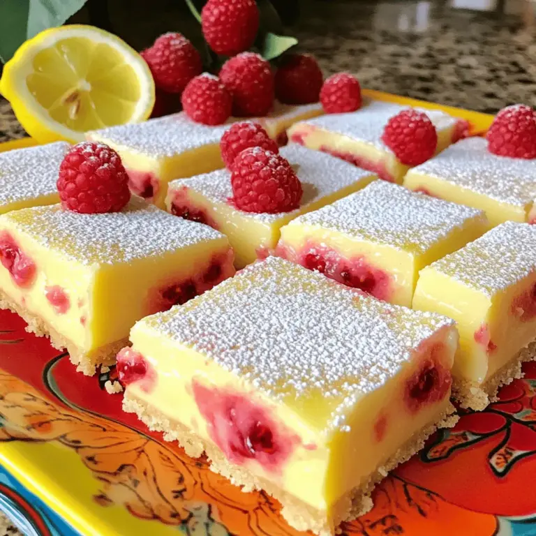 To make the perfect raspberry lemonade bars, you will need: - 1 cup all-purpose flour - 1/2 cup powdered sugar - 1/2 cup unsalted butter, softened - 1/4 teaspoon salt - 2 eggs - 1 cup granulated sugar - 1/4 cup fresh lemon juice (about 2 lemons) - 1 teaspoon lemon zest - 1 cup fresh raspberries (or thawed frozen) - 1/2 teaspoon baking powder - Additional powdered sugar for dusting These raspberry lemonade bars are both tasty and somewhat healthy. Each bar offers: - Calories: 150 - Total Fat: 7g - Saturated Fat: 4g - Carbohydrates: 22g - Fiber: 1g - Sugars: 12g - Protein: 2g This information helps you enjoy them without worry. If you want to change things up, here are some great swaps: - Use gluten-free flour for a gluten-free option. - Swap butter for coconut oil for a dairy-free treat. - Try using lime juice instead of lemon juice for a twist. - Replace fresh raspberries with blueberries or strawberries for a new flavor. These options keep the spirit of the recipe while allowing for personal tastes. For the full recipe, check out the details above. Start by gathering your ingredients. You will need: - 1 cup all-purpose flour - 1/2 cup powdered sugar - 1/2 cup unsalted butter, softened - 1/4 teaspoon salt - 2 eggs - 1 cup granulated sugar - 1/4 cup fresh lemon juice (about 2 lemons) - 1 teaspoon lemon zest - 1 cup fresh raspberries (or thawed frozen) - 1/2 teaspoon baking powder - Additional powdered sugar for dusting Preheat your oven to 350°F (175°C). Grease an 8x8-inch baking pan. You can also line it with parchment paper for easy removal later. In a medium bowl, mix the flour, powdered sugar, butter, and salt. Stir until it looks crumbly. Press this mixture firmly into the bottom of the pan. This forms the crust. Bake the crust for about 15 minutes. It should be lightly golden when done. While the crust cools, whisk together the eggs and granulated sugar in a separate bowl. Once mixed well, add the lemon juice, lemon zest, and baking powder. Stir until smooth. Gently fold in the raspberries. Be careful not to crush them too much. Pour this mixture over the cooled crust. Spread it evenly. Bake for another 20-25 minutes. The filling is ready when it’s set and the edges are lightly golden. After baking, remove the pan from the oven. Let it cool completely in the pan. Then, transfer it to the refrigerator for at least an hour. This cooling step is key for the best texture. Once chilled, cut into squares. Dust with powdered sugar before serving. Serve these delightful bars on a colorful platter. Garnish with fresh raspberries and a slice of lemon. This adds a lovely touch. You can find the full recipe for more details. Enjoy your sweet and tart treat! To get that perfect blend, use fresh lemons. Their juice adds bright flavor. I like to use about 1/4 cup of lemon juice. This gives a nice tart kick. Next, add granulated sugar to sweeten the mix. One cup usually works well. Taste as you go! If it’s too tart, stir in a little extra sugar. If it's too sweet, add a splash more lemon juice. One big mistake is over-mixing the filling. You want to mix until just combined. This keeps your bars light and fluffy. Another mistake is not letting the crust cool completely. If you pour the filling on a hot crust, it can become soggy. Always let it cool for a few minutes. Lastly, be careful when folding in the raspberries. Crush them too much, and you'll lose that lovely texture. To make your bars look great, cut them into even squares. Use a sharp knife for clean edges. Dust the top with powdered sugar right before serving. This adds a nice touch. Serve on a colorful platter. Add a few fresh raspberries and a lemon slice for decoration. It makes the dish pop! For the full recipe, check out the guidelines provided. {{image_2}} You can change the flavor of your raspberry lemonade bars by adding other fruits. Try blueberries for a sweet twist or blackberries for a tart kick. Peach or mango can also add a nice tropical touch. Simply swap out some raspberries for these fruits. This makes the bars fun and different each time you bake them. You can easily make these bars gluten-free. Use almond flour or a gluten-free flour blend instead of all-purpose flour. For a vegan option, substitute eggs with flaxseed meal. Mix 1 tablespoon of flaxseed with 2.5 tablespoons of water. Let it sit until it thickens. Use vegan butter in place of unsalted butter to keep it dairy-free. These swaps allow everyone to enjoy this sweet and tart treat. To serve the bars, cut them into squares and dust with powdered sugar. For a fun twist, add a dollop of whipped cream on top. You can also serve them with a scoop of vanilla ice cream. Pair them with a refreshing lemonade or iced tea for a perfect summer snack. Presentation matters, so arrange the bars on a colorful platter with fresh fruit for an eye-catching display. For the full recipe, check out the instructions above. To keep your raspberry lemonade bars fresh, place them in an airtight container. Layer parchment paper between the bars to prevent sticking. Store them in the fridge. This will keep them cool and tasty. You can freeze these bars for later enjoyment. Cut them into squares and wrap each piece in plastic wrap. Place them in a freezer-safe bag or container. They freeze well for up to three months. These bars stay fresh in the fridge for about a week. If stored properly, they’ll maintain their flavor and texture. After freezing, allow them to thaw in the fridge before serving. Enjoy the sweet and tart goodness anytime! Yes, you can use frozen raspberries in your bars. Just make sure to thaw them first. This helps them mix well into the filling. Drain any excess juice from thawed raspberries to avoid making the filling too wet. Using frozen fruit is a great way to enjoy raspberry lemonade bars all year round. To adjust the sweetness, you can change the amount of sugar. If you want a less sweet bar, reduce the granulated sugar by a few tablespoons. If you prefer it sweeter, add a bit more sugar. You can also balance sweetness with more lemon juice for a tart flavor. Serve these bars chilled for the best taste. You can cut them into squares and dust them with powdered sugar. For extra flair, add a slice of lemon or a few fresh raspberries on top. They look great on a colorful platter and make a fun dessert for any gathering. - Can I make these bars in advance? Yes, these bars keep well in the fridge. Make them a day ahead for added flavor. - Are there any gluten-free options? You can substitute all-purpose flour with a gluten-free flour blend. - What if I want to make a larger batch? Simply double the recipe and bake in a larger pan for more bars. For the full recipe, check out the details above. Raspberry lemonade bars are a delicious treat you can make at home. We covered all key ingredients, including nutritional facts and swaps. The step-by-step guide simplifies preparation and baking for you. I shared tips for sweetness, common mistakes, and ways to present your bars impressively. Finally, proper storage methods help keep your treats fresh. By exploring variations and answering your top questions, you can enjoy these bars with more creativity. Now, you’re ready to bake and share these tasty delights!
