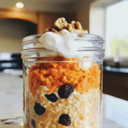 To make Carrot Cake Overnight Oats, you need just a few simple ingredients. Here’s what you will need: - 1 cup rolled oats - 1 cup unsweetened almond milk - 1 medium carrot, grated - 1 tablespoon chia seeds - 1 tablespoon maple syrup (or honey) - 1 teaspoon ground cinnamon - 1/4 teaspoon nutmeg - 1/4 cup raisins - 2 tablespoons chopped walnuts (optional) - A pinch of salt - Greek yogurt (for topping) - Extra walnuts and cinnamon for garnish These ingredients work together to create a delicious, healthy breakfast. The oats provide a great base, while the carrots add sweetness and color. Chia seeds thicken the oats, giving them a nice texture. You can adjust the sweetness with maple syrup or honey. The spices bring warmth and depth to the flavor. Using Greek yogurt on top adds creaminess and protein. It makes the dish more filling. You can also add extra walnuts or a sprinkle of cinnamon for a beautiful presentation. This recipe is not only tasty but also packed with nutrients. For the full recipe, check out the details on how to prepare this energizing breakfast! To make carrot cake overnight oats, you start by mixing oats with liquids. Next, combine the dry ingredients. Lastly, you merge both mixtures to create a tasty blend. - Step 1: Combining the rolled oats with milk and carrot In a medium bowl, mix 1 cup of rolled oats, 1 cup of unsweetened almond milk, and 1 grated carrot. Stir well until all the oats are soaked. - Step 2: Preparing the chia seed mixture In a small bowl, take 1 tablespoon of chia seeds. Add 1 tablespoon of maple syrup, 1 teaspoon of ground cinnamon, 1/4 teaspoon of nutmeg, and a pinch of salt. Mix them well until they are fully combined. - Step 3: Merging the mixtures Pour the chia mixture over the oats and carrot. Stir everything together until it is evenly mixed. Then, fold in 1/4 cup of raisins and 2 tablespoons of chopped walnuts if you like them. - Step 4: Storing the mixture for refrigeration Transfer the oat mixture into jars or a large container. Seal it tightly with a lid. Refrigerate overnight or at least for 4 hours. This allows the oats to soak and soften. When you are ready to serve, give the oats a good stir. Top them with a dollop of Greek yogurt. Sprinkle extra walnuts and cinnamon on top for added flavor and crunch. Enjoy your delicious carrot cake overnight oats! For the full recipe, refer to the earlier sections. To make great carrot cake overnight oats, focus on these key points: - Ensuring the right texture: Use rolled oats for a chewy texture. They absorb liquid well, giving a nice mouthfeel. Quick oats may turn mushy and are best avoided. - Adjusting sweetness levels: Start with one tablespoon of maple syrup. Taste the mixture. You can always add more if needed. Personalize the sweetness to your liking. - Choosing the best oats: Rolled oats are the best choice. They balance texture and flavor perfectly. Avoid instant oats, as they become too soft. Many home cooks make a few common mistakes. Here are two to watch for: - Over-soaking the oats: Let them soak for a minimum of four hours or overnight. Too long can make them too soggy. - Using too much liquid: Stick to the recipe. One cup of almond milk is usually enough. Adding extra can lead to a runny consistency. Carrot cake overnight oats offer great nutrition. Here are some benefits and options: - Nutritional benefits of ingredients: Carrots add vitamins and fiber. Chia seeds provide omega-3 fatty acids and protein. Walnuts offer healthy fats and crunch. - Substitutions for dietary restrictions: If you're vegan, use maple syrup instead of honey. For nut allergies, try sunflower seeds instead of walnuts. Oats are naturally gluten-free, but check labels to be safe. For the complete recipe, check the Full Recipe section above. {{image_2}} You can make your carrot cake overnight oats even more fun with flavor add-ins. Try mixing in different fruits like chopped apples or crushed pineapple. These fruits add a sweet twist and extra moisture. You can also experiment with nuts. Swap the walnuts for almonds or pecans. Each nut brings a unique taste and crunch. If you want a dairy-free version, use almond milk or oat milk instead of regular milk. Both options taste great and keep the oats creamy. For a gluten-free choice, pick certified gluten-free oats. This way, you keep it safe for anyone avoiding gluten. Make your oats match the season by changing a few ingredients. In the fall, add in pumpkin puree and spices like cloves for a festive kick. During the holidays, consider including crushed gingerbread cookies or a dash of nutmeg. These swaps keep your breakfast fresh and exciting, no matter the time of year. For the full recipe, check out the Carrot Cake Overnight Oats. To keep your carrot cake overnight oats fresh, store them in the fridge. These oats can last for up to five days. This makes them great for meal prep! If you want to freeze them, use freezer-safe containers. They can stay fresh for about three months. Just thaw overnight in the fridge before eating. Leftovers can be reheated, but I suggest eating them cold. This keeps the texture nice. For best results, use glass jars or airtight containers. These will keep your oats safe and fresh longer. Look for changes in color or smell. If the oats smell sour or look off, it’s best to throw them away. Also, if they become very watery or mushy, they might not be safe to eat. Always trust your senses to keep your meals tasty and safe! Carrot cake overnight oats last for about 3 to 5 days in the fridge. Store them in an airtight container. This way, they stay fresh and tasty. If you notice any off smell or mold, throw them out. Yes, you can use quick oats instead of rolled oats. Quick oats absorb liquid faster and will soften more. This can change the texture a bit, making them creamier. Just remember, they may not hold their shape like rolled oats. To make overnight oats creamier, use more liquid. You can also add yogurt or nut butter. Chia seeds help too because they thicken the oats. Experiment with your favorite add-ins to find your perfect texture. Yes, carrot cake overnight oats are quite healthy! They have fiber from oats and carrots. Chia seeds add healthy fats. You also get vitamins and minerals from the carrots and walnuts. This breakfast is a great way to start your day. No, it is not necessary to use chia seeds. They do add extra nutrition and help thicken the oats. If you don't have them, you can skip them. Your oats will still taste great without them. For the full recipe, check out the details above! Carrot cake overnight oats are simple and tasty. We covered all the key ingredients, including oats, carrots, and nuts. I shared easy steps to prepare and serve them. Remember to consider texture and sweetness while preparing. Variations can keep breakfast exciting. Store your oats properly to enjoy them longer. These wholesome oats are perfect for a healthy start. Enjoy your delicious creation and customize it to match your taste!