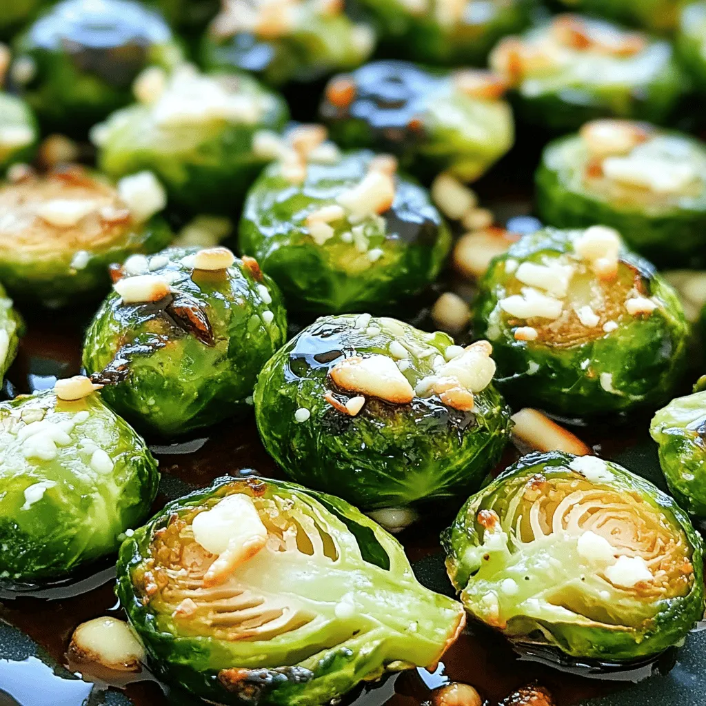 - 1.5 lbs Brussels sprouts, trimmed and halved - 4 tablespoons olive oil - 4 cloves garlic, minced - 1/2 cup grated Parmesan cheese - 1 teaspoon red pepper flakes - 2 tablespoons balsamic glaze - Salt and pepper to taste - 1 teaspoon garlic powder The main ingredients for Garlic Parmesan Roasted Brussels Sprouts are simple yet powerful. Brussels sprouts are the star. They bring a nice crunch when roasted. Olive oil adds richness and helps the sprouts crisp up. Garlic gives a punch of flavor. Fresh, minced garlic works best here. Parmesan cheese is the finishing touch. It adds a salty, nutty flavor that pairs well with the sprouts. You can add red pepper flakes for heat. This spice gives a fun twist, but it’s optional. Balsamic glaze also adds sweetness and acidity. Drizzle it on just before serving for extra flair. Don’t forget your seasonings! Salt and pepper enhance all the flavors. Garlic powder adds depth too. With these ingredients, you can create a dish that shines at any meal. For the full recipe, check out the detailed steps. To start, you need to prep the Brussels sprouts. Take 1.5 lbs of Brussels sprouts, trim the ends, and cut them in half. This helps them cook evenly. Next, you will want to combine the ingredients. In a large bowl, mix the halved Brussels sprouts with 4 tablespoons of olive oil, 4 cloves of minced garlic, 1 teaspoon of garlic powder, salt, and pepper. If you like a bit of heat, add 1 teaspoon of red pepper flakes. Toss everything well to make sure the sprouts are nicely coated. Now, it’s time to roast the Brussels sprouts. Preheat your oven to 400°F (200°C). Spread the coated sprouts on a baking sheet in a single layer. This step is key for even cooking. Roast them for 20 to 25 minutes. Halfway through, give them a good stir to ensure they brown nicely. Once the Brussels sprouts are golden brown and crispy, take them out of the oven. Immediately sprinkle 1/2 cup of grated Parmesan cheese over them. This will melt and form a tasty crust. Return the baking sheet to the oven for another 5 minutes. Finally, drizzle some balsamic glaze over the sprouts just before serving. This adds a touch of sweetness and tang. Enjoy your Garlic Parmesan Roasted Brussels Sprouts! For detailed instructions, refer to the Full Recipe. For the best results, space the Brussels sprouts well on the baking sheet. If they are too close, they will steam instead of roast. Aim for a single layer. This allows hot air to circulate and gives them that nice golden color. High heat is crucial for roasting. Set your oven to 400°F (200°C). This temperature helps them crisp up nicely. To boost flavor, consider adding fresh herbs like thyme or rosemary. These herbs pair well with garlic and cheese. You can also use dried herbs, but fresh gives a brighter taste. If you want more heat, sprinkle in some chili flakes. They add a nice kick without overpowering the dish. Fresh garlic packs more punch than dried. However, both can work in a pinch. These Brussels sprouts go well with many main dishes. Try serving them with grilled chicken or a hearty steak. They also pair nicely with vegetarian meals like quinoa bowls. For sides, think about mashed potatoes or a fresh salad. You can garnish the dish with extra Parmesan for added flavor. A drizzle of balsamic glaze also enhances the taste, making it look fancy. For the full recipe, check out the [Full Recipe]. {{image_2}} You can switch up the cheese in this dish. If you want a different flavor, try pecorino romano. It offers a sharp taste that can add a nice twist. Another option is asiago, which melts well and gives a creamy texture. For those who prefer a vegan option, use nutritional yeast. It has a cheesy flavor and is packed with nutrients. Vegan cheese shreds can also work. Just pick one that melts nicely. Brussels sprouts are great, but you can mix in other veggies too. Cauliflower and carrots roast well with them. Sweet potatoes add a sweet touch. Green beans can give a nice crunch. Try seasonal vegetables for freshness. In the fall, add squash or root veggies. In the spring, throw in asparagus or peas. This keeps your dish interesting and full of color. You can elevate the flavors by adding citrus zest. Lemon or orange zest brightens the dish. It adds a fresh, zesty kick that pairs well with garlic. You can also add nuts or seeds for crunch. Pine nuts or walnuts work great here. They add texture and a nutty flavor. You can sprinkle them on top before serving for an added bite. For the full recipe, check out the [Full Recipe]. After enjoying your Garlic Parmesan Roasted Brussels Sprouts, store any leftovers in the fridge. Keep them in an airtight container to lock in freshness. I recommend using glass or plastic containers with tight lids. This helps prevent moisture loss and keeps the sprouts tasty. You can freeze roasted Brussels sprouts if you have extra. First, let them cool to room temperature. Then, place them in freezer-safe bags or containers. Remove as much air as possible before sealing. To reheat, thaw them overnight in the fridge. For best results, reheat them in the oven at 350°F (175°C) until hot. In the fridge, Garlic Parmesan Roasted Brussels Sprouts last about 3 to 5 days. In the freezer, they can stay good for up to 3 months. After that, they may lose flavor and texture. Always check for any signs of spoilage before using. Garlic Parmesan Roasted Brussels Sprouts are a tasty side dish. They feature halved Brussels sprouts, tossed with garlic and olive oil. Roasting brings out their natural sweetness and gives them a crispy texture. The grated Parmesan cheese adds a rich, savory flavor that makes them irresistible. This dish is easy to make and perfect for any meal. Yes, you can prepare these Brussels sprouts ahead of time. Trim and halve them, then toss with oil and seasonings. Store them in the fridge for up to 24 hours. When you're ready to cook, spread them on a baking sheet and roast as directed. For reheating, place them back in the oven for a few minutes to regain their crispiness. To achieve crispy Brussels sprouts, follow these tips: - Use high heat. Preheat your oven to 400°F (200°C). - Spread them in a single layer. Avoid overcrowding the pan. - Toss halfway through. This ensures even cooking and browning. - Use enough oil. It helps create that golden-brown crust. Yes, this recipe is gluten-free. All the ingredients, like Brussels sprouts, olive oil, and Parmesan cheese, are naturally gluten-free. Always check the labels if you use packaged products, like garlic powder. This way, you ensure there are no hidden gluten ingredients. Garlic Parmesan Roasted Brussels Sprouts pair well with many meals. They are great alongside roasted chicken or grilled steak. You can serve them with a hearty pasta dish, too. For a lighter meal, enjoy them with a simple salad or fish. These sprouts add flavor and nutrition to any plate. For the full recipe, check out the details above! These Garlic Parmesan Roasted Brussels Sprouts are simple and tasty. We covered the key ingredients, tips for perfect roasting, and serving ideas. Also, consider variations like different cheeses or added veggies. Proper storage keeps leftovers fresh for longer. Enjoy crafting your recipe, and remember, cooking should be fun! Try new flavors and share your creations. You’ll impress your friends and make meal times exciting. Happy cooking!