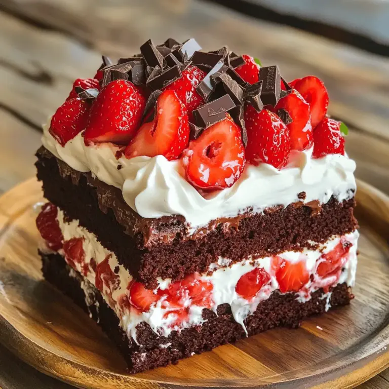 - 1 cup all-purpose flour - 1/2 cup unsweetened cocoa powder - 1/2 cup unsalted butter - 2 large eggs - 2 cups fresh strawberries - 1 teaspoon baking powder - 1/2 teaspoon baking soda - 1/4 teaspoon salt - 3/4 cup granulated sugar - 1 teaspoon vanilla extract - 1/2 cup buttermilk - 1 cup heavy whipping cream - 1 tablespoon powdered sugar - Dark chocolate shavings for garnish - Prep Time: 30 minutes - Cook Time: 25-30 minutes - Total Time: 1 hour 30 minutes - Servings: 8 When you gather these ingredients, you build the base for a tasty treat. The flour and cocoa powder create a rich, chocolatey cake. Butter adds moisture, while eggs hold everything together. Fresh strawberries bring a bright, sweet flavor. The additional ingredients enhance the cake's texture and taste. Baking powder and baking soda help the cake rise. The sugar adds sweetness, and vanilla brings a warm note. Buttermilk keeps the cake soft and tender. Heavy cream whips into fluffy goodness for topping, and powdered sugar sweetens it just right. Finally, dark chocolate shavings give a lovely finish. This recipe, detailed in the Full Recipe, makes it easy for you to dive into baking. Enjoy the process and the delicious results! - Preheat your oven to 350°F (175°C). Grease and flour a round cake pan. - In a bowl, sift together 1 cup of all-purpose flour, 1/2 cup of unsweetened cocoa powder, 1 teaspoon of baking powder, 1/2 teaspoon of baking soda, and 1/4 teaspoon of salt. Set aside. - In a large mixing bowl, cream together 1/2 cup of softened unsalted butter and 3/4 cup of granulated sugar. Beat until light and fluffy. - Add in 2 large eggs one at a time. Mix well after each addition. Stir in 1 teaspoon of vanilla extract. - Gradually combine the dry mixture with the creamed mixture. Alternate with 1/2 cup of buttermilk. Mix until just combined. - Pour the batter into the prepared cake pan. Smooth the top and bake for 25-30 minutes. Use a toothpick to check if it comes out clean. Allow the cake to cool for 10 minutes in the pan before moving it to a wire rack. - In a bowl, combine 2 cups of hulled and sliced fresh strawberries with 2 tablespoons of honey. Toss gently and set aside. This will help the strawberries release their juices. - In another mixing bowl, whip 1 cup of heavy cream and 1 tablespoon of powdered sugar. Whip until soft peaks form. - Once the cake is cool, slice it in half horizontally. Place the bottom half on a serving plate. - Spread a layer of whipped cream over it, followed by half of the macerated strawberries. - Top with the other half of the cake and repeat the process with more whipped cream and strawberries on top. - Finish by garnishing with dark chocolate shavings sprinkled over the whipped cream and strawberries. For complete details, check the Full Recipe. To make your chocolate cake moist, use room temperature butter and eggs. This helps them blend better. Adding buttermilk gives a great texture, too. Avoid overmixing the batter. Mix just until the dry and wet ingredients combine. This keeps the cake light and fluffy. If you see lumps, that’s okay! For the best whipped cream, chill your mixing bowl and beaters. This helps the cream whip faster. Start mixing on low speed and then increase it. Stop when you see soft peaks form. You don’t want to overwhip, or it turns into butter! You can add flavors to your whipped cream. Try vanilla extract for classic taste or a splash of almond extract for something different. You could even add cocoa powder for a chocolate twist! When serving, get creative with your plating. Use a dessert plate and drizzle chocolate sauce around the edges. Place an extra strawberry on the side for a pop of color. Pair your shortcake with drinks like hot chocolate or a fruity iced tea. Both bring out the sweet flavors of the cake. Enjoy this delightful treat! For the full recipe, check here. {{image_2}} To make a vegan version, swap dairy and eggs with plant-based options. Use unsweetened applesauce or flaxseed meal mixed with water in place of eggs. For milk, choose almond, soy, or oat milk. Use vegan butter or coconut oil instead of regular butter. For whipped cream, coconut cream works well. Chill a can of coconut milk overnight. Scoop out the solid part and whip until fluffy. You can also use store-bought vegan whipped cream for ease. To make this dessert gluten-free, select a gluten-free flour blend. Look for blends that contain almond flour or oat flour for best results. Be sure to check if the blend has xanthan gum. If not, add one teaspoon to your mix to help with texture. Adjust the liquid ratio slightly. Gluten-free flours often absorb more moisture. You might need to add an extra tablespoon of milk or water to the batter. You can easily boost the flavor with a few tweaks. Add mint extract or almond extract for a new twist. A teaspoon can change the whole vibe of your dessert. Consider mixing in other fruits too. Raspberries or blueberries can add a colorful touch. You might layer them with the strawberries for a fun look and taste. For the full recipe, refer to the main content. To keep your chocolate strawberry shortcake fresh, store it properly. Place leftovers in an airtight container. This helps keep moisture in and air out. If you have leftover whipped cream, store it in a separate container. This prevents the cake from becoming soggy. Always layer the cream and strawberries on the cake right before serving. You can freeze individual slices of shortcake for later enjoyment. Wrap each slice in plastic wrap. Then, place them in a freezer bag. This keeps them fresh for up to three months. When you want to eat a slice, take it out and let it thaw in the fridge overnight. For a quicker thaw, leave it at room temperature for about an hour. At room temperature, your cake stays fresh for about two days. If you refrigerate it, the cake lasts for a week. Always check for signs of spoilage. If you see mold or if the cake smells off, it is best to discard it. Keeping an eye on your cake ensures you enjoy it at its best. To make a lighter version, you can reduce sugar and fat. Use applesauce instead of some butter. You can also swap out half the sugar with a natural sweetener like honey or maple syrup. For a lighter whipped cream, use half-and-half instead of heavy cream. This makes it creamy but less rich. Yes, you can use frozen strawberries. First, thaw them in a bowl. Drain any extra liquid. Then, mix them with honey to sweeten and bring out their flavor. This helps them taste fresh even when frozen. If you don’t have buttermilk, use milk with vinegar or lemon juice. Just add one tablespoon of vinegar or lemon juice to a cup of milk. Let it sit for about five minutes. This creates a similar tangy flavor for your baking needs. To boost the chocolate flavor, add chocolate chips to the batter. You can also sprinkle cocoa powder over the whipped cream. For a richer taste, consider using dark chocolate instead of milk chocolate in the recipe. You can choose between Dutch-processed and natural cocoa powder. Dutch-processed cocoa has a smooth flavor and a darker color. It works well for rich desserts. Natural cocoa powder has a brighter flavor and is lighter in color. Both can be used, but they have different tastes. You now have all the tools to create a tasty chocolate strawberry shortcake. We've covered the essential ingredients, step-by-step instructions, and storage tips. Remember to experiment with variations, whether vegan or gluten-free, to suit your needs. With careful attention to mixing and baking, your cake can shine. Enjoy the fun of making it your own. Share it with friends and family for a delightful treat!