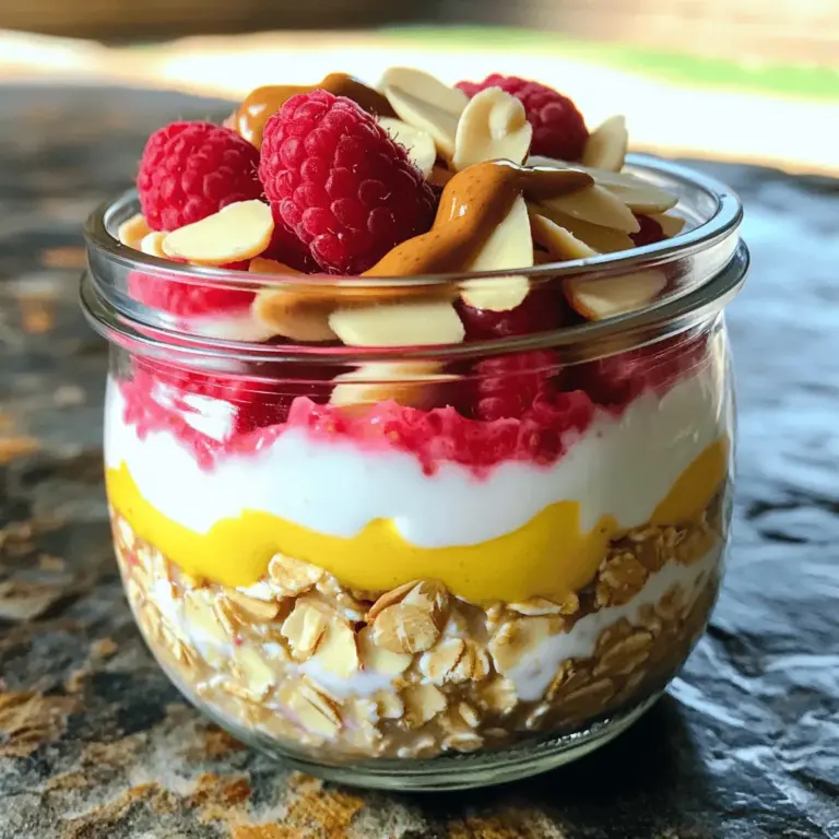 - 1 cup rolled oats - 1 cup almond milk (or any milk of choice) - 1/2 cup fresh raspberries - 1/4 cup Greek yogurt (optional) I love starting with rolled oats for their chewy texture. They soak up the liquid well and create a satisfying base for your breakfast. Almond milk adds a nice nutty flavor. You can use any milk you like, though! Fresh raspberries bring sweetness and a burst of color. If you want creaminess, add Greek yogurt. It’s optional but delicious. - 2 tablespoons almond butter - 1 tablespoon maple syrup (or honey) - 1 teaspoon vanilla extract - 1 tablespoon chia seeds To make your overnight oats even better, I suggest adding almond butter. It gives a rich, nutty taste. Maple syrup or honey adds a touch of sweetness. A splash of vanilla extract makes everything taste great! Chia seeds pack in nutrition and create a nice texture. - 2 tablespoons sliced almonds - Extra fresh raspberries - Drizzle of almond butter Toppings make your oats look and taste amazing. Sliced almonds add crunch. Extra fresh raspberries can brighten your dish. A drizzle of almond butter on top makes everything richer and more delicious. For the full recipe, check the details above! Start by grabbing a mixing bowl. In this bowl, combine 1 cup of rolled oats, 1 tablespoon of chia seeds, and a pinch of salt. Stir well to make sure the chia seeds spread evenly among the oats. This step is key for texture and nutrition. In another bowl, whisk together 1 cup of almond milk, 1/4 cup of Greek yogurt (if you want creaminess), 2 tablespoons of almond butter, 1 tablespoon of maple syrup, and 1 teaspoon of vanilla extract. Mix until everything is smooth. This mixture brings a rich flavor to the oats. Next, pour the wet ingredients over the dry ones. Stir until they are fully mixed. Gently fold in 1/2 cup of fresh raspberries, being careful not to mash them. Transfer this mixture into a jar or an airtight container. Seal it tightly, then refrigerate overnight. This soaking time allows the oats to absorb flavors and thicken. The next morning, your Raspberry Almond Overnight Oats are ready to enjoy. For the full recipe, check out the details above! To get the best texture for your Raspberry Almond Overnight Oats, start by adjusting the liquid. If you want thicker oats, use less almond milk. For creamier oats, add a splash more milk. You can also mix in Greek yogurt for extra creaminess. Just remember, the oats will soak up the liquid overnight. A good rule is to start with one cup of milk for one cup of oats. You can make your oats stand out by trying different sweeteners and nut butters. Instead of maple syrup, use honey or agave syrup for a unique taste. You can also swap almond butter for peanut or cashew butter to change the flavor. Experiment with different combinations until you find your favorite mix. To make your oats look as good as they taste, think about how you serve them. Use clear jars to show off the layers. Start with a layer of oats, then add raspberries, and top with sliced almonds. You can drizzle almond butter on top for a pretty finish. This not only looks nice but also makes it fun to eat. {{image_2}} You can switch up the milk in this recipe. If you want a different flavor, try coconut milk. It adds a nice creaminess and a hint of sweetness. Oat milk is another great choice. It has a mild flavor and is easy to find. If you prefer soy milk, go for it! Each milk gives a unique taste. While raspberries are delicious, you can use other fruits too. Blueberries work well and taste sweet. Strawberries are juicy and give a fresh crunch. Bananas add creaminess and a mild flavor. Feel free to mix and match to find your favorite. Nuts and seeds can add great texture. Try using walnuts for a rich, nutty taste. They add a nice crunch. You can also add flaxseed for a health boost. This seed is full of omega-3s and fiber. These options let you customize your oats to fit your taste. Raspberry almond overnight oats stay fresh for up to five days in the fridge. To keep them tasty, store them in a sealed jar or airtight container. This helps lock in flavor and moisture. If you notice any liquid separation, simply stir before eating. You can freeze your overnight oats for up to three months. To freeze, portion them into individual containers. Be sure to leave some space at the top. This allows for expansion as they freeze. When you’re ready to eat, move one from the freezer to the fridge. Let it thaw overnight for the best results. If you prefer warm oats, you can easily reheat them. Use the microwave for about 30-60 seconds, stirring halfway through. You can also warm them on the stove. Just add a splash of almond milk and heat gently over low heat. This keeps them creamy and delicious. For the full recipe, check out [Full Recipe]. Yes, you can prepare these oats ahead of time. Meal prepping saves time on busy mornings. I suggest making a batch on Sunday. Store them in jars or airtight containers. This way, breakfast is ready for the week. Just grab a jar, and you're good to go. You can also double or triple the recipe for more servings. Overnight oats are very healthy. They are packed with fiber, which helps digestion. The oats give you energy for the day. Raspberries add vitamins and antioxidants. Almonds provide healthy fats and protein. This recipe offers a balanced meal. You can feel good about eating it every day. To make this recipe vegan, swap the Greek yogurt for a plant-based yogurt. Almond milk is already vegan, so no need to change that. For sweetness, use maple syrup instead of honey. This keeps the creamy texture. You still get all the great flavors. Enjoy your vegan Raspberry Almond Overnight Oats with confidence! Raspberry Almond Overnight Oats are simple and tasty. We covered the key ingredients for flavor and texture. Next, I showed you how to make them step by step. You learned tips for great consistency and flavor. Plus, I suggested fun variations to try different fruits and nuts. These oats last well in the fridge and can even be frozen. Now, you can enjoy a healthy meal that fits your needs. Feel free to experiment and make it your own!