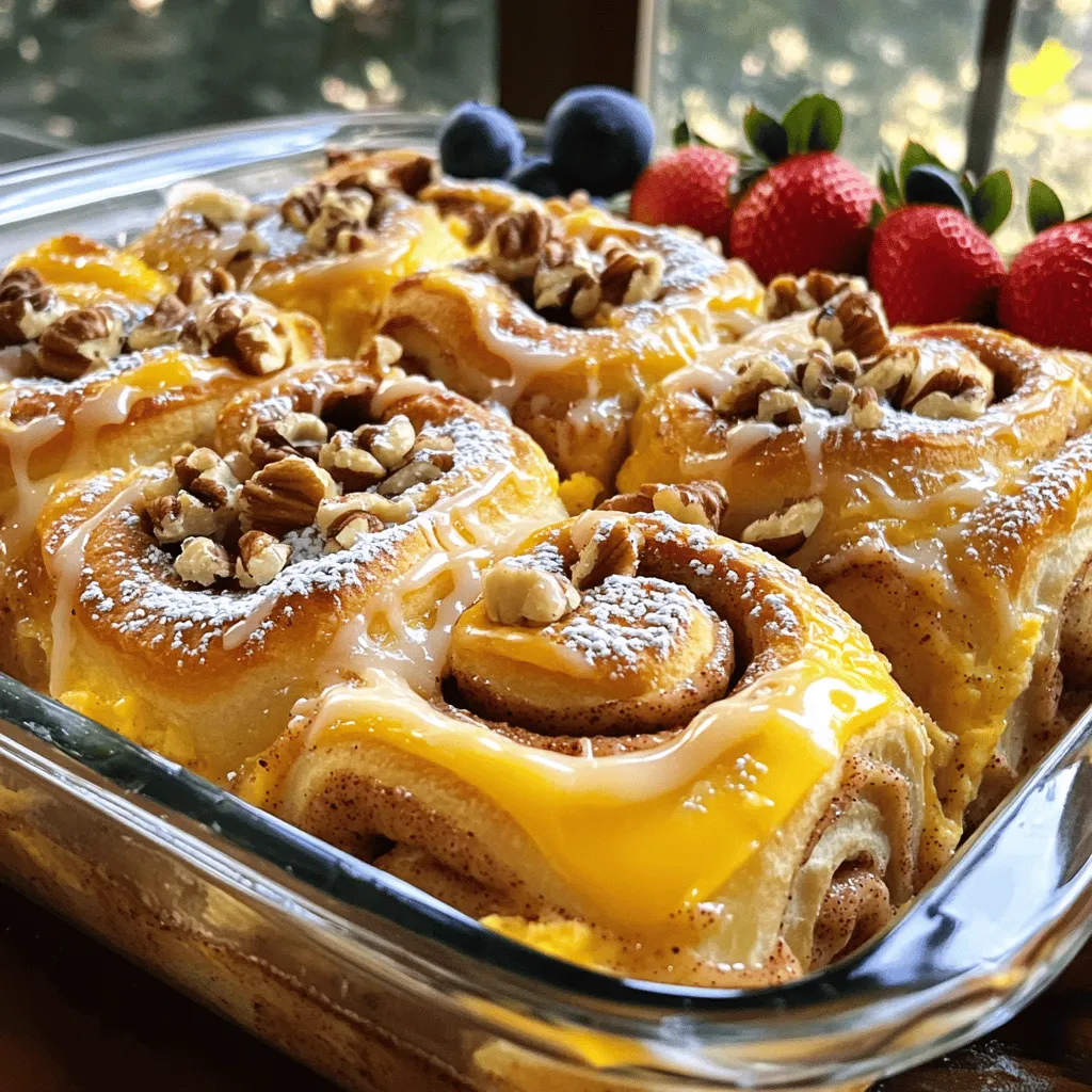 - 2 cans of refrigerated cinnamon rolls (with icing) - 6 large eggs - 1 cup milk - 1 teaspoon vanilla extract - 1/2 teaspoon cinnamon - 1/4 teaspoon nutmeg - 1/4 cup maple syrup (optional for extra sweetness) - 1/2 cup chopped nuts (walnuts or pecans) - 1/4 cup raisins or dried cranberries (optional) - Powdered sugar for dusting (optional) To make this cinnamon roll casserole, you start with the main ingredients. The cinnamon rolls bring that sweet and comforting flavor. The eggs and milk create a custard-like mix that soaks into the rolls. The vanilla extract adds a warm note that enhances the whole dish. Next, we have spices and sweeteners. Cinnamon and nutmeg give a cozy warmth that perfectly matches the rolls. If you want more sweetness, add maple syrup. It’s a great touch that makes it extra special. Finally, think about optional add-ins. Chopped nuts add crunch and flavor. Raisins or dried cranberries give a nice chew and sweetness. You can finish it off with powdered sugar for a lovely dusting. For the full recipe, you can check out the details in the article. Enjoy making this easy and delightful breakfast treat! - Preheat oven to 375°F (190°C) and grease a baking dish. - Cut each cinnamon roll into quarters and arrange in the baking dish. To start, get your oven nice and hot. This helps the casserole rise and bake evenly. Greasing the dish ensures that cleanup is easy. I always use butter or cooking spray, so nothing sticks. Next, open those cans of cinnamon rolls. This part is fun! Cut each roll into quarters. Arrange the pieces evenly in your baking dish. Make sure they fit snugly together for a great bake. - Whisk together eggs, milk, vanilla extract, cinnamon, nutmeg, and maple syrup. - Pour the egg mixture over the cinnamon roll pieces. Now, let’s make the egg mixture. Grab a bowl and whisk together 6 large eggs and 1 cup of milk. Add in 1 teaspoon of vanilla extract, 1/2 teaspoon of cinnamon, and 1/4 teaspoon of nutmeg for that warm flavor. If you like sweet, mix in 1/4 cup of maple syrup. This adds a lovely touch. Once mixed, pour this over the cinnamon roll pieces. Make sure every piece gets soaked. You want them to be soft and fluffy. - Sprinkle nuts and raisins on top. - Bake for 25-30 minutes, until golden brown and a toothpick comes out clean. Now, it’s time for baking! I like to sprinkle 1/2 cup of chopped nuts and 1/4 cup of raisins on top. This adds crunch and sweetness. Place the dish in your preheated oven. Bake for 25 to 30 minutes. You’ll know it’s ready when it's golden brown. A toothpick should come out clean when poked in the center. If you want more sweetness, drizzle the icing that comes with the rolls right after it cools. Enjoy the delightful smell as it bakes! To make the best cinnamon roll casserole, soak each piece well in the egg mix. This step is key. If you skip it, the rolls may dry out. Also, rotate the baking dish halfway through cooking. This helps the casserole cook evenly. Serve your casserole warm. Fresh fruit like strawberries or blueberries adds color and flavor. A dollop of whipped cream on top makes it special too. For more sweetness, drizzle extra icing over the top. It gives a nice touch and enhances the taste. First, don't forget to preheat the oven. This step is crucial for even baking. If you skip it, the casserole may cook unevenly. Also, avoid overcrowding the baking dish. This can lead to mushy rolls. Give each piece enough space to bake perfectly. Follow these tips for a delicious breakfast delight! {{image_2}} You can make your cinnamon roll casserole even tastier. Try using flavored cream cheese instead of the icing. It gives a richer taste that you will love. You can also add different nuts or dried fruits. This change gives you fun textures and flavors. If you need a dairy-free option, just swap in non-dairy milk. Almond milk works great here. For those who need gluten-free meals, use gluten-free cinnamon rolls. This way, everyone can enjoy this tasty dish. Want to change it up for the seasons? Add pumpkin puree for a fall-inspired twist. It gives a warm, cozy flavor that’s perfect for autumn. In summer, mix in fresh berries. Strawberries or blueberries add a refreshing bite. You can find the full recipe for more ideas! Refrigerate any leftovers in an airtight container for up to 3 days. This keeps your cinnamon roll casserole fresh. When you are ready to enjoy it again, reheat in the oven or microwave before serving. This will bring back its warm, gooey goodness. You can freeze the unbaked casserole for a quick breakfast option later. Just prepare the dish as usual, then cover it tightly and place it in the freezer. Thaw overnight in the refrigerator before baking. This way, you can have a delicious breakfast ready in no time! Cover the casserole tightly to keep it fresh while storing. Use plastic wrap or a lid to prevent air from getting in. It also helps to label and date your storage containers. This makes it easier to find and use your leftovers. Yes, homemade cinnamon rolls can be used for a fresher taste. Making them at home gives you control over the flavors. You can add extra spices or nuts to suit your taste. To make the casserole less sweet, reduce the amount of maple syrup or frosting used. You can also skip the powdered sugar on top. This way, the dish still tastes great but is not overly sweet. Yes, you can assemble it the night before and bake in the morning. Just cover it tightly with plastic wrap. This saves time and makes breakfast easier. Serve warm, garnished with fruit or dusted with powdered sugar for presentation. Fresh berries or bananas add a nice touch. You can also add a dollop of whipped cream for more flavor. Bake for 25-30 minutes or until golden brown and set. Keep an eye on it near the end to avoid overbaking. A toothpick should come out clean when it’s ready. Cover with aluminum foil during baking if it browns too quickly. This helps cook the inside without burning the top. You can remove the foil in the last few minutes for a nice finish. This blog post shared a simple recipe for a delicious cinnamon roll casserole. You learned about the key ingredients, easy steps, and helpful tips for perfecting the dish. Remember to experiment with add-ins and variations to make it your own. You can also store leftovers or freeze unbaked casseroles for later. Enjoy every bite of this warm, sweet treat with friends or family. Happy baking!