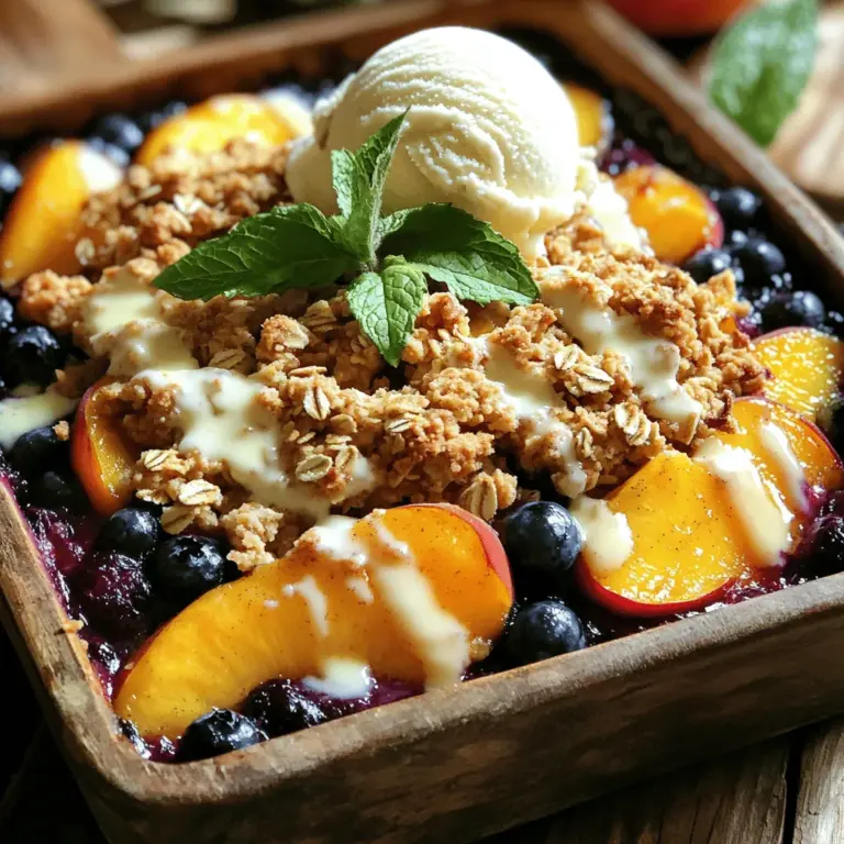 To make a perfect Peach and Blueberry Crumble, you need fresh, tasty ingredients. Here’s what you’ll need: - 4 ripe peaches, sliced - 2 cups fresh blueberries - 1 tablespoon lemon juice - 1/2 cup granulated sugar - 1 teaspoon vanilla extract - 1 cup rolled oats - 1/2 cup all-purpose flour - 1/3 cup brown sugar - 1 teaspoon cinnamon - 1/4 cup unsalted butter, melted - Pinch of salt Using ripe peaches and blueberries is key. They add great flavor and sweetness. The lemon juice brightens the fruit’s taste, while vanilla enhances the overall flavor. For the topping, rolled oats give a nice crunch and texture. The brown sugar adds a rich sweetness, and cinnamon brings warmth. Melting the butter helps bind the topping together. This combination creates a delicious, golden crust that contrasts well with the juicy fruit below. Once you gather these ingredients, you're ready for the next steps. If you want the full recipe, you can explore that for detailed instructions. 1. Preheat your oven to 350°F (175°C). This step is key for a perfect bake. 2. In a large bowl, combine the sliced peaches and blueberries. Add one tablespoon of lemon juice, half a cup of granulated sugar, and one teaspoon of vanilla extract. Toss gently until the fruit is well-coated. Transfer this mixture into a greased 9x9 inch baking dish. 3. In a separate bowl, mix one cup of rolled oats, half a cup of all-purpose flour, one-third cup of brown sugar, one teaspoon of cinnamon, and a pinch of salt. Pour in a quarter cup of melted unsalted butter. Stir until the mixture feels like wet sand. 1. Spread the oat mixture evenly over the top of the fruit in the baking dish. This topping will turn golden as it bakes. 2. Bake the crumble in the preheated oven for about 30-35 minutes. Look for a golden brown topping and bubbling fruit. 1. Once done, let it cool for 10 minutes before serving. This cooling time helps the flavors settle. 2. For serving, I suggest adding a scoop of vanilla ice cream on top. Garnish with a sprig of mint for a fresh look. Enjoy this delicious dessert! - Choosing ripe peaches and blueberries Start with ripe, juicy peaches. Look for peaches that yield slightly when you press them. They should smell sweet too. For blueberries, choose plump, dark blue ones. Avoid any that are shriveled or green. Fresh fruit gives the best flavor. - Adjusting sweetness to taste Not all peaches and blueberries are equally sweet. Taste your fruit before adding sugar. If your fruit is very sweet, you can cut the sugar down. If it’s tart, add a bit more sugar to balance the flavors. You want a nice harmony. - Best accompaniments This crumble shines with a scoop of vanilla ice cream on top. The cold ice cream melts into the warm crumble, creating a delightful mix. You can also try whipped cream for a lighter touch. Both add creaminess that pairs well with the fruit. - Presentation ideas To make it look extra special, serve the crumble in individual bowls. Top each with a sprig of fresh mint for color. You can also sprinkle a bit of cinnamon on top for an added touch. A well-presented dish makes it even more tempting. For the full recipe, check the [Full Recipe]. {{image_2}} You can change the fruit for a different twist. Apples work great in this crumble. They give a nice crunch and sweetness. Raspberries add a tart flavor, balancing the sweet peaches and blueberries. You can even mix different fruits together. Try peaches with strawberries or blueberries with blackberries. Combining fruits brings out unique tastes and makes your dessert special. The topping is where you can get creative. Adding chopped nuts gives a nice crunch. Walnuts or pecans work well. You can also add spices like nutmeg or ginger for extra flavor. If you want a gluten-free option, switch the all-purpose flour for almond flour or oat flour. This keeps the crumble tasty while catering to different diets. These variations make your peach and blueberry crumble fun and unique! For the full recipe, check out the Peach & Blueberry Crumble section. How do you store leftover crumble? First, let the crumble cool completely. Then, cover it tightly with plastic wrap or aluminum foil. You can also place it in an airtight container. Store the crumble in the fridge for up to 3 days. For the best taste, eat it fresh. How do you reheat the crumble? Preheat your oven to 350°F (175°C). Place the crumble in an oven-safe dish. Cover it with foil to keep it moist. Heat for about 15-20 minutes. You can also microwave it. Use a microwave-safe dish and heat for 1-2 minutes. Can you freeze the crumble before or after baking? Yes, you can freeze it either way. If you freeze it before baking, assemble it in a dish. Wrap it tightly and freeze for up to 3 months. When you’re ready to bake, just pop it in the oven straight from the freezer. What about freezing after baking? You can also freeze the baked crumble. Make sure it cools completely first. Wrap it well and store it in the freezer. It will keep for up to 3 months. How do you thaw and serve from the freezer? To thaw, move the crumble to the fridge overnight. You can then reheat it in the oven or microwave. If you’re short on time, you can reheat it straight from the freezer. Just add a few extra minutes to the baking time. For more details, check the Full Recipe. Can I use frozen fruit? Yes, you can use frozen fruit. Just make sure to let it thaw first. Drain any excess juice. This helps keep the crumble from getting too watery. Using frozen fruit can save time and still taste great. How can I make it vegan? To make this crumble vegan, swap the butter for coconut oil or a vegan butter. Use maple syrup instead of granulated sugar for added flavor. These changes keep the taste rich and delicious while making it plant-based. What's the best way to reheat the crumble? Reheat the crumble in the oven for best results. Set your oven to 350°F (175°C). Bake for about 10-15 minutes. This warms it through and keeps the topping crisp. You can also use a microwave, but the topping might not stay crunchy. For the full recipe, check out the detailed steps above and create your own tasty treat! This blog post covered how to make a delicious peach and blueberry crumble. We explored the key ingredients and shared step-by-step instructions for preparing, baking, and serving. I also provided helpful tips, variations, and storage advice. Remember, cooking should be fun. Play with flavors and enjoy your creations. Whether you stick to the recipe or make changes, your crumble will surely impress. Now, dive in and savor every bite of your sweet masterpiece!